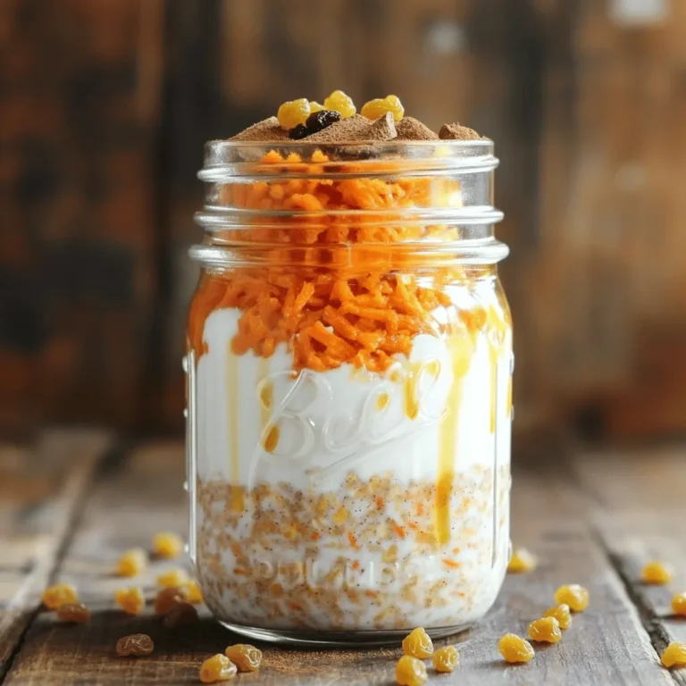 - 1 cup rolled oats - 1 cup unsweetened almond milk - 1 scoop vanilla protein powder - 1 medium carrot, grated - 1/4 cup Greek yogurt - 1 tablespoon maple syrup (or honey) - 1/2 teaspoon ground cinnamon - 1/4 teaspoon nutmeg - 1/4 cup raisins - 1/4 cup chopped walnuts (optional) - Pinch of salt I love using these ingredients because they come together to create a tasty treat. The rolled oats serve as a hearty base. Almond milk adds a nice creaminess without dairy. The vanilla protein powder boosts the protein content, making it great for breakfast or a snack. Grated carrot not only gives flavor but also adds moisture. Greek yogurt makes the mixture rich and creamy. Maple syrup or honey adds sweetness, while cinnamon and nutmeg give that warm, comforting taste. Raisins add chewy sweetness, and walnuts give a nice crunch. Don't forget the pinch of salt to enhance all the flavors. - Calories per serving: Approximately 300 calories - Protein content: About 20 grams - Other macro and micronutrients: - Carbs: 40 grams - Fat: 8 grams - Fiber: 6 grams - Calcium: Good source from yogurt and almond milk - Iron: Present in oats and walnuts Knowing the nutritional value helps you make smart choices. Each serving is packed with protein and fiber to keep you full. It’s a balanced meal that supports your energy needs throughout the day. Enjoy this easy recipe that fills you up and tastes great! - Start by mixing the dry ingredients. Combine 1 cup of rolled oats, 1 scoop of vanilla protein powder, 1/2 teaspoon of ground cinnamon, 1/4 teaspoon of nutmeg, and a pinch of salt in a mixing bowl. Stir until they blend well. - Next, incorporate the wet ingredients. Pour in 1 cup of unsweetened almond milk and 1 tablespoon of maple syrup or honey. Mix until everything is fully combined. - Finally, combine with the grated carrot and mix-ins. Add 1 medium grated carrot, 1/4 cup of Greek yogurt, and 1/4 cup of raisins. If you like, toss in 1/4 cup of chopped walnuts. Stir gently to mix all the ingredients. - Now, transfer the oat mixture to a mason jar or an airtight container. Make sure to cover it tightly. - Refrigerate the jar overnight. This allows the oats to absorb the liquid and soften. If you're short on time, let it sit for at least 4 to 6 hours. - When you're ready to serve, stir the oats well. If you want a creamier texture, add a splash more almond milk. - Top the oats with extra grated carrot, a sprinkle of cinnamon, and a drizzle of maple syrup. This adds flavor and makes your dish look amazing! - Dairy-free alternatives: Use coconut yogurt instead of Greek yogurt. This keeps it creamy and dairy-free. You can also try oat milk if almond milk isn't your favorite. - Sweetener options: You can swap maple syrup for agave nectar or even mashed banana for a natural sweet touch. - Consistency adjustments: If you like thicker oats, add a bit more protein powder or reduce the almond milk. For creamier oats, mix in extra yogurt or milk. - Importance of overnight soaking: Soaking oats overnight softens them. This makes them easier to eat and helps blend the flavors well. - Best practices for storing leftovers: Keep your oats in an airtight jar or container. This helps them stay fresh and prevents odors from the fridge. - How long they last in the fridge: Your oats can last up to five days in the fridge. Just give them a stir before eating. {{image_2}} You can change the taste of your oats by adding spices. Ginger and cloves are great choices. They give your oats a warm, cozy flavor. You can also try using different fruits. Chopped apples or crushed pineapple can add a fresh twist. Each fruit brings its own sweetness and texture. Want to pack in more protein? Try adding hemp seeds or nut butter. These ingredients blend well and enhance the flavor. You can also switch up your protein powder. Chocolate or caramel flavors can add a fun twist. Each option offers a unique taste and boosts nutrition. If you need gluten-free oats, look for certified brands. Many oats are naturally gluten-free, but check the label. For a vegan option, you can swap Greek yogurt for plant-based yogurt. Almond yogurt or coconut yogurt works well. These changes help everyone enjoy this tasty treat. Ideal breakfast companions Protein carrot cake overnight oats are great with fresh fruit. Try adding banana slices or berries. You can also enjoy them with a side of scrambled eggs for extra protein. A warm cup of herbal tea or coffee pairs well for a cozy start to your day. Snack or post-workout options These oats make a quick snack too. Grab a jar after your workout for a tasty recovery boost. The protein and carbs help repair your muscles. You can also enjoy them as a mid-afternoon treat to keep your energy up. Creative jar presentations Use clear mason jars to show off the colorful layers. This makes your oats more appealing. You can create layers by adding grated carrot, yogurt, and oats separately. This adds a fun twist to your breakfast or snack. Garnishing ideas Top your oats with extra grated carrot or a sprinkle of nuts. Add a drizzle of maple syrup for sweetness. You can also use coconut flakes or a few chocolate chips for a treat. These small touches make your oats look and taste amazing. Batch preparation You can make a big batch of these overnight oats. This saves time on busy mornings. Just double the recipe and divide it into jars for the week. Each jar stays fresh and ready to enjoy. How to customize servings Feel free to mix in your favorite fruits or nuts. You can swap the walnuts for pecans or leave them out. Adjust the sweetness with more or less maple syrup to match your taste. This recipe is flexible and can suit anyone’s preferences. Protein Carrot Cake Overnight Oats last about 3 to 5 days in the fridge. Store them in an airtight jar or container. The oats may soften over time, but they still taste great. Enjoy them within this time for the best flavor and texture. Yes, you can easily make these oats vegan. Use plant-based yogurt instead of Greek yogurt. Also, swap honey for maple syrup. Both changes keep the creamy texture and sweet taste. You get a delicious vegan treat without losing any flavor. If you don’t have Greek yogurt, try using any plant-based yogurt. Almond, coconut, or soy yogurt work well. You can also use applesauce for creaminess, though it may change the flavor slightly. Each option keeps your dish tasty and smooth. Yes, you can heat up overnight oats if you prefer a warm breakfast. Simply transfer the oats to a microwave-safe bowl. Heat for about 30 to 60 seconds, stirring halfway through. You can add a splash of almond milk to keep them creamy. To boost the protein content in your oats, consider adding more protein powder. You can also mix in nuts, seeds, or nut butter. Chia seeds and hemp seeds are great options. These additions keep the dish tasty while giving you extra protein. This blog post covered the key ingredients and simple steps to make Protein Carrot Cake Overnight Oats. We discussed nutritional benefits, tips for perfect texture, and fun variations. You can customize these oats to fit your taste and needs. Remember, they make a great breakfast or snack. With easy storage tips, you can enjoy them throughout the week. Now, you're ready to create a healthy, tasty treat that fuels your day. Enjoy your cooking journey!