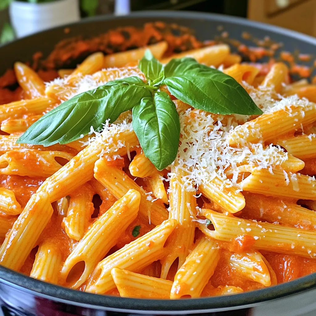Here's what you need for this creamy one-pot roasted red pepper pasta: - 12 oz pasta (penne or fusilli) - 2 cups roasted red peppers (jarred or homemade) - 1 cup vegetable broth - 1 cup heavy cream (or coconut cream for a dairy-free option) - 1 medium onion, finely chopped - 3 cloves garlic, minced - 1 teaspoon dried basil - 1 teaspoon dried oregano - Salt and pepper to taste - 2 tablespoons olive oil - 1/3 cup grated Parmesan cheese (or nutritional yeast for a vegan option) - Fresh basil leaves for garnish If you're looking for substitutions, here are some easy swaps: - Pasta: Use gluten-free pasta if needed. - Heavy Cream: Coconut cream works well for dairy-free diets. - Parmesan Cheese: Nutritional yeast gives a cheesy flavor without dairy. - Vegetable Broth: Chicken broth can work if you prefer. These ingredients come together to create a delightful and creamy dish. Enjoy experimenting with different options to fit your taste! 1. Sautéing onions and garlic: Start by heating two tablespoons of olive oil in a large pot over medium heat. Add the finely chopped onion and cook it for about 4 to 5 minutes. You want the onion to turn translucent. Next, add three minced garlic cloves to the pot. Cook for one more minute until the garlic smells nice. 2. Preparing the roasted red pepper mixture: Pour in two cups of roasted red peppers and one cup of vegetable broth. Bring this mixture to a gentle simmer. Use an immersion blender to puree it until smooth. If you don’t have one, blend it in batches in a regular blender. Then return the smooth mixture to the pot. 3. Cooking and combining pasta with the sauce: Stir in one cup of heavy cream and add one teaspoon each of dried basil and oregano. Season with salt and pepper. Heat this for about 2 to 3 minutes. Now, add 12 ounces of your pasta, making sure it gets well coated. If the pasta seems dry, add more broth or water. Cover the pot and cook according to the package instructions, usually around 8 to 10 minutes. Stir occasionally to stop sticking. When the pasta is al dente, mix in 1/3 cup of grated Parmesan cheese until it melts. Adjust the seasoning if you want. Serve hot and top with fresh basil leaves for a lovely finish. To get the best creaminess in your pasta, use heavy cream or coconut cream. Both add great texture. Stir the cream in gently, then heat it. This keeps the sauce smooth. Avoid common mistakes like overcooking the pasta. Keep it al dente for a perfect bite. Also, don’t skip blending the roasted red peppers. This step makes your sauce silky. You can customize the flavor profile easily. Add more garlic for a stronger taste. Fresh herbs like parsley or thyme can brighten the dish. If you want heat, include red pepper flakes. Mix in some cheese, like Parmesan, for extra flavor. For a vegan option, use nutritional yeast. This gives a cheesy taste without dairy. Remember, cooking is about experimenting. Adjust the spices to fit your taste. Enjoy your cooking journey! {{image_2}} You can change this dish in many fun ways. First, let's talk about pasta. You can use penne or fusilli, but feel free to try spaghetti or even gluten-free pasta. Each type adds a unique twist. Next, you can add protein. Grilled chicken or shrimp works well. If you prefer plant-based options, toss in some tofu. It absorbs the flavors nicely. Don’t forget about veggies. You can add spinach, bell peppers, or mushrooms. Each brings different nutrients and flavors. Fresh herbs like parsley or cilantro can also brighten the dish. Mixing and matching these options will make your creamy one-pot roasted red pepper pasta your own. Enjoy experimenting! To keep your creamy one-pot roasted red pepper pasta fresh, follow these steps: - Refrigerating: Place the pasta in an airtight container. It stays good for 3 to 5 days. - Freezing: If you want to store it longer, freeze it. Use freezer-safe bags or containers. It can last for up to 3 months. When you're ready to eat: - Reheating: For the best results, thaw in the fridge overnight before reheating. - Stovetop Method: Heat in a pan over low heat. Add a splash of broth or water to keep it creamy. Stir often to avoid sticking. - Microwave Method: If you prefer the microwave, heat in short bursts. Stir between each burst to ensure even warming. These steps help maintain the creamy texture and rich flavor of the dish. Enjoy your delicious leftovers! Yes, you can use fresh red peppers. Roast them in the oven until charred. Let them cool before peeling the skin off. This will add a fresh, smoky flavor. I recommend using penne or fusilli. These shapes hold the sauce well. You can also try gluten-free pasta if needed. Just adjust cooking time as it may vary. To make this dish gluten-free, use gluten-free pasta. Many brands offer great options. Ensure all other ingredients, like broth and cream, are gluten-free. Yes, you can make the sauce ahead of time. Store it in the fridge for up to three days. Just cook the pasta right before serving. This keeps it fresh and tasty. This article covered tasty recipes and tips for creamy pasta dishes. We explored key ingredients, offering substitutions for diets like vegan or dairy-free. You learned step-by-step cooking processes and how to perfect the flavors while avoiding common mistakes. We shared different variations, adding proteins and veggies to suit your taste. Finally, you now know how to store leftovers and reheat them without losing quality. Enjoy creating your delicious pasta dishes, and remember, cooking should be fun and full of flavor!