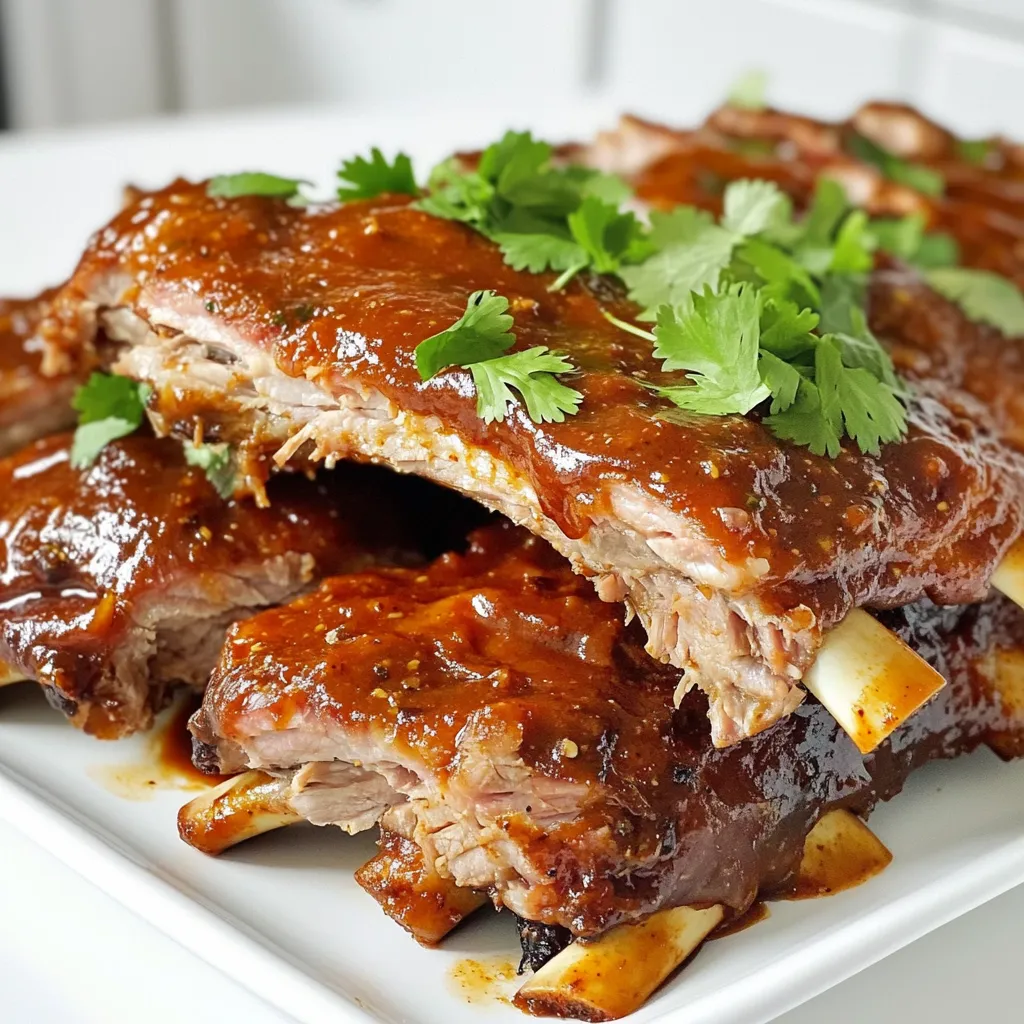 - 2 racks of baby back ribs (about 3-4 pounds) - 1 tablespoon olive oil - 1 cup low-sugar BBQ sauce (homemade or store-bought) - 1/4 cup apple cider vinegar For the BBQ ribs, baby back ribs are my first choice. They are tender and flavorful. I use olive oil to help the spices stick to the meat. The BBQ sauce gives a rich taste, and apple cider vinegar adds a nice tang. - 1 teaspoon smoked paprika - 1 teaspoon garlic powder - 1 teaspoon onion powder - 1 teaspoon chili powder - 1/2 teaspoon cayenne pepper (adjust to taste) - Salt and pepper to taste The right spices make all the difference. Smoked paprika gives depth. Garlic and onion powders add savory notes. Chili powder brings some warmth, and cayenne pepper can spice things up more. Don’t forget salt and pepper to enhance all these flavors. - Fresh cilantro - Fresh parsley For a pop of color, I like to use fresh cilantro or parsley. They add freshness and look great when you serve the ribs. Just sprinkle some on top before serving for that perfect finish. - Removing the silver skin: Start by flipping the ribs over. Look for the thin, shiny layer on the back. Use a sharp knife to lift one end of the silver skin. Grab it with a paper towel for grip and pull it off. This step helps make the ribs tender and juicy. - Seasoning the ribs: In a small bowl, mix olive oil, smoked paprika, garlic powder, onion powder, chili powder, cayenne pepper, salt, and pepper. Rub this flavorful mix all over the ribs. Make sure to coat both sides well. This seasoning adds depth to the meat. - Combining sauce ingredients: In a separate bowl, combine the low-sugar BBQ sauce, apple cider vinegar, brown sugar, and mustard. This blend gives sweet and tangy notes to the ribs. - Whisking for consistency: Take a whisk and mix the sauce until it is smooth. You want a nice, even texture. This ensures each bite of rib is full of flavor. - Placing ribs in the slow cooker: Carefully place the seasoned ribs in the slow cooker. Arrange them in a single layer if possible. This helps with even cooking. - Pouring sauce over ribs: Pour the BBQ sauce mixture over the ribs. Make sure they are fully covered. This will keep them moist and flavorful during cooking. - Setting cooking time and temperature: Cover the slow cooker with its lid. Set it to low for 6-8 hours or high for 3-4 hours. The ribs should become tender and pull apart with ease when they are done. - Transferring ribs to a baking sheet: If you want a nice finish, carefully move the ribs to a baking sheet once they are done. Be gentle, as they will be very tender. - Broiling for caramelization: Preheat your oven's broiler. Brush the ribs with extra BBQ sauce. Broil them for 3-5 minutes until the glaze is bubbly and slightly charred. Keep a close watch to avoid burning. This step adds a delicious crust. - Letting ribs rest: After broiling, let the ribs rest for a few minutes. This helps the juices settle. - Slicing and presenting: Use a sharp knife to slice between the bones. Arrange the ribs on a wooden board or large platter. Garnish with freshly chopped cilantro or parsley. This not only looks great but adds a hint of freshness. Enjoy your BBQ ribs with cornbread or coleslaw for the full experience! To make ribs tender, you need to adjust cooking times. If you have more time, cook on low for 6-8 hours. This gives the meat a chance to break down and become soft. If you’re in a hurry, use high heat for 3-4 hours. Marinating is also important. It adds flavor and helps tenderize the meat. I recommend marinating overnight if you can. The longer the ribs sit in the mix, the better they taste. Adjust seasoning to your taste. The spices in the recipe create a great base. If you love heat, add more cayenne pepper. If you prefer it mild, skip it altogether. Always taste as you go. Decide between homemade or store-bought BBQ sauce. Homemade sauces let you control the sweetness and spice. Store-bought sauces save time. Both can work well, so pick what fits your schedule. When broiling, watch the ribs closely. They can go from perfect to burnt in seconds. Start by setting your broiler to high. Place the ribs on a baking sheet, brush with extra sauce, and keep an eye on them. Broil for just 3-5 minutes. Look for a bubbly, slightly charred glaze. If you see smoke, pull them out right away. This step adds a nice finish without drying out the meat. {{image_2}} When it comes to ribs, two popular choices are spare ribs and baby back ribs. Spare ribs come from the belly of the pig. They are larger and have more fat, which makes them juicy. Baby back ribs are smaller and leaner, coming from the back. They are tender and cook faster. You can also use other cuts, like St. Louis-style ribs. Each type gives a different taste and texture, so choose based on your preference. The sauce is key to great BBQ ribs. You can go with sweet or spicy BBQ sauce. Sweet sauces often use brown sugar or honey, giving a nice caramel flavor. Spicy sauces can pack a punch with chili powder or cayenne. If you want to make your own sauce, mix ketchup, vinegar, and spices for a simple blend. You can adjust the flavors to fit your taste. If you want to switch things up, try using an Instant Pot or oven for your ribs. The Instant Pot cooks ribs quickly, usually in about 30 minutes. This method keeps the meat tender and juicy. Baking ribs in the oven is another great option. You can cook them at a low temperature for a few hours. This method allows the flavors to deepen as they cook. Each method gives a unique taste, so feel free to experiment! To store leftover ribs, let them cool first. Wrap the ribs tightly in plastic wrap or foil. Place them in an airtight container. You can also use a resealable bag. This helps keep them fresh. You can freeze cooked ribs for later use. Wrap them well in plastic wrap and then in foil. This prevents freezer burn. For best taste, eat them within three months. To thaw, place the ribs in the refrigerator overnight. Reheat them in the oven at 350°F for about 20 minutes. Refrigerated ribs last about three to four days. If they smell bad or look off, do not eat them. Signs of spoilage include a slimy texture or discoloration. Always check before serving. For low cooking, set your slow cooker for 6 to 8 hours. For high cooking, aim for 3 to 4 hours. Cooking time can change based on the size of your ribs and your slow cooker model. If the ribs are larger, they may need more time. Always check if the meat pulls apart easily to know if they’re done. Yes, you can use frozen ribs! However, it’s best to thaw them first for even cooking. If cooking from frozen, increase the cooking time by one to two hours. Always ensure the internal temperature reaches at least 145°F for safety. Great sides for BBQ ribs include coleslaw, cornbread, or baked beans. These dishes balance the rich flavors of the ribs. For drinks, consider sweet tea, lemonade, or a light beer. They all pair well with the smoky taste of BBQ. While not required, glazing can enhance flavor and texture. Broiling the ribs gives them a nice caramelized finish. If you skip broiling, you can still enjoy tasty ribs straight from the slow cooker. Just make sure to coat them well in BBQ sauce before serving. You’ve learned how to make BBQ ribs that impress. Start with baby back ribs and fresh spices. Slow cooking makes them tender, while optional broiling adds a nice glaze. Feel free to vary sauces or cooking methods for your taste. Proper storage keeps leftovers fresh. Enjoy your BBQ journey, and share your success with others! These ribs will surely become a favorite at any gathering.