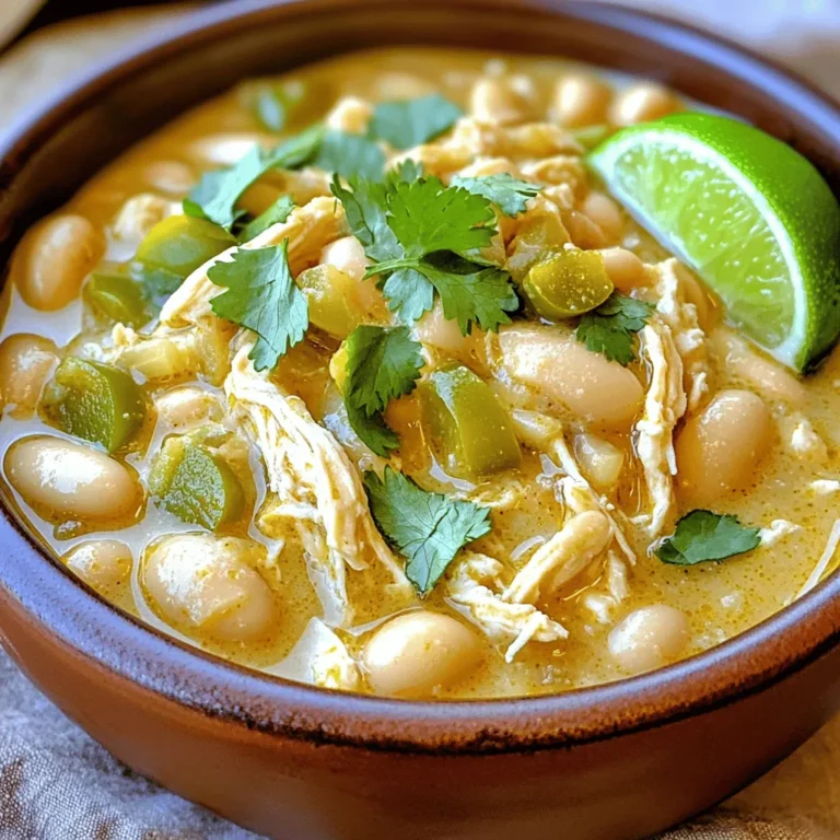 For creamy white chicken chili, gather these items: - 1 pound boneless, skinless chicken breasts - 1 can (15 oz) white beans, drained and rinsed - 1 can (4 oz) diced green chilies - 1 cup onion, chopped - 1 cup corn, frozen or fresh - 3 cloves garlic, minced - 2 cups chicken broth - 1 teaspoon cumin - 1 teaspoon oregano - 1 teaspoon chili powder - 1 cup heavy cream - Salt and pepper to taste - Fresh cilantro, for garnish - Lime wedges, for serving Choosing fresh or frozen ingredients can change the dish. Fresh corn and onions boost flavor. However, frozen corn works well and saves time. Canned beans are easy and quick. They add creaminess and nutrition. Fresh cilantro gives a pop of color and taste. You can use dried herbs, but fresh herbs add a unique charm. Garnishes make your dish more fun. Try adding fresh cilantro on top. Lime wedges add a zesty kick. Crushed tortilla chips add crunch. Avocado slices are creamy and rich. You can even add shredded cheese for extra flavor. These choices let you customize your chili and impress your guests. Start by washing your hands. Gather all your ingredients. Take 1 pound of boneless, skinless chicken breasts and place them at the bottom of your slow cooker. Chop 1 cup of onion and mince 3 cloves of garlic. You want these flavors to shine through, so make sure they're fresh. If you are using frozen corn, measure out 1 cup. If you have fresh corn, cut it off the cob. Now, it's time to layer the ingredients. On top of the chicken, add the white beans from a 15 oz can, drained and rinsed. Then, pour in the 4 oz can of diced green chilies. Add the chopped onion and corn next. Finally, sprinkle in the minced garlic. This makes a colorful and tasty base for your chili. Pour in 2 cups of chicken broth to cover the ingredients. Add 1 teaspoon each of cumin, oregano, and chili powder. Don’t forget to add salt and pepper to taste. Stir everything gently so the spices mix well. Cover the slow cooker. Cook on low for 6-7 hours or on high for 3-4 hours. When the chicken is fully cooked and tender, shred it directly in the slow cooker using two forks. Stir in 1 cup of heavy cream until it's well blended and heated. Taste and adjust the seasonings if needed. To shred chicken easily, wait until it’s cool. Use two forks; one holds the chicken while the other pulls apart the meat. Shredding right in the slow cooker saves time and mess. Keep the chicken moist by mixing it with the broth. This way, the flavors blend well. Want it spicier? Add more chili powder or diced green chilies. If you prefer milder chili, skip the extra spices. You can also use less chili powder at the start. Tasting throughout cooking helps you find the right heat. Remember, you can always add more spice, but you can't take it away. For extra flavor, add a squeeze of lime juice just before serving. Fresh cilantro adds a nice touch and aroma. To make the chili creamier, mix in more heavy cream or a dollop of sour cream. You can also toss in some shredded cheese before serving for rich, melty goodness. {{image_2}} You can swap chicken for turkey. Use the same amount for best results. Turkey gives a leaner taste. If you want a plant-based option, try tofu. Press and cube the tofu before adding it. This way, you keep the texture nice. Both options work well in this chili. To make the chili dairy-free, replace heavy cream. Use coconut milk or cashew cream instead. Both add a creamy texture without dairy. You can also use almond milk, but it may be less rich. Adjust the amount based on your taste. This change keeps the chili tasty and smooth. Feel free to add more veggies for extra flavor. Bell peppers, zucchini, or spinach can enhance the dish. Chop them into small pieces. Add them to the slow cooker with the other ingredients. This not only boosts nutrition but also makes the chili colorful. You can mix and match based on what you have at home. To store your creamy white chicken chili, let it cool first. Then, place it in an airtight container. You can keep it in the fridge for up to four days. Make sure to label the container with the date, so you know when it was made. This helps you enjoy your leftovers fresh. If you want to save your chili for later, freezing is a great option. Pour the cooled chili into freezer-safe bags or containers. Remove as much air as possible before sealing. You can freeze it for up to three months. Just remember to write the date on the bag or container. This way, you will know when to eat it. When you are ready to enjoy your chili again, thaw it overnight in the fridge. You can also use the microwave for quick thawing. To reheat, pour the chili into a pot over low heat. Stir often to avoid burning. If it's too thick, add a little chicken broth or water to reach your desired creaminess. Once hot, serve it with fresh cilantro and lime for extra flavor. Yes, you can make creamy white chicken chili on the stovetop. Start by cooking the chicken in a pot for about 5-7 minutes on medium heat. Add the onion and garlic, cooking until soft. Then, mix in the rest of the ingredients, except for the cream. Let it simmer on low for about 30 minutes until the chicken is cooked. Shred the chicken, stir in the cream, and heat through. This method is quick and will still give you a tasty chili! Creamy white chicken chili pairs well with several sides. Here are some options: - Tortilla chips for crunch - Fresh avocado slices for creaminess - Cornbread for a sweet touch - Rice for a hearty meal - A crisp salad for freshness These sides will enhance your meal and make it more filling! To add spice to your chili, try these ideas: - Use hotter green chilies instead of mild ones. - Add a dash of cayenne pepper or red pepper flakes. - Mix in sliced jalapeños or serrano peppers. Start with small amounts, then taste and adjust. This way, you can reach your desired heat level without overwhelming the dish. Yes, this recipe is gluten-free! All the ingredients, like chicken, beans, and spices, do not contain gluten. Just make sure your chicken broth is labeled gluten-free, as some brands may add gluten. Enjoy this dish worry-free! In this article, we covered the key ingredients for your dish, including fresh and frozen options. You learned how to prepare the chicken and vegetables, and we shared tips to enhance flavor and adjust spice levels. Variations help you customize this recipe to fit your needs, while storage tips ensure your meal lasts. Remember, cooking is fun and creative. Enjoy making this dish your own and serving it to others!