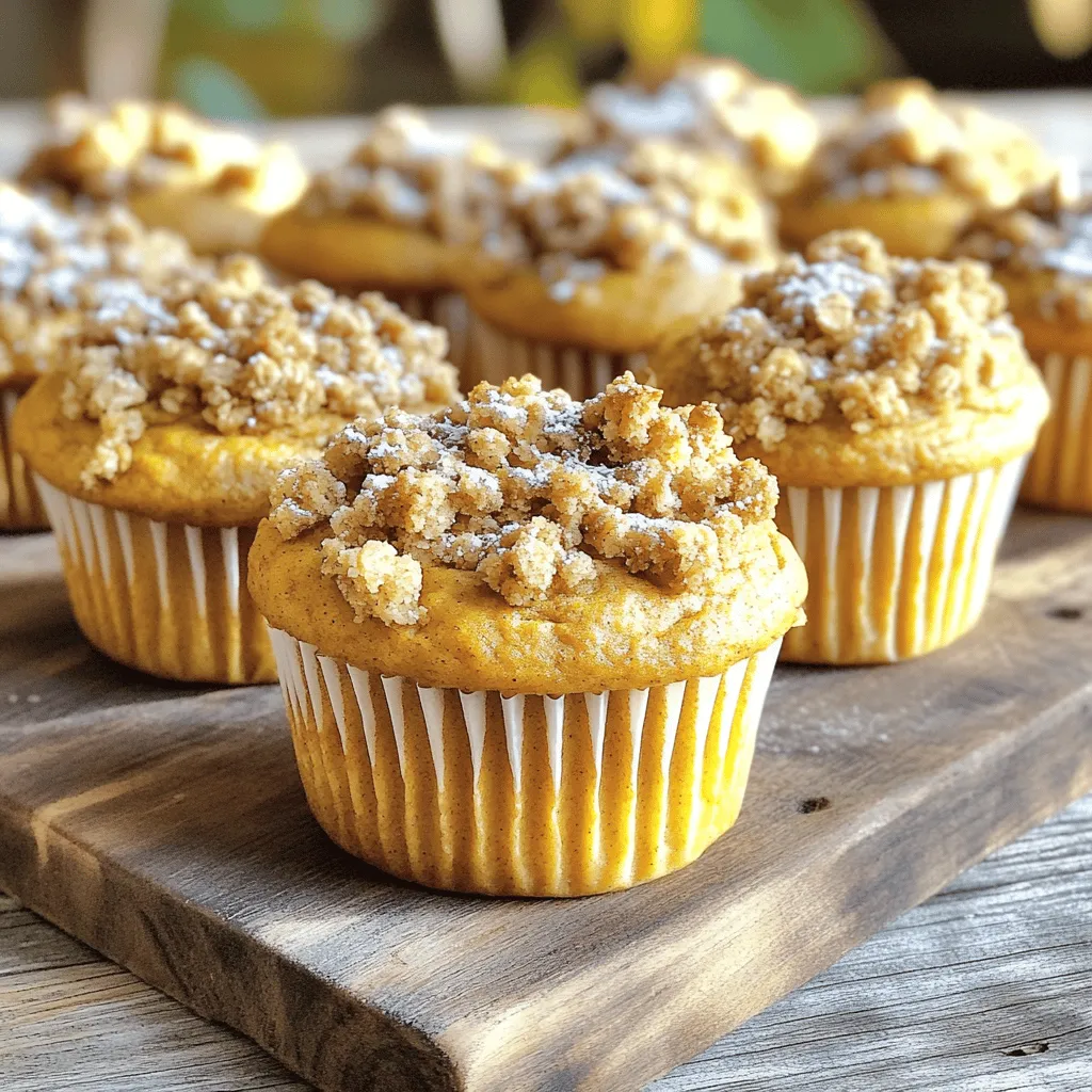- 1 cup all-purpose flour - 1 cup whole wheat flour - ¾ cup sugar - ½ cup brown sugar - 1 cup canned pumpkin puree - ½ cup vegetable oil - ½ cup milk - 2 large eggs - 1 teaspoon vanilla extract - 2 teaspoons baking powder - 1 teaspoon baking soda - 1 teaspoon cinnamon - ½ teaspoon nutmeg - ½ teaspoon ginger - ½ teaspoon salt - ½ cup rolled oats - ¼ cup all-purpose flour - ¼ cup brown sugar - ½ teaspoon cinnamon - ¼ cup cold butter Gather these fresh ingredients to make your Bakery Style Pumpkin Streusel Muffins. The mix of all-purpose flour and whole wheat flour gives a hearty base. The sugars add sweetness and moisture. Canned pumpkin puree brings in that warm, rich flavor we love in fall. Don't forget the wet ingredients. Vegetable oil keeps the muffins moist, while milk adds creaminess. Eggs provide structure and bind everything together. The vanilla extract adds a lovely aroma. Next, the baking essentials help your muffins rise. Baking powder and baking soda create that fluffy texture. Spices like cinnamon, nutmeg, and ginger add warmth and depth. Salt balances all the flavors. Lastly, for the topping, rolled oats add crunch. The streusel topping is simple but makes a big difference. Mixing it with cold butter creates those delightful crumbs that bake perfectly. With these ingredients, you're ready to create a delicious treat that fills your kitchen with a cozy smell! First, preheat your oven to 350°F (175°C). This helps the muffins rise well. Next, line your muffin tin with paper liners or grease it with non-stick spray. In a large bowl, mix the dry ingredients. Combine 1 cup of all-purpose flour, 1 cup of whole wheat flour, ¾ cup of sugar, ½ cup of brown sugar, 2 teaspoons of baking powder, 1 teaspoon of baking soda, 1 teaspoon of cinnamon, ½ teaspoon of nutmeg, ½ teaspoon of ginger, and ½ teaspoon of salt. Stir well to blend all the dry ingredients together. In another bowl, whisk together 1 cup of canned pumpkin puree, ½ cup of vegetable oil, ½ cup of milk, 2 large eggs, and 1 teaspoon of vanilla extract. Mix until smooth and creamy. Now, pour the wet ingredients into the dry ingredients. Gently fold the mixtures together until just combined. It’s okay if there are a few lumps; avoid over-mixing to keep the muffins light. For the streusel topping, grab a small bowl. Combine ½ cup of rolled oats, ¼ cup of all-purpose flour, ¼ cup of brown sugar, and ½ teaspoon of cinnamon. Mix them well. Now, add ¼ cup of cold butter, cubed. Use your fingers or a pastry cutter to mix until it resembles coarse crumbs. This topping adds a nice crunch to your muffins. Divide the muffin batter evenly among the muffin cups. Fill each cup about ⅔ full to allow for rising. Then, sprinkle the streusel topping generously over each muffin. Bake your muffins for 18 to 20 minutes. Check for doneness by inserting a toothpick in the center. If it comes out clean, your muffins are ready! Once baked, let the muffins cool in the tin for about 5 minutes. This helps them set up nicely. After that, transfer them to a wire rack to cool completely. These muffins are best served warm. You can dust them lightly with powdered sugar for a sweet touch. Enjoy your delicious bakery-style pumpkin streusel muffins! To make your muffins light and fluffy, do not over-mix. Mixing too much makes the muffins dense. When you fold the wet and dry ingredients, stop once you see a few lumps. That’s okay! Also, use room temperature ingredients. It helps to create a smooth batter and ensures even baking. Bake your muffins at 350°F (175°C). This temperature keeps them soft and moist. Check for doneness by inserting a toothpick into the center. If it comes out clean, your muffins are ready. If not, give them a few more minutes. Serve your muffins warm for the best taste. For a bakery-style look, dust them lightly with powdered sugar. You can also arrange them on a rustic wooden board. This adds charm and makes your muffins look irresistible. {{image_2}} You can easily change some ingredients in your pumpkin muffins. If you need gluten-free muffins, use gluten-free flour. This swap keeps the texture light and fluffy. You can also try almond flour or oat flour for a unique taste. For sugars, consider using coconut sugar or maple syrup. These options bring a different flavor and reduce refined sugar. Just remember to adjust the liquid if you choose syrup. Adding new flavors makes these muffins even better! Try mixing in chocolate chips or nuts. Walnuts and pecans add a nice crunch. For a sweeter touch, toss in some dried fruit like cranberries or raisins. You can also enhance the spices. Add a pinch of cloves or allspice for warmth. A splash of almond or orange extract will brighten the flavor too. These tweaks give your muffins a personal touch. You might want to adjust your muffins for special occasions. For Halloween, add a little orange zest for a fun twist. For Thanksgiving, consider mixing in cranberries or pecans for a festive flair. In winter, you can add spices like cardamom or even pumpkin spice mix. In summer, try using fresh blueberries or raspberries. This keeps the recipe fresh and fun all year long! To keep your muffins fresh, store them in an airtight container. This prevents them from getting stale. Place a piece of parchment paper in the bottom to absorb excess moisture. You can leave your muffins at room temperature for up to three days. If you want to keep them longer, put them in the fridge. They will last about a week in the refrigerator. Freezing muffins is a great way to enjoy them later. First, let the muffins cool completely. Then, wrap each muffin in plastic wrap tightly. After that, place them in a freezer bag or container. To thaw, simply take a muffin out and leave it at room temperature. For a warm treat, microwave it for about 20 seconds. Enjoy warm, fresh-tasting muffins anytime! To make your muffins rise, use the right amount of baking powder and baking soda. Baking powder helps with lift and makes muffins fluffy. Here are some tips: - Use fresh ingredients: Check the expiration date on your baking powder and baking soda. - Follow the recipe: Measure carefully. Too much or too little can affect rise. - Don’t over-mix: Stir until just combined. Over-mixing makes muffins dense. - Add ingredients at room temperature: This helps create a good rise. Yes, you can use fresh pumpkin puree instead of canned. Here is how to make it: 1. Choose the right pumpkin: Use a sugar pumpkin, as it has a sweet taste. 2. Cook the pumpkin: Slice, seed, and roast it at 350°F (175°C) for about 45 minutes. 3. Make puree: After cooling, scoop out the flesh and blend it until smooth. 4. Measure carefully: Use the same amount as the canned pumpkin in the recipe. Dry muffins often stem from a few common issues. Here are some reasons and fixes: - Over-baking: Check your muffins a few minutes early. A toothpick should come out clean but not dry. - Too much flour: Measure flour with care. Spoon it into the cup and level off. - Not enough moisture: Ensure you use all wet ingredients listed in the recipe. - Stale ingredients: Fresh ingredients lead to better moisture. Yes, you can make mini muffins! Here are the adjustments: - Reduce baking time: Bake mini muffins for about 10-12 minutes. - Adjust portion size: Fill mini muffin cups about halfway. - Keep an eye on them: Check for doneness early, as mini muffins bake faster. These pumpkin muffins are simple to make and delicious. You learned about key ingredients, step-by-step instructions, and helpful tips. Variations allow you to be creative, while storage info keeps your muffins fresh. In the end, these muffins offer comfort and joy, perfect for any setting. Enjoy baking and sharing them with friends and family!