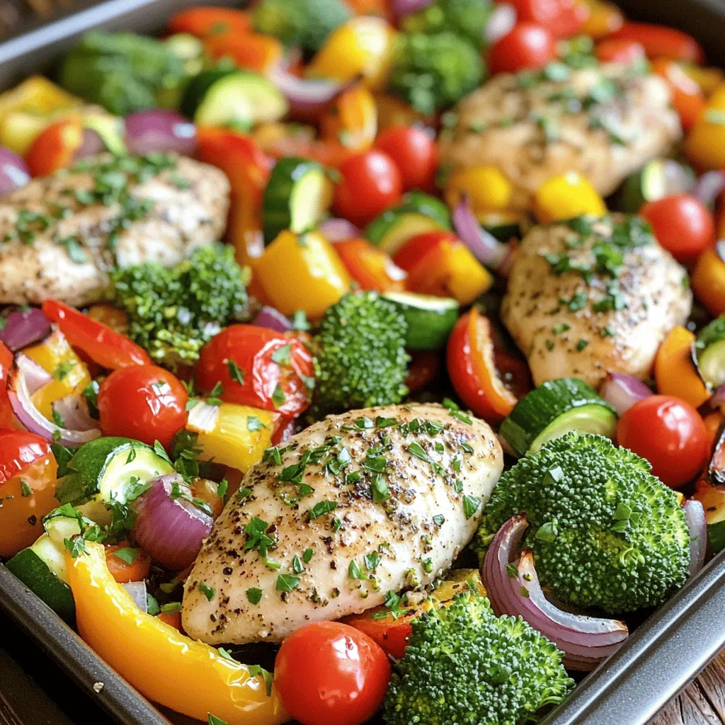 - 4 chicken breasts - 2 tablespoons garlic, minced - 1 tablespoon fresh rosemary, chopped - 1 tablespoon fresh thyme, chopped - 1 teaspoon paprika - 3 tablespoons olive oil - Salt and pepper to taste - 1 red bell pepper, sliced - 1 yellow bell pepper, sliced - 1 zucchini, sliced - 1 cup cherry tomatoes, halved - 1 red onion, cut into wedges - 1 cup broccoli florets The marinade for the chicken is key. It adds rich flavor and keeps the chicken juicy. You use garlic, rosemary, thyme, paprika, olive oil, salt, and pepper. This mix brings out the best in your chicken. The herbs give a fresh taste, while the garlic adds depth. Paprika adds a nice color and a hint of warmth. The veggies shine with simple seasoning. A drizzle of olive oil and a sprinkle of salt and pepper are all you need. This keeps the focus on their natural flavors. The rainbow of colors makes your dish look appealing, too. Bright red and yellow peppers, green zucchini, and vibrant broccoli create a feast for the eyes. Gather these fresh ingredients before you start. This way, you are ready to make a meal that is both healthy and tasty. To start, gather your ingredients. In a large bowl, mix together minced garlic, chopped rosemary, and chopped thyme. Add paprika, olive oil, salt, and pepper. Stir well to combine. This blend creates a tasty marinade that will add flavor to the chicken. Next, take your chicken breasts and place them in the bowl with the marinade. Make sure each piece is coated well. Let the chicken sit for 10 to 15 minutes. This step is key. It allows the chicken to soak in all the tasty flavors. While the chicken marinates, it’s time to prepare the rainbow veggies. Slice the red and yellow bell peppers, zucchini, and red onion. Halve the cherry tomatoes and gather the broccoli florets. Spread all the veggies on a large sheet pan. Drizzle with olive oil and sprinkle with salt and pepper. Toss the veggies to ensure they are well coated. After arranging the veggies, place the marinated chicken breasts in the center of the sheet pan. Bake everything in a preheated oven at 400°F (200°C) for 25 to 30 minutes. The chicken should be cooked through, and the veggies should be tender and slightly caramelized. Once done, let it rest for five minutes. Garnish with fresh parsley before serving for a pop of color. For the best flavor, start with fresh herbs. I love using rosemary and thyme. Mince garlic finely to spread its flavor. Combine garlic, herbs, paprika, olive oil, salt, and pepper in a bowl. Toss the chicken breasts in this mix. Let them rest for 10-15 minutes. This time helps the chicken soak up the flavors. If you have more time, marinate for an hour or overnight. This makes the chicken even tastier. Choose vibrant, fresh veggies for a colorful dish. Slice bell peppers, zucchini, and onion evenly. This helps them cook at the same time. Toss the veggies in olive oil, salt, and pepper. Spread them out on the sheet pan. Avoid crowding the pan; this allows them to roast well. A single layer helps achieve nice, caramelized edges. Bake until they are tender and slightly browned. This adds great flavor and texture. To serve, you can keep it simple. Serve directly from the sheet pan for a rustic look. This makes it easy and fun for everyone. If you want a more elegant touch, slice the chicken. Arrange the chicken and veggies on a platter. Drizzle the pan juices over the top. This adds extra flavor and makes the dish shine. Finish with fresh parsley for a pop of color. Enjoy the beauty and taste of your meal! {{image_2}} You can easily swap chicken for other proteins. Tofu works great for a plant-based meal. Use firm tofu, cut into cubes, and marinate like the chicken. If you prefer pork, use pork tenderloin. Adjust the cooking time based on the thickness of the meat. Pork cooks faster than chicken, so check for doneness early. Feel free to mix and match veggies. Carrots, asparagus, and cauliflower can add color and taste. Try using snap peas or green beans for a crunch. The key is to keep the cooking time in mind, as some veggies cook faster than others. Always cut them to a similar size for even cooking. Changing herbs can create new flavor profiles. Basil or cilantro can give a fresh twist. If you like heat, add chili flakes or cayenne pepper. For a smoky flavor, try smoked paprika. Experimenting with spices makes the dish unique every time. Don't be afraid to be bold with your choices! Store your leftovers in an airtight container. This keeps the chicken and veggies fresh. Make sure to let them cool first. You can keep them in the fridge for up to three days. To reheat, use a microwave or oven. If using a microwave, heat on medium power for about 2-3 minutes. Stir halfway for even heating. If using an oven, preheat to 350°F (175°C). Bake for about 10-15 minutes until warmed through. You can freeze leftovers for later meals. Place them in freezer-safe bags or containers. Be sure to label them with the date. They can stay good for up to three months in the freezer. To thaw, place them in the fridge overnight before reheating. Enjoy your meal prep! Bake the chicken and veggies for 25 to 30 minutes. This time ensures the chicken cooks through, and the veggies become tender. You want the chicken to reach an internal temperature of 165°F. If you cut into the chicken, the juices should run clear. Yes, you can use frozen vegetables. However, they may release extra moisture during cooking. This can make the dish a bit watery. To fix this, add a few extra minutes to the baking time. Stir the veggies halfway through to help them cook evenly. You can serve this dish with rice, quinoa, or a simple salad. The chicken pairs well with a side of crusty bread too. If you want more color, add a fresh herb garnish or a drizzle of balsamic glaze on top. Absolutely! This recipe is great for meal prep. You can make it ahead of time and store it in the fridge. Just divide the chicken and veggies into meal containers. They last up to four days in the fridge, making them perfect for quick meals. Yes, grilling is a tasty option! Marinate the chicken as usual, then cook it on the grill. Grill the chicken for about 6 to 7 minutes per side over medium heat. You can still roast the veggies in the oven or toss them on the grill for more flavor. This post covered a tasty Garlic Herb Chicken with colorful veggies. You learned about the ingredients, how to marinate chicken, and bake your meal to perfection. I shared tips for marinating, roasting veggies, and serving well. You can also explore protein swaps, varied veggies, and flavor twists. Don’t forget how to store leftovers safely for later meals. Try this recipe, and you’ll impress your family and friends. It’s easy, fun, and delicious! Enjoy cooking and experimenting with your own variations!