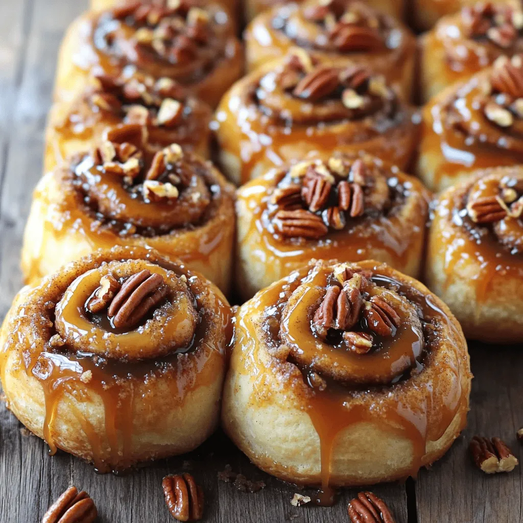 - 3 1/2 cups all-purpose flour - 1/4 cup granulated sugar - 2 1/4 teaspoons instant yeast - 1 teaspoon salt - 1/2 cup whole milk, warmed - 1/4 cup unsalted butter, melted - 2 large eggs The dough is the base of our sticky buns. Start with all-purpose flour. It gives the best texture. Granulated sugar adds sweetness and helps with browning. Instant yeast makes the dough rise quickly. The salt enhances flavor. Warmed whole milk helps activate the yeast. Melted unsalted butter adds richness. Finally, eggs provide structure and flavor. - 1/2 cup packed brown sugar - 1 tablespoon ground cinnamon - 1/4 cup unsalted butter, softened - 1 cup pecans, chopped The filling is where the magic happens. Packed brown sugar gives that deep flavor. Cinnamon adds warmth and spice. Softened butter helps spread the filling easily. Chopped pecans add crunch and nutty goodness. - 1/2 cup unsalted butter - 1 cup brown sugar - 1/4 cup heavy cream - 1/2 teaspoon vanilla extract - 1/4 teaspoon salt Brown butter caramel is the star of this recipe. Start with unsalted butter. We’ll brown it for depth. Brown sugar creates a rich sweetness. Heavy cream adds creaminess and smoothness. Vanilla extract enhances the flavor, while salt balances the sweetness. This caramel is what makes these sticky buns truly special. - In a large bowl, combine 3 1/2 cups of flour, 1/4 cup of sugar, 2 1/4 teaspoons of yeast, and 1 teaspoon of salt. This mix forms the base of your dough. - In another bowl, mix 1/2 cup of warmed milk, 1/4 cup of melted butter, and 2 large eggs. This adds moisture and richness. - Pour the wet mix into the dry mix. Stir until a sticky dough forms. - Transfer the sticky dough onto a floured surface. Knead it for about 5-7 minutes. You want it smooth and elastic. - Place the kneaded dough in a greased bowl. Cover it with a towel. Let it rise in a warm spot for about 1 hour or until it doubles in size. - In a small bowl, mix 1/2 cup of brown sugar and 1 tablespoon of ground cinnamon together. This blend adds flavor to your rolls. - Set this filling aside for later use. - After the dough has risen, punch it down. Roll it out into a rectangle, about 15x10 inches, on a floured surface. - Spread 1/4 cup of softened butter over the dough. Then, sprinkle the cinnamon sugar mix evenly on top. Add 1 cup of chopped pecans across the surface. - Starting from the long edge, tightly roll the dough into a log. - Cut the log into 12 equal pieces. Place these in a greased 9x13-inch baking dish. - In a saucepan, melt 1/2 cup of unsalted butter over medium heat. Stir constantly until it starts to brown, about 3-5 minutes. - Remove from heat and mix in 1 cup of brown sugar, 1/4 cup of heavy cream, 1/2 teaspoon of vanilla extract, and 1/4 teaspoon of salt. Stir until smooth. - Pour this caramel mixture over the rolls in the baking dish. - Cover the dish with a towel. Let the rolls rise again for about 30 minutes, until they are puffy. - Preheat the oven to 350°F (175°C). Bake the rolls for 25-30 minutes or until they are golden brown and bubbly. - Allow the buns to cool in the pan for 10 minutes. - Invert the rolls onto a serving platter. Serve them warm, drizzled with any extra caramel from the pan. Measuring ingredients is key. Use a kitchen scale for accuracy. Too much flour makes the dough dry. Too little can lead to a sticky mess. Always level your flour when measuring. The ideal room temperature for rising is around 75°F. This warmth helps yeast grow. If your kitchen is cold, find a warm spot. An oven with the light on works well. Perfect browning of brown butter is crucial. Watch for a nutty smell and a golden color. Stir constantly to avoid burning. If you see dark flecks, that might be burnt butter. Adjusting sweetness is easy. If you want a less sweet caramel, reduce the brown sugar slightly. You can also add a pinch more salt to balance flavors. Over-kneading the dough can make it tough. Knead just until smooth and elastic. This takes about 5-7 minutes. Incorrect oven temperature is another pitfall. An oven that is too hot will burn the tops. Always preheat and use an oven thermometer for accuracy. {{image_2}} If you want to skip nuts, that's fine! You can fill your buns with chocolate chips instead. They add a sweet touch and melt beautifully. Another option is to use dried fruits, like raisins or cranberries. They provide a nice chew and a burst of flavor. Want to make these sticky buns even better? Try adding chocolate chips to the filling. They melt and mix well with the caramel. You can also sprinkle in extra spices, like nutmeg or cardamom. These spices give a warm, cozy flavor that pairs perfectly with caramel. If you need a gluten-free version, use a blend of gluten-free flour. Look for one made for baking. A mix of almond flour and coconut flour can work well too. Just remember to add a binding agent, like xanthan gum, to help the dough hold together. To keep your sticky buns fresh, use airtight containers. Glass or plastic containers work well. Make sure the buns are completely cool before sealing them. This helps avoid sogginess. Refrigeration Tips: - Store leftover buns in the fridge. - They can last up to 5 days. - Wrap them in plastic wrap for extra protection. Freezing Tips: - You can freeze these buns too! - Place them in a freezer-safe bag. - They can last up to 3 months. - Thaw in the fridge before reheating. To enjoy your sticky buns warm again, use these methods: Oven Method: - Preheat your oven to 350°F (175°C). - Place the buns on a baking sheet. - Cover with foil to keep them moist. - Heat for about 10-15 minutes. Microwave Method: - Place a bun on a microwave-safe plate. - Cover it with a damp paper towel. - Heat for about 20-30 seconds. - Check if it’s warm enough; add more time if needed. These methods keep your sticky buns tasty and fresh, just like the first day! Your dough is ready when it has doubled in size. You can poke it gently with your finger. If it springs back slowly, it’s good to go. If it springs back quickly, it needs more time. Look for a smooth and puffy texture. This shows the yeast has worked well. Yes, you can make these sticky buns ahead of time! Prepare the dough and fill it. Then, cover it and place it in the fridge overnight. In the morning, let it come to room temp, then bake. You can also freeze the unbaked rolls. Just thaw them before baking. If you want a nut-free option, try sunflower seeds or pumpkin seeds. You can also use walnuts for a different taste. If you prefer a similar flavor, consider adding toffee bits or chocolate chips. They add sweetness and crunch, just like pecans. To keep your buns moist, avoid over-baking. Check them a few minutes early. Cover the rolls with foil if they start to brown too fast. Also, adding a bit of cream to the caramel can help keep the buns soft. Enjoy the gooey, tender texture! You now have all the tools to make delicious sticky buns at home. We covered each ingredient, from the dough to the rich caramel. You learned step-by-step how to knead, roll, and bake these treats to perfection. Plus, I shared tips to avoid common mistakes and some fun variations to try. Baking should be fun and rewarding, so don’t stress about every detail. Enjoy the process, experiment, and share your tasty results with friends!