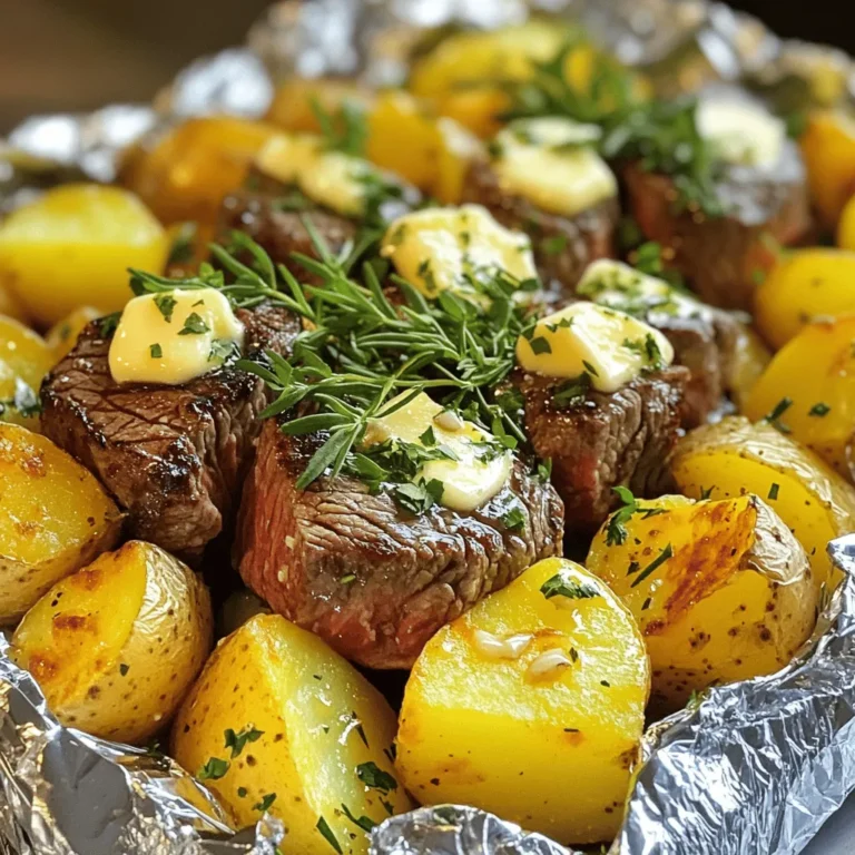 - 1 lb sirloin steak, cut into 1-inch cubes - 4 medium potatoes, diced (about 1 inch) - 4 tablespoons unsalted butter, melted - 4 cloves garlic, minced - 1 teaspoon dried rosemary - 1 teaspoon dried thyme - 1 teaspoon paprika - Salt and pepper to taste I love using sirloin steak for this recipe. It has great flavor and cooks well. The potatoes give a nice texture and soak up all the tasty juices. Garlic and butter are key here; they add a rich, savory taste. The dried herbs bring out the best in the steak and potatoes. Rosemary and thyme pair perfectly with beef. Paprika adds a hint of warmth and color. Don't forget salt and pepper! They help enhance all the flavors. - Fresh parsley Fresh parsley is a lovely touch. It adds a burst of color and a fresh taste. Just chop it up and sprinkle it on top before serving. It makes your dish look even more appetizing! Using these simple ingredients, you can create a satisfying meal. Each bite bursts with flavor, making it a winner at any dinner table. Enjoy cooking! 1. Preheat your grill to medium-high heat. This step is key for even cooking. 2. In a large bowl, mix the diced potatoes with 2 tablespoons of melted butter. Add minced garlic, dried rosemary, dried thyme, paprika, salt, and pepper. Toss well to coat all the potatoes. This adds flavor to each bite. 3. In another bowl, mix the steak cubes with the remaining melted butter, salt, and pepper. Ensure the steak is well coated. This will keep the meat juicy and tasty. 4. Lay out four large pieces of aluminum foil on a flat surface. This makes packing easier. 5. Divide the potato mixture among the four sheets. Place it in the center of each piece of foil. 6. Top the potato mixture with an equal portion of the seasoned steak cubes. This ensures each pack has both steak and potatoes. 7. Fold the sides of the foil over the mixture. Crimp the edges tightly to seal each pack. This step keeps all the juices inside while cooking. 8. Place the foil packs on the grill. Cook for about 25-30 minutes. This timing allows the potatoes to become tender and the steak to reach your desired doneness. 9. Carefully remove the packs from the grill. Use tongs as they will be hot! Open each pack with caution. Hot steam will escape, so be careful. 10. Garnish with fresh parsley before serving. This adds a nice pop of color and freshness to your dish. Seasoning is key for great taste. Use salt and pepper generously. The garlic adds depth, while rosemary and thyme bring freshness. Mix the potatoes well with the spices. This helps each bite burst with flavor. Cooking times matter too. Potatoes take longer to cook than steak. Start the potatoes first in the grill. After ten minutes, add the steak. This way, both cook perfectly together. You can bake these foil packs in the oven. Preheat your oven to 400°F. Place the foil packs on a baking sheet. Bake for about 30-35 minutes. Check the potatoes for softness before serving. Camping? No problem! You can cook these over a campfire. Wrap the packs tightly in foil. Place them on a grill grate over the fire. Cook for 25-30 minutes, turning them once. Enjoy the smoky flavor! {{image_2}} You can change the protein in this dish. Instead of sirloin steak, try chicken or shrimp. Chicken thighs add moistness and flavor. Cut them into bite-sized pieces. Shrimp cooks quickly and tastes great with garlic butter. Use about 1 pound of either. Season them the same way you do the steak. Adding extra veggies makes this dish even better. Bell peppers add sweetness and color. Chop them into chunks and toss them in with the potatoes. Onions also work well; they bring a nice flavor. You can use red, yellow, or green onions. Feel free to add your favorite veggies like zucchini or corn. Just keep their cooking times in mind. Changing herbs and spices can create new flavors. Try adding Italian seasoning for a fresh twist. You can also use cumin or chili powder for a kick. If you love fresh herbs, add basil or cilantro before serving. Experimenting with flavors makes this dish fun and unique. Don't be afraid to mix and match! To store your foil pack leftovers, let them cool first. Place them in an airtight container. You can also wrap them tightly in plastic wrap. Store the packed leftovers in the fridge. They will stay good for up to three days. If you want to keep them longer, freeze the packs. Just make sure to use freezer-safe containers. They can last up to three months in the freezer. When you are ready to eat, reheating is simple. You can use the oven or microwave. For the oven, preheat it to 350°F. Place the foil pack on a baking sheet. Heat for about 15-20 minutes. Check to see if it is hot all the way through. If you use the microwave, remove the foil. Place the food in a microwave-safe dish. Heat in short bursts of 1-2 minutes. Stir in between to ensure even heating. This way, your steak and potatoes will stay tasty! Cook the foil packs for about 25-30 minutes on a preheated grill. Check the potatoes and steak for doneness. The steak should be browned, and the potatoes should be tender. If you like your steak medium-rare, it will cook faster. Always check to avoid overcooking. Yes, you can prepare these foil packs ahead of time. Assemble the packs, seal them tightly, and store them in the fridge. They will stay fresh for up to 24 hours. Just grill them when you are ready to eat. This makes meal prep easy and fun! If you don’t have a grill, you can use your oven. Preheat it to 400°F (200°C). Place the foil packs on a baking sheet and cook for about 30-35 minutes. You can also use an air fryer. Set it to 375°F (190°C) and cook for 20-25 minutes. Both methods work well and give you tasty results! This blog post explored making delicious foil pack meals. We covered key ingredients like sirloin steak, potatoes, and garlic. I shared step-by-step instructions for preparation, assembly, and cooking. You learned helpful tips for optimal flavor and alternative cooking methods. Variations let you customize with different proteins and veggies. Store leftovers safely and reheat wisely. Embrace this cooking method for tasty meals tailored to your taste. Enjoy every bite!
