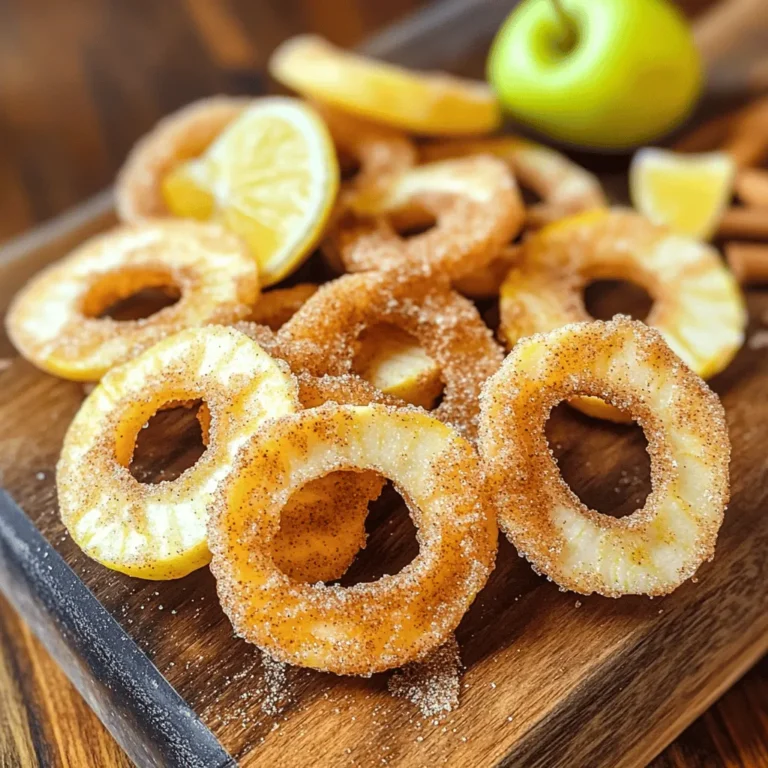 To make Air Fryer Cinnamon Sugar Apple Chips, you will need: - 2 medium-sized apples (like Honeycrisp or Granny Smith) - 1 tablespoon lemon juice - 1 tablespoon granulated sugar - 1 teaspoon ground cinnamon - A pinch of salt These ingredients create a simple yet tasty snack. The apples provide the base, while the spices add sweetness and warmth. You can enhance your chips with these optional ingredients: - 1/2 teaspoon vanilla extract Adding vanilla extract gives a deeper flavor. It makes the chips even more delightful. The type of apple matters. I recommend using sweet apples like Honeycrisp or tart ones like Granny Smith. Here’s why: - Honeycrisp apples are juicy and sweet. They give a nice crunch. - Granny Smith apples add a tangy flavor. They contrast well with the sugar. Consider your taste. Do you prefer sweet or tangy? This choice will affect your final snack. Start by washing the apples well. I like to use Honeycrisp or Granny Smith for their sweet-tart flavor. Once clean, core the apples. Then, slice them into thin rings, about 1/8 inch thick. A mandoline slicer works best for even slices. Thin slices cook more evenly and get crispier. Place your apple slices in a medium bowl. Add 1 tablespoon of lemon juice. Toss the slices gently. This step keeps the apples from browning and adds a bright flavor. It’s a simple trick that makes a big difference in taste. In a small bowl, combine 1 tablespoon of granulated sugar, 1 teaspoon of ground cinnamon, and a pinch of salt. If you want to enhance the flavor, add 1/2 teaspoon of vanilla extract. Mix these ingredients well. The cinnamon sugar will give the apple chips a delicious sweet and warm flavor. Now, sprinkle the cinnamon sugar mixture over your apple slices. Make sure to coat them evenly. Use your hands to toss the slices gently. You want every piece to have a nice layer of flavor. This step is key for that sweet, crunchy finish. Before you start cooking, preheat your air fryer to 300°F (150°C). This should take about 5 minutes. Preheating helps the apple chips cook evenly. It also aids in achieving that perfect crispiness. Once preheated, place the apple slices in a single layer in the air fryer basket. Make sure they don’t overlap. If you have a smaller air fryer, you may need to do this in batches. Cook for about 15 to 20 minutes. Halfway through, shake the basket to ensure even cooking. Keep an eye on them, as cook times can vary. After cooking, carefully remove the apple chips from the air fryer. Let them cool on a wire rack. This cooling time allows them to get even crispier. Enjoy them right away or store in an airtight container at room temperature. They stay fresh for up to a week. To get that perfect crunch, slice your apples thin. Aim for about 1/8 inch thick. Thin slices cook evenly and crisp up nicely. When air frying, avoid stacking the slices. Give them enough space to breathe. This helps them crisp up better. Also, shake the basket halfway through cooking. This ensures even cooking and crispiness. You can use any apple type, but some are better than others. Honeycrisp apples give a sweet and crunchy bite. Granny Smith apples add a nice tartness. Other varieties, like Fuji or Gala, can work well too. Each type brings its unique flavor, so feel free to experiment! Want to mix things up? Try adding nutmeg for a warm twist. A sprinkle of caramel flavor can bring a sweet touch. You can even add a little chili powder for a spicy kick. Get creative! The world of flavors is your oyster with these apple chips. {{image_2}} You can switch out granulated sugar for other sweeteners. Try honey or maple syrup for a natural touch. If you want a low-calorie option, consider stevia or monk fruit. Each choice adds a unique twist to your apple chips. I prefer honey for its rich flavor and sticky texture. Want to kick it up a notch? Spread a thin layer of nut butter on your apple slices before air frying. Almond butter or peanut butter works great. The nutty taste pairs well with cinnamon. You can also drizzle a bit of melted chocolate on top once they cool. This adds a sweet finish. Explore other spices to make your chips special. Nutmeg or pumpkin spice can give a warm, festive flavor. If you like a bit of heat, add a dash of cayenne pepper. This creates a nice contrast to the sweetness. You can also sprinkle a bit of sea salt after frying for a savory touch. To keep your apple chips fresh, store them in an airtight container. This helps prevent moisture from making them soggy. Use a container made of glass or plastic with a tight lid. Avoid using bags, as they can allow air in. If you have a vacuum sealer, that works great too! Place the container in a cool, dark place, away from heat and light. Apple chips can last up to a week at room temperature when stored properly. After a week, they may lose some crunch but can still be tasty. If you notice any signs of moisture or softening, it’s best to toss them. Check your chips daily to ensure they stay crispy and fresh! If your apple chips lose their crispness, don’t worry! You can bring them back to life. Preheat your air fryer to 300°F (150°C). Place the apple chips in the basket in a single layer. Heat them for about 3-5 minutes. This will help restore their crunch without overcooking them. Enjoy your snacks just like fresh out of the fryer! Yes, you can use a conventional oven or a dehydrator. An oven may take longer, but it can still give you crispy apple chips. Set the oven to a low temperature, around 200°F (93°C). Spread the apple slices on a baking sheet, ensuring they do not overlap. Bake for about two hours, flipping them halfway. The dehydrator will also work well. Just follow the machine's instructions for drying fruit. To keep your apple chips crispy, follow these steps: - Slice the apples thinly. Aim for about 1/8 inch thick. - Toss them with lemon juice right after slicing. This helps to prevent browning and retains crispness. - Avoid overcrowding the air fryer basket. This allows hot air to circulate better for even cooking. - Check them frequently while cooking. Shake the basket halfway through to ensure even crispness. You can serve apple chips in many fun ways: - Enjoy them as a snack on their own. - Use them as a topping for yogurt or oatmeal. - Pack them in lunchboxes for a healthy treat. - Pair them with nut butter for a delicious dip. Yes, you can make apple chips ahead of time! They store well in an airtight container. Keep them at room temperature for up to a week. Just remember, they taste best when fresh. If they lose crispness, you can reheat them briefly in the air fryer to bring back their crunch. Absolutely! Feel free to get creative with spices. Here are some ideas: - Add nutmeg for a warm, cozy flavor. - Try ginger for a spicy kick. - Mix in cardamom for a unique twist. - You can also sprinkle some cocoa powder for a chocolate touch. Just remember to adjust the sugar accordingly to balance the flavors. You learned about making tasty apple chips from fresh apples. We covered every step, from choosing the right apples to air frying them for the perfect crunch. Remember to experiment with flavors and different apple types for fun. Proper storage helps keep them fresh longer, too. Making apple chips at home is easy and fun, and you can customize them to fit your taste. Enjoy your crispy snacks and share them with friends!