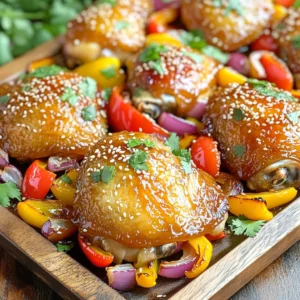 For this easy and tasty dish, you will need: - 4 bone-in, skin-on chicken thighs - 1/4 cup honey - 2 tablespoons soy sauce - 2 tablespoons sriracha (adjust to taste) - 2 tablespoons olive oil - 3 cloves garlic, minced - 1 teaspoon ground ginger - Salt and pepper to taste - 1 red bell pepper, sliced - 1 yellow bell pepper, sliced - 1 red onion, cut into wedges These ingredients create a flavorful base. The chicken thighs stay juicy, while the veggies add color. The honey and sriracha mix gives a sweet and spicy glaze. The soy sauce adds depth. Garlic and ginger bring out rich flavors. Salt and pepper enhance everything. This blend is key to a mouthwatering dish. For a beautiful presentation, consider adding: - 1 teaspoon sesame seeds (for garnish) - Fresh cilantro, chopped (for garnish) Serve with lime wedges on the side. The lime adds a fresh zing. This dish looks great on a platter, drizzled with leftover glaze. First, set your oven to 425°F (220°C). This helps cook the chicken evenly. Line a large sheet pan with parchment paper. This makes cleanup easy. Next, take your chicken thighs and place them on one side of the pan. These thighs have skin and bones, which add flavor. Make sure they are spaced out so air can flow around them. Now, slice your red and yellow bell peppers and cut the red onion into wedges. On the other side of the pan, spread the veggies out. This gives them space to roast well. Drizzle a bit of olive oil on the veggies. Sprinkle them with salt and pepper. Toss them gently to coat. This helps them get nice and tasty. In a medium bowl, mix together honey, soy sauce, sriracha, olive oil, minced garlic, ground ginger, salt, and pepper. Use a whisk to blend everything well. This spicy honey glaze will add sweet and spicy flavors to your chicken. Once mixed, set aside some glaze for later. You will use it to brush the chicken halfway through cooking. Now, take your spicy honey glaze and coat the chicken thighs generously. Use a brush or spoon to cover them well. Place the sheet pan in the oven. Bake the chicken and veggies for about 25 to 30 minutes. You want the chicken to reach an internal temperature of 165°F. The skin should be crispy and golden. Halfway through baking, open the oven and brush the chicken with the reserved glaze. This adds more flavor. When the chicken is done, take the pan out of the oven. Let it rest for a few minutes before serving. Finally, sprinkle sesame seeds and chopped cilantro on top for a fresh touch. Enjoy your delicious meal! To get crispy chicken skin, start by patting the chicken thighs dry with paper towels. Moisture prevents crispiness. Next, coat the skin with olive oil. This helps it brown nicely. When you bake, high heat is key. Set your oven to 425°F (220°C) and avoid covering the chicken. Brush with glaze halfway through for added flavor without losing crispiness. Marinating chicken boosts flavor and tenderness. Use the spicy honey glaze as your marinade. Let the chicken sit in the glaze for at least 30 minutes. If you have time, marinate it overnight in the fridge. This allows the flavors to soak in deeply. Remember to reserve some glaze for basting during cooking for extra taste. To cook vegetables evenly, cut them into similar sizes. This helps them roast at the same rate. Spread the bell peppers and onions on one side of the sheet pan. Drizzle with olive oil and toss them to coat. Season with salt and pepper to enhance their natural flavors. By placing them on the same pan, they will absorb the chicken's juices, improving taste. {{image_2}} You can change the heat in this recipe easily. Start with two tablespoons of sriracha. If you like it mild, use one tablespoon instead. For more heat, try adding an extra tablespoon. Taste the glaze as you mix. This way, you get the perfect balance for your palate. You can also mix in some chili flakes for added spice. Have fun experimenting with different heat levels to match your taste! While bell peppers and onions work great, feel free to swap in other veggies. Try zucchini, broccoli, or carrots for new flavors. You can also use asparagus or snap peas for a fresh twist. Chop them into similar sizes to ensure even cooking. This way, every bite has a mix of flavors and colors. Get creative and use what you love or what you have on hand! Chicken thighs are delicious, but you can use other meats too. Bone-in chicken breasts are a good option if you prefer white meat. Pork chops or salmon fillets also work well with the spicy honey glaze. Adjust the cooking time as needed. For pork, aim for an internal temperature of 145°F. For salmon, it should be 145°F as well. Each meat will bring a unique flavor to the dish. Once your meal is done, let the chicken cool. Place the thighs and veggies in an airtight container. You can keep them in the fridge for up to three days. Remember to store the leftover glaze in a small jar. This glaze adds flavor when reheating. To reheat, use the oven for crispiness. Preheat to 350°F (175°C). Place the chicken on a baking sheet and cover it with foil. Heat for about 15-20 minutes. You can also use the microwave for quick reheating. Just keep the chicken on a microwave-safe plate. Heat in short bursts of 30 seconds. Check to ensure it is hot throughout. If you want to freeze, do it right after cooking. Let the chicken and veggies cool before packing. Use freezer bags or containers. Make sure to remove all air to prevent freezer burn. You can freeze it for up to three months. When ready to eat, thaw in the fridge overnight before reheating. This keeps the flavors locked in. Yes, you can use boneless chicken thighs. They will cook faster than bone-in thighs. Be sure to reduce the cooking time to about 20-25 minutes. Check for doneness around the 20-minute mark. This way, you keep them juicy. If you need a honey substitute, try maple syrup or agave nectar. Both give a sweet taste. You can also use brown sugar mixed with water. This mix can mimic the sweetness of honey nicely. The chicken is done when it reaches an internal temperature of 165°F. Use a meat thermometer for the best results. Insert it into the thickest part of the thigh. This step ensures your chicken is safe to eat. Yes, you can grill this dish! First, marinate the chicken in the glaze. Then, preheat your grill to medium heat. Cook the chicken thighs for about 6-8 minutes per side. The grill will add a nice smoky flavor. Great side dishes include rice, quinoa, or a fresh salad. Roasted vegetables also match well. You can serve it with steamed broccoli or green beans. For a fun twist, try serving with coleslaw. The blog post covered the key steps to make spicy honey glazed chicken thighs. You learned about the main ingredients, cooking methods, and helpful tips. I shared variations to keep the dish exciting. Proper storage methods ensure you enjoy leftovers too. Overall, making this dish is fun and easy. By following the steps, you will impress everyone at the table. I hope you try it soon!