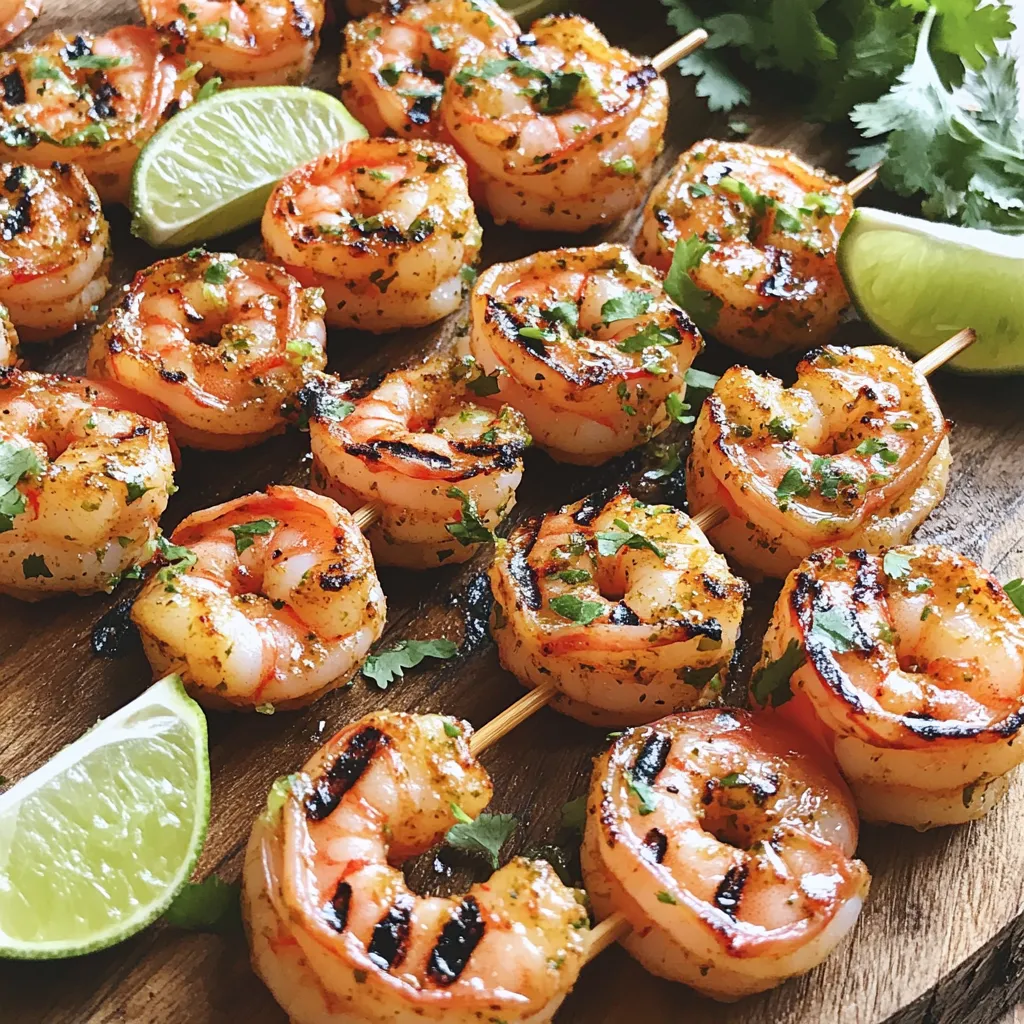 - 1 lb large shrimp, peeled and deveined - 3 tablespoons olive oil - Juice of 2 limes - Zest of 1 lime - 2 tablespoons honey - 2 teaspoons chili powder - 1 teaspoon cumin - 1 teaspoon garlic powder - 1/2 teaspoon salt - 1/2 teaspoon black pepper - Fresh cilantro for garnish - Lime wedges for serving The magic of these Chili Lime Grilled Shrimp Skewers starts with just a few simple ingredients. First, I use one pound of large shrimp. Make sure they are peeled and deveined for an easy bite. The shrimp soak up all the flavors from the marinade. Next, I add three tablespoons of olive oil. This oil helps to keep the shrimp moist while grilling. Then, I squeeze the juice of two limes and add the zest of one lime. The lime juice adds a bright, fresh flavor that balances well with the sweetness of two tablespoons of honey. I spice things up with two teaspoons of chili powder, one teaspoon of cumin, and one teaspoon of garlic powder. These spices bring warmth and depth to each bite. Don’t forget half a teaspoon of salt and black pepper for seasoning. For the finishing touch, I use fresh cilantro as a garnish. It adds a nice pop of color and flavor. Serve with lime wedges for an extra zing. Each ingredient plays a role in creating a dish that is full of flavor and joy. To start, gather your ingredients for the marinade. In a mixing bowl, whisk together the following: - 3 tablespoons olive oil - Juice of 2 limes - Zest of 1 lime - 2 tablespoons honey - 2 teaspoons chili powder - 1 teaspoon cumin - 1 teaspoon garlic powder - 1/2 teaspoon salt - 1/2 teaspoon black pepper Whisk until everything blends well. This mix brings the chili lime flavor to life. Next, add 1 pound of large shrimp that are peeled and deveined. Make sure each shrimp gets fully coated in the marinade. Cover the bowl and place it in the refrigerator. Let it sit for at least 30 minutes. If you want more flavor, let it marinate for up to 1 hour. While the shrimp absorbs all that tasty goodness, it’s time to prepare your grill. Preheat it to medium-high heat. This step is crucial for getting those lovely grill marks. If you’re using wooden skewers, soak them in water for about 30 minutes. Soaking prevents them from burning on the grill. Now comes the fun part—grilling! Carefully thread the marinated shrimp onto the skewers. Aim for about 4 to 5 shrimp per skewer. Make sure they are close but not overcrowded. This allows them to cook evenly. Place the skewers on the grill. Grill for about 2-3 minutes on each side. Watch closely as the shrimp turn opaque and develop nice grill marks. Be careful not to overcook; shrimp can become rubbery. Once done, remove the skewers from the grill. For a fresh touch, sprinkle chopped cilantro over them. Serve right away with lime wedges on the side for a zesty kick. Enjoy your flavorful chili lime grilled shrimp skewers! To make the best chili lime grilled shrimp skewers, use acid in your marinade. Lime juice brightens flavors and tenderizes shrimp. I recommend letting your shrimp marinate for at least 30 minutes. For a stronger taste, marinate for up to an hour. This gives the shrimp time to soak in all the delicious flavors. Avoid overcooking your shrimp. Cook them for about 2-3 minutes on each side. When the shrimp turn opaque, they are ready. Check for nice grill marks, too. These marks show that your shrimp are grilling evenly and look great on the plate. Garnish your skewers with freshly chopped cilantro. It adds color and flavor. Serve the skewers with lime wedges on the side. The extra squeeze of lime juice brings bright flavors to each bite. This simple touch makes your dish look and taste amazing. {{image_2}} You can switch up the flavors in your marinade. Adding different spices or herbs can change the taste completely. Try using smoked paprika for a smoky touch or fresh basil for a bright flavor. You can also use sweeteners like agave or maple syrup. This adds a rich sweetness that balances the lime zest and chili spice. Experiment with what you have on hand for a fun twist! When choosing shrimp, you have options. Fresh shrimp offers the best flavor and texture. Look for shrimp that smell like the ocean. You can also use frozen shrimp, which can be just as good. If using frozen shrimp, ensure they are thawed before marinating. Always choose sustainable seafood. This means looking for shrimp that is caught or farmed in ways that do not harm the environment. Sustainable choices help protect our oceans. Pairing your shrimp skewers with the right sides can make the meal shine. Fresh salads are a great choice. A simple green salad or a zesty corn salad with lime dressing works well. You could also serve it with grains like quinoa or rice for a filling dish. Don't forget about sauces or dips! A creamy avocado dip or a tangy salsa can add extra flavor. These sides will complement the shrimp and make your meal more enjoyable. To keep your chili lime grilled shrimp skewers fresh, store them properly. Place the cooked skewers in an airtight container. This helps lock in flavor and moisture. If you use a glass container, make sure it is safe for the fridge. You can keep them in the fridge for up to three days. If you want to store them longer, consider freezing. Wrap the skewers tightly in plastic wrap, then place them in a freezer bag. They will last up to three months in the freezer. When you want to enjoy the shrimp again, reheating is key. The best method is to use a skillet. Heat it on medium-low heat and add a little olive oil. Place the skewers in the skillet. Cook for about 2-3 minutes on each side. This method helps keep the shrimp juicy and prevents dryness. You can also use the microwave if you're short on time. Place the skewers on a microwave-safe plate. Cover them with a damp paper towel. Heat for about 30 seconds to 1 minute. This keeps the shrimp moist but may not keep the texture as nice. Always check that they are heated through before serving. Yes, you can use frozen shrimp! First, you need to thaw them. To do this, place the shrimp in a bowl of cold water. Change the water every 15 minutes until thawed. This usually takes about 30 minutes. After thawing, make sure to dry the shrimp well with paper towels. This helps the marinade stick better. Cooked shrimp turn from gray to pink. They should also be firm and opaque. The best way to check is to cut one in half. If it is no longer translucent and has a nice curl, it’s done. Cook them for about 2-3 minutes on each side. Don't overcook them. Overcooked shrimp can become rubbery. Yes, you can easily cook these skewers in the oven. Preheat your oven to 400°F (200°C). Place the shrimp skewers on a baking sheet lined with foil. Bake them for about 8-10 minutes. Make sure to turn them halfway. They are done when they are pink and opaque. Enjoy the same great taste even without a grill! Grilling shrimp skewers is a simple and delicious process. By marinating shrimp, preparing your grill, and following best practices, you ensure great flavor. Experiment with different marinades and accompaniments to find your perfect dish. Remember to store and reheat leftovers to maintain taste. Whether you use fresh or frozen shrimp, this recipe offers tasty options for everyone. Enjoy the fun of grilling with family and friends, and savor the flavors you create.