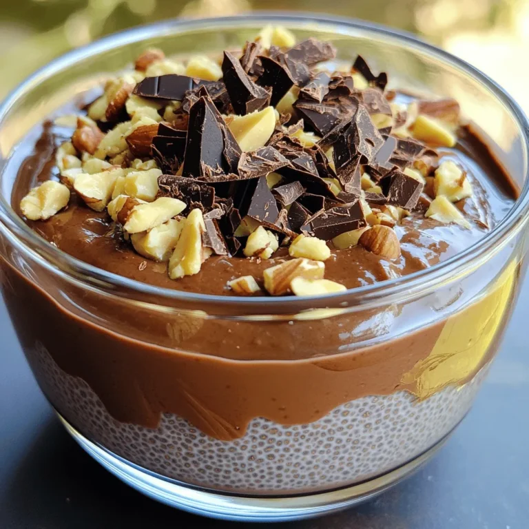 Here's what you'll need to make your Chocolate Peanut Butter Chia Pudding: - 1/2 cup unsweetened almond milk (or milk of choice) - 1/4 cup chia seeds - 2 tablespoons unsweetened cocoa powder - 2 tablespoons creamy peanut butter - 2 tablespoons maple syrup or honey (adjust to taste) - 1 teaspoon vanilla extract - A pinch of sea salt - Dark chocolate shavings (for garnish) - Crushed nuts (for garnish, optional) Each ingredient plays a key role in this recipe. The almond milk gives a creamy base. Chia seeds add texture and a boost of nutrition. Cocoa powder provides the rich chocolate flavor we love. Peanut butter brings a nutty depth. Maple syrup or honey sweetens the mix, while vanilla extract rounds it out. Sea salt enhances all these flavors. Lastly, the dark chocolate shavings and crushed nuts add a delightful finish. Make sure to gather these ingredients before you start. They are easy to find and you might already have some at home. This recipe is simple yet rewarding, perfect for a sweet treat any time of day! - Combine wet ingredients First, grab a medium-sized mixing bowl. Pour in 1/2 cup of unsweetened almond milk. Add 2 tablespoons of unsweetened cocoa powder. Then, mix in 2 tablespoons of creamy peanut butter. Next, add 2 tablespoons of maple syrup or honey. Don’t forget 1 teaspoon of vanilla extract and a pinch of sea salt. Whisk until everything blends well and looks smooth. - Mix in chia seeds Now, it’s time to add the star ingredient: the chia seeds! Measure out 1/4 cup and sprinkle them into the bowl. Stir vigorously. This step makes sure the chia seeds spread evenly and don’t clump together. You want them mixed in well. - Refrigeration process After mixing, cover the bowl with plastic wrap. You can also use a jar with a lid. Place it in the fridge for at least 4 hours or overnight. This time helps the chia seeds absorb the liquid and turn your mix into a pudding. - Adjusting consistency before serving When you’re ready to serve, check the pudding's texture. If it seems too thick, add a splash of almond milk. Stir it well until you reach the right consistency. This ensures a creamy and smooth dessert. - Presentation ideas For serving, stir the pudding again. Spoon it into your favorite bowls or glasses. For a lovely touch, garnish with dark chocolate shavings. You can add crushed nuts if you like a bit of crunch. It makes for a beautiful presentation! - Portion sizes This recipe makes enough for 2 to 4 servings. You can adjust the portions based on your needs. Each serving is rich and filling, perfect for a sweet treat! To get the best chocolate peanut butter chia pudding, you need even chia seed distribution. When you mix the chia seeds into the wet ingredients, stir really well. This way, the seeds won’t clump together. They need space to soak up the liquid and expand. The recommended setting time for your pudding is at least four hours. For best results, let it sit overnight in the fridge. This allows the chia seeds to do their magic. When you check it later, the pudding should be thick and creamy. If it feels too thick, simply stir in a splash more almond milk. You can take your pudding up a notch by adding spices or extracts. A pinch of cinnamon or a dash of nutmeg can add warmth. You might also try a few drops of almond extract for a new twist. If you want a different sweetness, consider using agave or stevia instead of maple syrup. Each sweetener brings its own flavor, so feel free to experiment. Just adjust the amount based on your taste. {{image_2}} You can switch up the nut butter for fun. Almond or cashew butter works great. Each adds a unique taste. You can also try different kinds of milk. Coconut or soy milk can give a creamier texture. They will change the flavor, too. These variations keep your pudding exciting. Toppings make your pudding even better. Fresh fruits like bananas or strawberries add sweetness. They also give a nice pop of color. You can add granola for a crunchy bite. Coconut flakes are another tasty option. They add a tropical twist to your dessert. Experiment with these toppings to find your favorite mix! After making chocolate peanut butter chia pudding, store it in the fridge. Use an airtight container for best results. This keeps it fresh and tasty. The pudding can last for about 3 to 5 days in the fridge. Check for any changes in smell or texture before eating. If you see any signs of spoilage, it’s best to toss it out. Yes, you can freeze chia pudding! This is a great option for meal prep. Transfer the pudding to a freezer-safe container. Leave some space at the top, as it will expand when frozen. It can last up to 2 months in the freezer. To thaw, place it in the fridge overnight. If it's too thick after thawing, stir in a little almond milk to loosen it. Enjoy your delicious treat later! Chia seeds are tiny powerhouses. They are rich in fiber, which helps digestion. They also contain protein, making them a great snack. Omega-3 fatty acids in chia seeds support heart health. Plus, they have antioxidants that fight free radicals. Eating chia seeds can give you energy and keep you full longer. Yes, this recipe is easy to make vegan. Just use almond milk or another plant-based milk. Maple syrup is already vegan, so you can keep that. The creamy peanut butter adds protein and flavor without animal products. This chocolate peanut butter chia pudding is a great vegan treat. You can serve chocolate peanut butter chia pudding in bowls or glasses. First, stir the pudding well to mix it up. Then, spoon it into your serving dish. For a fun touch, add dark chocolate shavings on top. You can also sprinkle crushed nuts for extra crunch. It looks great and tastes even better! Yes, you can make this pudding ahead of time. In fact, it tastes better when it sits. Just prepare it the night before. Let it chill in the fridge for at least four hours. This lets the chia seeds absorb the liquid and thicken. You can enjoy it the next day as a quick breakfast or snack! This blog post covered a tasty chocolate peanut butter chia pudding recipe. We discussed its ingredients, step-by-step instructions, and some handy tips. You learned how to perfect your pudding and explore fun variations. Don’t forget about the storage info for leftovers and answers to common questions. Now you can create a delicious dessert that fits your diet. Enjoy making this healthy treat again and again!