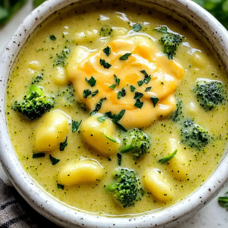 To make One-Pot Creamy Broccoli Cheddar Gnocchi Soup, you need some key items. Here’s the list: - 1 tablespoon olive oil - 1 small onion, diced - 2 cloves garlic, minced - 4 cups vegetable broth - 1 pound broccoli florets, chopped - 1 package (16 oz) potato gnocchi - 1 cup heavy cream - 2 cups shredded sharp cheddar cheese - Salt and pepper to taste - 1 teaspoon garlic powder These ingredients create the base of the soup. The olive oil gives flavor, while the onion and garlic add depth. The vegetable broth brings everything together. Broccoli offers great texture and nutrients. Gnocchi makes it hearty, while cheese gives creaminess. You can add a few optional items to enhance the taste. Here’s what to consider: - 1/2 teaspoon crushed red pepper flakes (optional) - Fresh parsley for garnish The crushed red pepper flakes add a kick. If you like spice, this is a good choice. Fresh parsley not only looks nice but adds a fresh taste too. If you have dietary needs, there are some easy swaps. Here are a few options: - Use coconut cream instead of heavy cream for a dairy-free version. - Swap out the vegetable broth for chicken broth if you prefer meat flavors. - Choose gluten-free gnocchi if you need to avoid gluten. These substitutions keep the soup tasty and suitable for different diets. You can enjoy this dish no matter your needs! First, gather your ingredients. You need olive oil, onion, garlic, vegetable broth, broccoli, gnocchi, heavy cream, cheddar cheese, salt, pepper, garlic powder, and parsley. Start by dicing the onion into small pieces. Next, mince the garlic cloves finely. The onion and garlic are key for flavor. Heat one tablespoon of olive oil in a large pot over medium heat. Once the oil is hot, add the diced onion. Cook it until it turns soft and clear, about four to five minutes. Then, stir in the minced garlic. Cook for one more minute, but watch closely to avoid burning it. Now, pour in four cups of vegetable broth. Bring this to a boil. When it bubbles, add one pound of chopped broccoli florets. Cook for about five to seven minutes until the broccoli is tender. After the broccoli is done, add the potato gnocchi to the pot. Cook them according to the package, which usually takes about two to three minutes. You’ll know they’re ready when they float to the top. Next, reduce the heat to low. Stir in one cup of heavy cream and two cups of shredded sharp cheddar cheese. Add one teaspoon of garlic powder and half a teaspoon of crushed red pepper flakes if you like some heat. Keep stirring until the cheese melts and the soup is creamy and smooth. Finally, season with salt and pepper to taste. Adjust the spices to your liking. To serve, ladle the soup into bowls. For a lovely touch, sprinkle fresh parsley on top of each bowl. This adds color and freshness. Enjoy your warm, creamy broccoli cheddar gnocchi soup! To get a creamy texture, use heavy cream. It adds richness and smoothness. Stir the cream in slowly, and keep the heat low. This helps it blend well with the cheese. For extra creaminess, use freshly shredded cheddar. Pre-shredded cheese can have anti-caking agents, which can affect the texture. Chop your veggies ahead of time. You can prep broccoli and onion in advance. This way, cooking is quick and easy. Use pre-packaged gnocchi to save time. They cook fast and make this dish simple. If you have leftover soup, store it in the fridge. Reheating is quick and helps on busy nights. Don’t rush the sautéing process. Cooking onions and garlic well builds flavor. If you add the cream too fast, it may curdle. Always lower the heat first. Taste as you go! Adjust salt and pepper to your liking. Overcooking the broccoli can make it mushy. Keep an eye on it to ensure it stays bright green and tender. {{image_2}} You can switch up the flavors of this soup easily. Try adding different veggies like carrots or peas. For a meaty touch, add cooked chicken or sausage. You may also use different cheese, like gouda or mozzarella, for a new taste. If you like a touch of spice, consider adding diced jalapeños or a splash of hot sauce. Each change can make the soup feel fresh and exciting. To make this soup vegan, swap out the heavy cream for coconut milk or cashew cream. Use vegan cheese instead of cheddar. You can also replace the vegetable broth with a homemade vegan broth. This way, you keep the creamy texture while staying plant-based. The gnocchi should be made from plant-based ingredients too, so check the package. Pair this soup with warm, crusty bread or a fresh salad. A simple green salad with a light vinaigrette works well. You can also serve it with garlic bread for a hearty meal. If you want a drink, try a light white wine or sparkling water with lemon. These choices enhance the soup's creamy taste and make your meal feel complete. Storing your One-Pot Creamy Broccoli Cheddar Gnocchi Soup is easy. First, let the soup cool down to room temperature. Then, transfer it to an airtight container. This keeps the soup fresh for longer. It is best to store it in the fridge if you plan to eat it within three days. Always label the container with the date. This helps you remember when you made it. When you are ready to enjoy your soup again, reheating is key for the best taste. Pour the soup into a pot and heat it over medium-low heat. Stir it often to avoid sticking. If the soup looks thick, add a splash of vegetable broth or water to loosen it up. Heat until it is warm, but do not boil. Boiling can change the creamy texture and flavor. If you want to save your soup for later, freezing is a great option. Use freezer-safe containers or bags. Leave some space in the container for the soup to expand when frozen. Label each container with the date and name of the soup. It can last up to three months in the freezer. To reheat, thaw it overnight in the fridge. Then, follow the reheating steps above for a warm, creamy bowl of soup. Yes, you can use frozen broccoli. Just add it straight to the pot. There’s no need to thaw it first. The cooking time may be a bit longer, but it will still taste great. Frozen broccoli often cooks faster than fresh, so keep an eye on it. You want it tender but not mushy. This soup can last for about three to four days in the fridge. Make sure to store it in an airtight container. As the soup sits, the gnocchi may soak up some liquid. If this happens, just add a splash of broth when you reheat it. This will help bring back the creamy texture. You can use half-and-half or whole milk as a lighter option. For a dairy-free choice, try coconut cream or cashew cream. These will give you a nice creaminess without the dairy. If you want a thicker base, blend some silken tofu with a bit of broth. This adds creaminess and protein too. One-pot soup is easy, tasty, and fun to make. We covered key ingredients, cooking steps, and helpful tips. You learned how to add flavor, avoid common mistakes, and create variations for everyone. Don't forget to store leftovers properly to enjoy your soup later. As you try this recipe, remember to mix and match ingredients to suit your taste. Enjoy every bowl and share it with friends or family. You have the tools to make delicious soup!