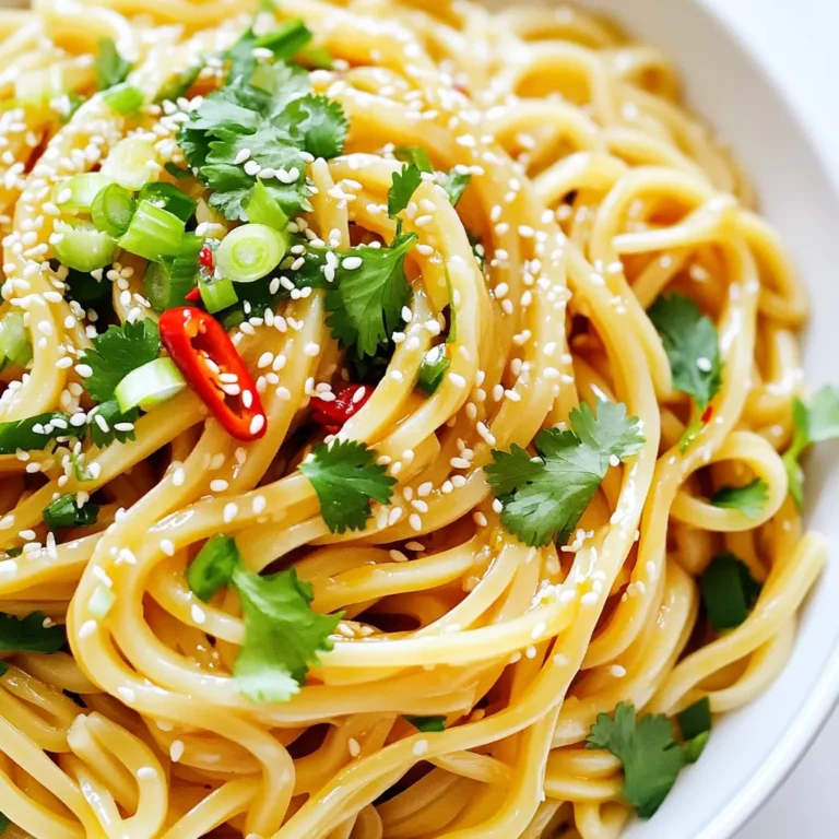 To make garlic chili udon noodles, you will need the following ingredients: - 400g fresh udon noodles - 4 tablespoons sesame oil - 6 cloves garlic, minced - 2 red chilies, sliced (adjust to taste) - 1 tablespoon ginger, grated - 2 tablespoons soy sauce - 1 tablespoon rice vinegar - 1 tablespoon honey or agave syrup - 2 spring onions, chopped - 1/4 cup cilantro or parsley, chopped - Sesame seeds for garnish - Salt and pepper to taste These ingredients come together to create a dish bursting with flavor. Fresh udon noodles are the best choice for this dish. They are soft and chewy. You can find them in many grocery stores or Asian markets. Dried udon noodles can work too, but they need more cooking time. Fresh noodles give a better texture and flavor. If you are short on time, dried noodles are a good option. Just follow the package instructions carefully. You can adjust this recipe to fit different diets. Here are some ideas: - For gluten-free options, use gluten-free udon noodles or rice noodles. - To make it vegan, replace honey with agave syrup. - If you want more protein, add chicken, shrimp, or tofu. - For more veggies, toss in bell peppers or bok choy. Feel free to mix and match these ingredients to suit your tastes. To cook udon noodles, start with a large pot. Fill it with water and add salt. Bring the water to a boil. Add the udon noodles and cook them as per the package instructions, usually about 8-10 minutes. You want them tender but not mushy. Once cooked, drain the noodles in a colander. Remember to save a little pasta water; this will help later. Making the garlic chili sauce is simple. In a small bowl, mix together soy sauce, rice vinegar, and honey or agave syrup. This blend adds a sweet and tangy flavor. Set the sauce aside for now. The next step is key, as the aromas will make your kitchen smell amazing. Heat sesame oil in a large skillet or wok over medium heat. Add minced garlic, sliced red chilies, and grated ginger. Sauté these for 1-2 minutes until they smell fragrant. Be careful not to burn the garlic; burnt garlic turns bitter. Next, add the drained udon noodles to the skillet. Pour the garlic chili sauce over the noodles. Toss gently to combine everything well. If the noodles feel dry, add a bit of the reserved pasta water. This helps create a silky texture. Finally, stir in chopped spring onions and cilantro (or parsley). Season with salt and pepper to taste. Serve hot, garnished with sesame seeds and extra herbs. Enjoy your flavorful meal! You can change how spicy your Garlic Chili Udon Noodles are. Start with two red chilies. If you want more heat, add more chilies. You can also remove the seeds for less spice. If it gets too spicy, add more honey. This will balance the heat. Store leftover udon noodles in an airtight container. Keep them in the fridge. They will last for up to three days. When you’re ready to eat, reheat them gently. Use a pan with a splash of water to keep them moist. You can also use a microwave. Just cover the bowl to trap steam. Serve your noodles with fresh herbs on top. Chopped cilantro or parsley adds color and taste. Pair the noodles with a light salad. A cucumber salad works well. For protein, consider grilled chicken or shrimp on the side. This adds heartiness to your meal. Enjoy the mix of flavors! {{image_2}} You can easily make Garlic Chili Udon Noodles vegetarian or vegan. Just swap honey for agave syrup. Use vegetable broth instead of water for cooking the noodles. This gives them more flavor. You can add extra veggies like bell peppers or snap peas. These add crunch and color. Want to boost your meal? Add protein! Chicken is a great choice. Cook it in the skillet before adding garlic and chilies. Shrimp also works well; just sauté it until pink. For a vegan option, use tofu. Press and cube it first. Sauté until golden brown for a nice texture. Adding more vegetables makes this dish even better. Broccoli florets can add a nice bite. Carrots, sliced thin, bring sweetness. You might also try bok choy or mushrooms. They add a rich, earthy taste. Don't forget to toss in spinach at the end. It wilts down and adds nutrients. After enjoying your garlic chili udon noodles, you might have some left. To store them, let them cool first. Place the noodles in an airtight container. Make sure to cover them well. You can keep them in the fridge for up to three days. If you want, you can store the sauce separately. This helps keep the noodles from getting soggy. To reheat your noodles, use a skillet or a microwave. If you use a skillet, heat it on medium-low. Add a splash of water or oil to help steam the noodles. Stir gently until they are warm. If you use a microwave, place the noodles in a bowl. Cover it with a damp paper towel to keep moisture. Heat in short bursts, stirring in between, until warm. This keeps the flavors fresh and tasty. Freezing garlic chili udon noodles is a great option for longer storage. Allow the noodles to cool completely. Portion them into freezer-safe bags. Remove as much air as possible before sealing. You can freeze them for up to three months. When you're ready to eat, thaw them overnight in the fridge. Reheat as described above for the best results. This way, you can enjoy your favorite dish anytime! Udon noodles are made from wheat flour, water, and salt. They are thick and chewy. This texture makes them perfect for soaking up sauces. Fresh udon is soft and tender. Dried udon can be found in stores too. Both types work well in recipes. Yes, you can make Garlic Chili Udon Noodles ahead of time. Cook the noodles and let them cool. Store them in an airtight container in the fridge. Make the sauce separately and mix it when ready to serve. This saves time and still tastes great. To make this recipe gluten-free, use gluten-free udon noodles. Look for alternatives made from rice or other gluten-free grains. Check the soy sauce too. Use tamari or a gluten-free soy sauce. This way, you can enjoy the dish without gluten. You now know how to make Garlic Chili Udon Noodles. We covered key ingredients, cooking steps, and storage tips. You learned how to adjust spice levels and explore variations for dietary needs. This dish is simple and tasty. Whether you enjoy it fresh or as leftovers, it's a winner. Feel free to get creative with ingredients. Cooking should be fun and rewarding. Try it out and impress your friends! Enjoy your flavorful journey with garlic and chili.