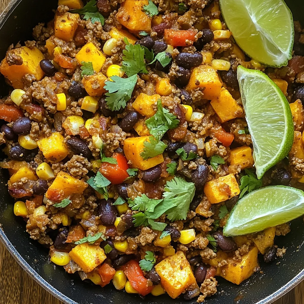 To create a tasty Southwest Beef Sweet Potato Skillet, you need these key ingredients: - 1 pound ground beef - 2 medium sweet potatoes, diced - 1 bell pepper (any color), diced - 1 small onion, chopped - 2 cloves garlic, minced - 1 can (15 ounces) black beans, rinsed and drained - 1 cup corn (frozen or canned) - 1 tablespoon chili powder - 1 teaspoon cumin - 1 teaspoon smoked paprika - Salt and pepper to taste - 2 tablespoons olive oil - Fresh cilantro, chopped for garnish - Lime wedges for serving Each of these ingredients plays a role in building a rich flavor. The ground beef brings heartiness while the sweet potatoes add a natural sweetness. The bell pepper and onion provide crunch and depth. Garlic adds a lovely aroma, and black beans and corn give texture and protein. The spices—chili powder, cumin, and smoked paprika—are essential for that Southwest flair. I love using olive oil for cooking because it adds a nice richness. Fresh cilantro and lime wedges on top give the dish a bright finish. You can mix and match some ingredients based on what you have at home, but keep the main ones for the best results. {{ingredient_image_1}} - Heating the Skillet Begin by placing a large skillet on medium heat. Add 2 tablespoons of olive oil. Let the oil heat up for a minute. You want it hot but not smoking. - Sautéing Onions and Garlic Next, add 1 small chopped onion and 2 minced garlic cloves to the skillet. Stir them well. Cook for about 3 to 4 minutes. Keep an eye on them until the onion turns translucent. - Cooking Ground Beef Now, add 1 pound of ground beef. Break it up with a spatula. Cook until it browns, which takes about 5 to 7 minutes. Season with salt, pepper, 1 tablespoon of chili powder, 1 teaspoon of cumin, and 1 teaspoon of smoked paprika. Stir well to mix the flavors. - Incorporating Sweet Potatoes Add 2 diced sweet potatoes to the skillet. Stir them into the beef mixture. Cover the skillet and let them cook for about 10 minutes. This helps soften the sweet potatoes. - Mixing in Bell Peppers, Black Beans, and Corn After 10 minutes, uncover your skillet. Now, add 1 diced bell pepper, 1 can of rinsed black beans, and 1 cup of corn. Mix everything well. Cover again and let it cook for another 5 to 7 minutes. - Adjusting Seasoning Once the sweet potatoes are tender, taste the dish. Adjust the seasoning if needed. This is your chance to make it perfect. - Garnishing and Serving Remove the skillet from heat. Garnish with fresh chopped cilantro. Serve hot with lime wedges on the side. Squeeze lime over the dish for a fresh flavor. Enjoy your meal! - Best practices for sautéing: Start with a hot skillet. Add olive oil and let it shimmer. This helps brown the beef and soften the onions. Stir often to avoid burning. Use a spatula to break up the meat as it cooks. This ensures even cooking and great flavor. - How to check sweet potato tenderness: After cooking the sweet potatoes for about 10 minutes, poke one with a fork. If it goes in easily, they are tender. If not, cover and cook a bit longer. - Suggested spices for extra kick: Want more flavor? Add a pinch of cayenne pepper or a splash of hot sauce. This will make the dish spicier. You can also try adding some oregano for an earthy taste. - Additional garnishes: Fresh cilantro adds color and taste. Consider adding sliced jalapeños for extra heat or diced avocado for creaminess. - Serving suggestions: Serve the skillet hot straight from the pan. This keeps the food warm and inviting. Use a large spoon to scoop out portions. - Using lime wedges for added flavor: Place lime wedges on the side. Squeeze them over the dish before eating. This brightens the flavors and gives a refreshing touch. Pro Tips Use Fresh Ingredients: Fresh sweet potatoes and bell peppers enhance the flavor and texture of the dish, making it more vibrant and delicious. Customize Your Spice Level: Adjust the chili powder quantity according to your taste preference for a milder or spicier dish. Meal Prep Friendly: This skillet dish is great for meal prep. Cook a larger batch and store leftovers in individual containers for quick meals throughout the week. Garnish for Flavor: Don’t skip the fresh cilantro and lime wedges! They add a refreshing touch that elevates the overall flavor profile of the dish. {{image_2}} You can easily make this dish gluten-free. Just check your spices and beans. Use gluten-free chili powder and canned black beans for safety. If you want a vegetarian version, swap ground beef with lentils or chickpeas. Cook them the same way as beef for best results. You can use other proteins too. Ground turkey or chicken works well here. They both cook fast and taste great. For veggies, try zucchini or spinach instead of sweet potatoes. Using seasonal veggies keeps the dish fresh and tasty. If you want more heat, add jalapeños or serrano peppers. Chop them finely and mix them with the onions and garlic. For a milder dish, skip the chili powder or use a little less. Taste as you go to find your perfect level of spice. To store leftovers, let the skillet cool first. Then, transfer it to an airtight container. This keeps it fresh and tasty. Leftovers will last about three to four days in the fridge. Always check for signs of spoilage before eating. If you want to freeze the skillet dish, make sure it cools completely. Use a freezer-safe container or a heavy-duty freezer bag. Remove as much air as possible to avoid freezer burn. The dish will stay good for about three months. When you are ready to eat, thaw it in the fridge overnight. To reheat, warm it on the stove over medium heat. Stir occasionally until it’s hot all the way through. You can also use the microwave for quick reheating. Just cover it to keep moisture in. Enjoy your meal again! Can I use a different type of meat? Yes, you can use turkey or chicken instead of ground beef. Ground turkey gives a lighter taste. Ground chicken is also a great choice. Just make sure to cook it until it is no longer pink. How do I make this recipe ahead of time? You can prep the ingredients a day before. Chop the sweet potatoes and veggies. Store them in the fridge. You can also cook the beef and store it. When ready to eat, just heat everything in a skillet. What can I serve with the Southwest Beef Sweet Potato Skillet? This dish is great on its own. You can add a side salad or some tortilla chips. It also pairs well with rice or quinoa. Lime wedges bring a fresh taste when served. How do I know if the sweet potatoes are cooked properly? Sweet potatoes should be tender when pierced with a fork. If they are soft and easy to mash, they are done. They should not be hard or crunchy. Can I substitute canned beans for dried beans? Yes, canned black beans work well. They save time and add great flavor. Just rinse and drain before adding them to the skillet. What if I don’t have smoked paprika? If you lack smoked paprika, regular paprika is a fine choice. You can also use a pinch of cumin for a similar flavor. Just be careful not to add too much. This article explored creating a delicious Southwest Beef Sweet Potato Skillet. We covered the key ingredients, from ground beef to spices, and laid out easy steps for cooking. You learned tips for perfecting flavors and presentation. Plus, we looked at variations to fit different diets. In conclusion, this dish is not just tasty; it’s flexible and fun. Enjoy experimenting with flavors to make this skillet your own! Happy cooking!