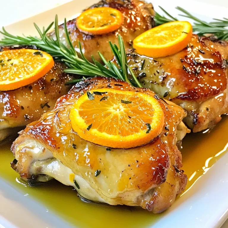 - 4 chicken thighs (bone-in, skin-on) - 2 oranges (juice and zest) - 1 tablespoon soy sauce - 2 tablespoons honey - 4 garlic cloves, minced - 1 teaspoon fresh ginger, grated - 1 tablespoon olive oil - Salt and pepper to taste - Fresh rosemary sprigs for garnish - Large mixing bowl - Whisk - Roasting pan - Meat thermometer (optional) Gathering the right ingredients and tools makes cooking fun and easy. I love using chicken thighs for this dish. Their juicy meat stays tender during roasting. The skin adds flavor and crispness. Fresh oranges are key. The juice and zest bring bright, tangy notes. The marinade is simple yet powerful. You need soy sauce for saltiness, honey for sweetness, and garlic for depth. Ginger adds a warm, spicy kick. Olive oil keeps everything moist. Don't skip salt and pepper; they enhance all flavors. For tools, a large mixing bowl helps combine all ingredients easily. A whisk ensures you blend the marinade well. A roasting pan is perfect for cooking the chicken evenly. If you have a meat thermometer, it can help check if the chicken is done. With these ingredients and tools, you're ready to create a delicious meal! {{ingredient_image_1}} To start, gather your ingredients. You will need orange juice, orange zest, soy sauce, honey, minced garlic, grated ginger, olive oil, salt, and pepper. In a large mixing bowl, combine the orange juice and zest with the other marinade ingredients. Use a whisk to mix everything well. This helps the flavors blend nicely. Next, take your chicken thighs and add them to the bowl with the marinade. Make sure they are well coated. For the best flavor, marinate them for at least 30 minutes. If you have time, marinating overnight in the fridge works even better. This adds more depth to the dish. Now it’s time to roast. Preheat your oven to 400°F (200°C). In a roasting pan, arrange the chicken thighs skin-side up. Pour the leftover marinade over the chicken. This will keep it juicy while it cooks. Roast for about 35-40 minutes. To enhance the flavor, baste the chicken with the marinade halfway through cooking. This step makes a big difference in taste. To get that delicious crispy skin, always use bone-in, skin-on thighs. This cut holds moisture well and cooks evenly. During roasting, place the chicken skin-side up in the pan. Roasting at a high temperature helps the skin get golden and crispy. Basting the chicken halfway through adds flavor and keeps the skin nice. For the best flavor, marinate your chicken overnight. This lets the flavors soak in deeply. You can also add herbs like thyme or spices like paprika to the marinade. This will give the chicken more depth and make it even better. Serve the roasted orange chicken on a big platter. Drizzle pan juices over the top for a nice touch. Pair it with steamed rice and sautéed green beans. This pairing gives a colorful and complete meal. For plating, arrange the green beans beside the chicken and sprinkle rosemary for a fresh look. Pro Tips Marinate Longer for Depth: For the best flavor, marinate the chicken thighs overnight. This allows the flavors to penetrate deeply into the meat. Use Fresh Ingredients: Fresh garlic and ginger can significantly enhance the flavor of your marinade compared to dried or powdered versions. Monitor Cooking Time: Cooking times can vary based on oven efficiency and chicken size. Always check that the internal temperature reaches 165°F (75°C). Baste for Extra Crispiness: Basting the chicken with the marinade halfway through roasting helps to achieve a crispy and flavorful skin. {{image_2}} You can switch up the flavor by using other citrus fruits. Lemon or lime can add a bright twist to your roasted orange chicken. If you use lemon, it brings a nice tartness. Lime adds a fresh zest that can uplift the dish. Just replace the orange juice and zest with an equal amount of your chosen citrus. This small change can create a whole new taste experience. Want to spice things up? Adding heat can elevate the dish. Red pepper flakes are a great choice. You can sprinkle them into the marinade. Start with a pinch and adjust to your taste. If you like more heat, add more flakes. This will give the chicken a kick and balance the sweetness of the orange. If you need a gluten-free option, tamari or coconut aminos work well. Both can replace soy sauce without losing flavor. Use the same amount as the soy sauce in the recipe. This simple swap makes the dish safe for those avoiding gluten. Enjoy the same great taste while keeping it friendly for all diets. To keep your roasted orange chicken fresh, store it in the fridge. Place the chicken in an airtight container. This helps prevent it from drying out. Enjoy your leftovers within three to four days for the best taste. If you want to save it longer, freezing is a great option. Wrap each piece of chicken tightly in plastic wrap. Then, place them in a freezer bag. Be sure to remove as much air as possible. Frozen chicken can last up to three months. Just label the bag with the date. To reheat your chicken, the oven works best. Preheat it to 350°F (175°C). Place the chicken on a baking sheet. Cover it with foil to keep it moist. Heat for about 15 to 20 minutes or until warm. If you're short on time, you can use the microwave. Place the chicken on a microwave-safe plate. Cover it with a damp paper towel to keep it from drying out. Heat on medium power for about 2 to 3 minutes. Check if it's warm enough. If not, continue heating in 30-second increments. Enjoy your flavorful chicken just like the first time! Marinate the chicken for at least 30 minutes. This time helps the flavors soak in. For best results, marinate overnight in the fridge. The extra time makes the chicken taste amazing. Yes, you can use chicken breasts. However, they cook faster than thighs. Chicken breasts take about 25 to 30 minutes to cook. Thighs need around 35 to 40 minutes. Thighs stay juicier and have more flavor, while breasts can dry out if overcooked. You can serve roasted orange chicken with several great sides. Here are some popular options: - Steamed rice - Sautéed green beans - Roasted vegetables - Garlic mashed potatoes - A fresh salad These sides make a colorful and tasty meal. They pair well with the sweet and tangy chicken. We covered how to make roasted orange chicken, starting with key ingredients like chicken thighs and oranges. I shared tips for marinating and roasting the chicken to achieve crispy skin and rich flavor. You can also explore variations with different citrus or spicy elements. For leftovers, I included storage and reheating tips to keep your meal fresh. With these simple steps, you can create a delicious dish that impresses. Enjoy your cooking!