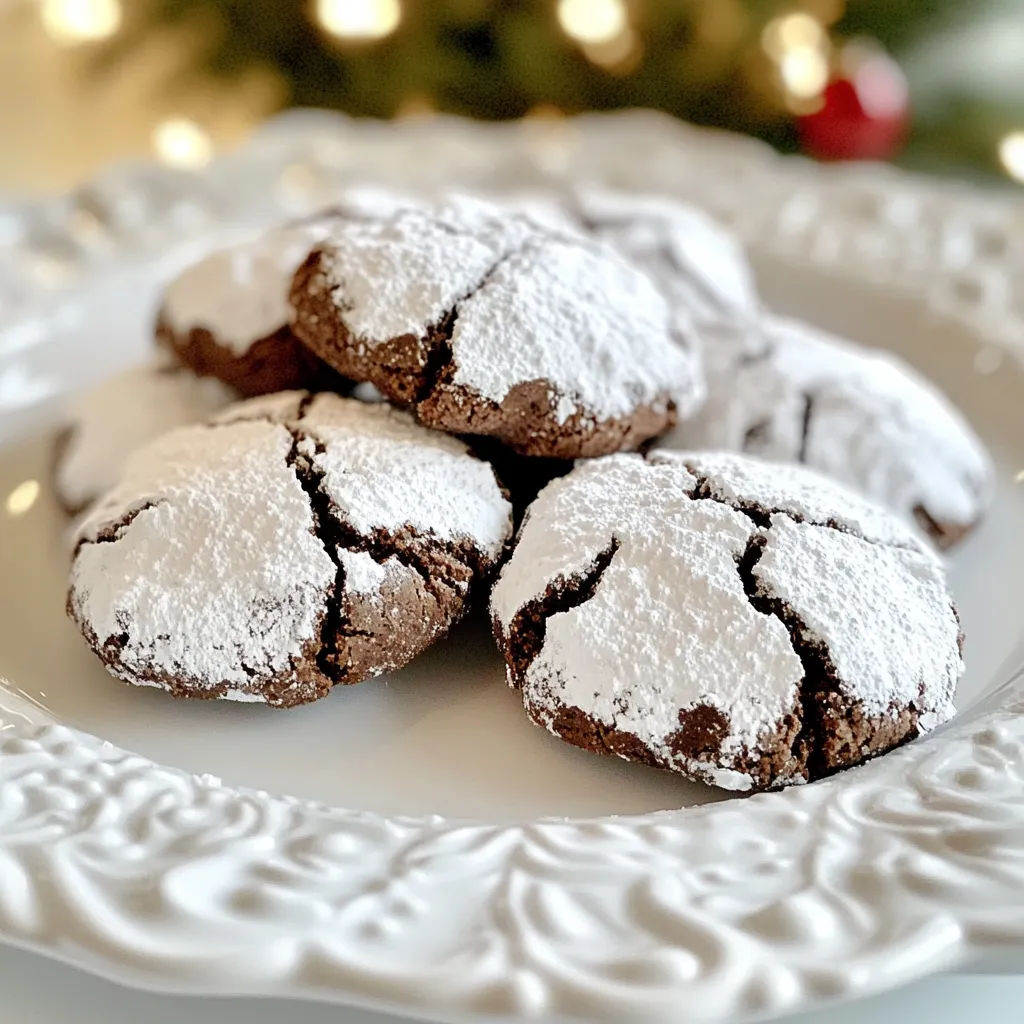 To make Brownie Crinkle Cookies, you need these key ingredients: - 1 cup semisweet chocolate chips - 1/4 cup unsweetened cocoa powder - 1/2 cup unsalted butter, softened - 1 cup granulated sugar - 2 large eggs - 1 teaspoon vanilla extract - 1/2 teaspoon baking powder - 1/4 teaspoon salt - 1 cup all-purpose flour - 1/2 cup powdered sugar (for dusting) These ingredients work together to create that rich, chewy texture. The chocolate chips and cocoa powder give the cookies a deep chocolate flavor. The butter adds that buttery richness, while the sugar helps with sweetness and texture. You can customize your Brownie Crinkle Cookies with a few optional ingredients. Here are some ideas: - Chopped nuts (like walnuts or pecans) for crunch - A pinch of espresso powder for a coffee kick - A splash of flavored extract, like almond or mint These additions can enhance flavor and texture. Feel free to play around with these options! If you need to swap some ingredients, here are some substitutes: - For semisweet chocolate chips, use dark chocolate chips or milk chocolate. - Coconut oil can replace unsalted butter in equal amounts. - For the eggs, try using a flaxseed meal mixture for a vegan option. These substitutes will still give you great cookies, so don't worry if you run out of something! Just remember to keep the ratios similar for best results. {{ingredient_image_1}} Start by preheating your oven to 350°F (175°C). This step is key to getting the right texture. While the oven heats, take a large baking sheet and line it with parchment paper. This paper keeps the cookies from sticking and makes cleanup easy. Make sure to set this aside while you mix your dough. Grab a microwave-safe bowl. Put in 1 cup of semisweet chocolate chips and 1/2 cup of unsalted butter, softened. Microwave this mixture in 30-second bursts. Stir it each time until it is melted and smooth. Let this mix cool for a bit. In a large mixing bowl, whisk together 1 cup of granulated sugar and 2 large eggs. You want this to be light and fluffy. Next, pour in the slightly cooled chocolate and add 1 teaspoon of vanilla extract. Stir until everything is well mixed. In a separate bowl, sift together 1/4 cup of unsweetened cocoa powder, 1/2 teaspoon of baking powder, 1/4 teaspoon of salt, and 1 cup of all-purpose flour. Slowly mix this dry blend into the chocolate mixture. Remember, you should mix just until combined; don’t overdo it! Once mixed, cover the dough with plastic wrap and chill it in the fridge for about 30 minutes. This will help the dough firm up. After chilling, scoop tablespoon-sized portions and roll them into balls. Roll each ball in powdered sugar until fully coated. Now, space the cookie balls on the lined baking sheet. Keep them about 2 inches apart. Bake these in the preheated oven for 10-12 minutes. Look for edges that are set but centers that feel soft. Once done, let the cookies cool on the baking sheet for a few minutes. Afterward, transfer them to a wire rack to cool completely. Enjoy the rich, chewy goodness! To get those lovely cracks on your cookies, you need to chill the dough. After mixing, cover it and pop it in the fridge for about 30 minutes. This step helps the dough firm up. When you roll the dough balls in powdered sugar, make sure you coat them well. The sugar will create that beautiful crinkle effect as they bake. Bake your cookies at 350°F for just 10-12 minutes. The edges should set while the centers stay soft. This balance is key to a chewy cookie! One common mistake is overmixing the dough. It can make your cookies tough. Mix just until combined to keep them soft and chewy. Another mistake is not chilling the dough. If you skip this step, the cookies may spread too much while baking. Also, keep an eye on your baking time. If you leave them in too long, they will turn hard. Trust the baking time and check them regularly towards the end. To keep your cookies fresh, store them in an airtight container. Place a piece of bread in the container to help keep them soft. If you have many cookies, you can freeze them. Just place them in a single layer on a baking sheet and freeze until solid. Then, transfer them to a freezer bag. They will stay fresh for up to three months. When you're ready to enjoy, thaw them at room temperature. Pro Tips Chill the Dough: Chilling the cookie dough for at least 30 minutes helps to firm it up, making it easier to roll into balls and preventing the cookies from spreading too much while baking. Use Quality Chocolate: For the best flavor, opt for high-quality semisweet chocolate chips. The better the chocolate, the richer your cookies will taste! Don’t Overbake: To achieve that perfect fudgy center, keep an eye on the cookies and remove them from the oven when the edges are set but the centers still look slightly soft. Experiment with Mix-Ins: Feel free to customize your brownie crinkle cookies by adding chopped nuts, or white chocolate chips for a fun twist! {{image_2}} You can add nuts to your cookie dough for extra crunch. Chopped walnuts or pecans work well. Mix in about 1/2 cup of nuts after combining the wet and dry ingredients. You can also use chocolate chunks or a mix of both. This adds texture and flavor. If you like a little saltiness, sprinkle in some sea salt with the nuts. This balance makes each bite exciting and tasty. To make gluten-free cookies, swap the all-purpose flour for gluten-free flour. Use a blend that measures cup-for-cup. This keeps the dough the same and gives you a chewy cookie. Be sure to check your baking powder too; some brands contain gluten. You can use gluten-free baking powder for best results. These cookies will still taste amazing and satisfy everyone. For a fun twist, try adding flavors. A teaspoon of peppermint extract gives a fresh minty taste. If you like coffee, mix in 1 tablespoon of espresso powder. This enhances the chocolate flavor. For a citrusy zing, add a bit of orange zest. Zest from one orange is enough. These flavor infusions make your cookies stand out and offer something new each time you bake. To keep your Brownie Crinkle Cookies fresh, store them in an airtight container. This will lock in moisture and flavor. You can place a slice of bread in the container to help keep the cookies soft. Just make sure the bread does not touch the cookies. You can freeze these cookies for later enjoyment. First, let them cool completely. Then, place them in a single layer on a baking sheet. Freeze them for about an hour. Once firm, transfer the cookies to a freezer-safe bag. This method helps prevent sticking and keeps them fresh. Brownie Crinkle Cookies last about one week at room temperature. If stored properly in the fridge, they can last up to two weeks. In the freezer, they can stay fresh for up to three months. Just thaw them in the fridge overnight before enjoying. Brownie Crinkle Cookies are unique because they have a chewy texture and a crispy top. Unlike regular brownies, these cookies have a puffed-up look with cracks that form during baking. This crinkle effect gives them a fun appearance and a different bite. The dough is also rolled in powdered sugar, which adds sweetness and a pretty finish. Yes, you can use dark chocolate instead of semisweet chocolate chips. Dark chocolate will give your cookies a richer flavor. Just remember, dark chocolate is less sweet. You might need to adjust the sugar in your recipe if you want them sweeter. Experimenting can lead to tasty results! You can tell the cookies are done when the edges look set but the centers are still soft. They will continue to bake a little after you take them out. It usually takes about 10 to 12 minutes in the oven. If you see cracks on top, that's a good sign too! Absolutely! Doubling the recipe is easy. Just multiply each ingredient by two. Make sure you have enough space on your baking sheets. You might need to bake them in batches. Enjoy sharing your cookies with friends and family! In this post, we explored the essentials for making brownie crinkle cookies. You learned about key ingredients and helpful substitutes to suit your taste. I shared step-by-step instructions for a perfect bake, and tips for those crinkle patterns. We also discussed variations for more flavor. Finally, I covered the best storage methods to keep your cookies fresh. Remember, with a little practice, you can master these treats and enjoy them for days! Happy baking!