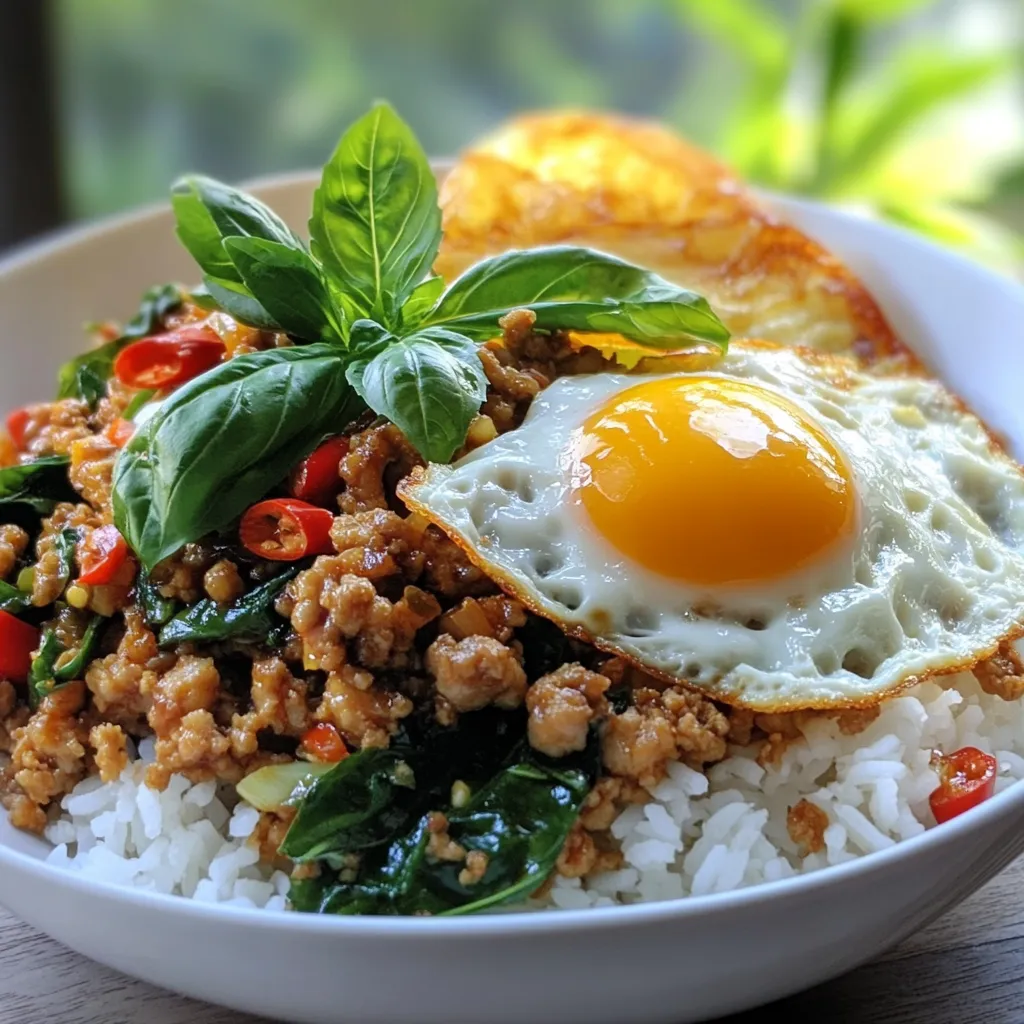 - 500g ground chicken - 1 cup fresh Thai basil leaves - 4 cloves garlic, minced - 3-4 Thai bird’s eye chilies, finely chopped - 2 tablespoons vegetable oil - 1 tablespoon soy sauce - 1 tablespoon oyster sauce - 1 teaspoon sugar - 1 tablespoon fish sauce - 1 bell pepper, sliced (optional) - 1 onion, sliced (optional) - Cooked jasmine rice (for serving) - Fried egg (optional) To make Pad Kra Pao Thai Basil Chicken, gather these fresh ingredients. First, the ground chicken forms the base. I recommend using high-quality chicken for the best taste. The Thai basil leaves add a unique aroma and flavor. You can find them at Asian markets or specialty stores. Next, minced garlic and bird’s eye chilies bring a spicy kick. Adjust the chilies based on your spice preference. The vegetable oil is essential for sautéing and helps blend the flavors. Sauces like soy and oyster provide depth. Sugar balances the saltiness. Fish sauce, a key ingredient, adds umami. You can also throw in bell pepper and onion for color and crunch. Lastly, serve your dish with jasmine rice. A fried egg on top makes it even better. This combination creates a satisfying and flavorful meal. {{ingredient_image_1}} - Heat the Oil In a large skillet or wok, heat 2 tablespoons of vegetable oil over medium-high heat. Wait until it shimmers. - Sauté Aromatics Add 4 minced garlic cloves and 3-4 finely chopped Thai bird’s eye chilies. Stir for about 30 seconds until fragrant. - Cook the Chicken Add 500g of ground chicken to the pan. Break it apart with a spatula. Cook for 5-7 minutes until fully cooked and caramelized. - Add Vegetables If you like, stir in 1 sliced bell pepper and 1 sliced onion. Cook for an additional 2-3 minutes until the vegetables are tender. - Season the Mixture Stir in 1 tablespoon of soy sauce, 1 tablespoon of oyster sauce, 1 teaspoon of sugar, and 1 tablespoon of fish sauce. Mix well and cook for another 2 minutes. - Add Basil Turn off the heat and add 1 cup of fresh Thai basil leaves. Toss quickly until the basil is wilted and fragrant. - Serve Serve the chicken mixture over bowls of hot jasmine rice. Top with a fried egg if you wish. Importance of Fresh Ingredients Using fresh ingredients is key. Fresh Thai basil adds a bright taste. Fresh garlic gives a strong aroma. Always use quality chicken for the best texture. Adjusting Spice Levels You control the heat! For a milder dish, use fewer chilies. Remove seeds to lower the spice. For more heat, add more Thai bird’s eye chilies. Taste as you go to find your perfect balance. Cooking Techniques for Best Results Use a hot skillet or wok. This helps the chicken sear nicely. Stir-fry quickly to keep the chicken juicy. Add the basil at the end to preserve its flavor. Best Side Dishes Serve Pad Kra Pao with jasmine rice. It soaks up the sauce well. You can also pair it with a simple cucumber salad. This adds a refreshing crunch. Garnishes and Toppings Top your dish with a fried egg. This adds richness to the meal. Fresh lime wedges also bring brightness. You can sprinkle extra basil for a pop of color. Pro Tips Use Fresh Ingredients: Always opt for fresh Thai basil and vegetables to enhance the flavor and aroma of your dish. Adjust Spice Level: Feel free to add more or fewer bird's eye chilies based on your preference for heat. You can also deseed them for a milder taste. Perfectly Cooked Chicken: Make sure to break the ground chicken into small pieces while cooking to ensure even browning and flavor absorption. Fried Egg Addition: A fried egg on top adds richness and flavor; ensure the yolk is runny to create a delicious sauce when mixed with the chicken. {{image_2}} Alternatives for Chicken If you want a different flavor, use ground turkey or pork instead of chicken. These meats absorb the sauce well and still keep the dish tasty. You can also try diced chicken breast or thighs for a chunkier texture. Vegetarian Options For a plant-based meal, substitute the ground chicken with crumbled tofu or tempeh. Both options soak up the sauce nicely and add a good dose of protein. You can even use mushrooms for a chewy texture and umami flavor. Pad Kra Pao with Different Proteins In Thailand, you might find Pad Kra Pao made with beef or duck. These proteins can add a rich taste. Just make sure to adjust cooking times based on the protein you choose. Additions like Shrimp or Tofu Try adding shrimp for a seafood twist! Just sauté them until pink before adding the sauces. For a vegetarian option, firm tofu works great. Just press it to remove excess water and then cube it before cooking. Add it in during the last few minutes to warm through. - Refrigeration Guidelines: First, let the Pad Kra Pao cool down. Once it’s cool, place it in an airtight container. Store it in the fridge for up to three days. This keeps the flavors fresh and safe to eat. - Freezing Instructions: If you want to keep it longer, freeze the leftovers. Use a freezer-safe container or bag. Make sure to remove as much air as possible. It can last up to two months in the freezer. When you're ready to eat, thaw it in the fridge overnight. - Best Methods to Reheat: To reheat, you can use the stove or microwave. For the stove, heat a little oil in a pan. Add the leftover Pad Kra Pao and stir until hot. This helps keep it tasty. If using a microwave, place the dish in a microwave-safe bowl. Cover it and heat in short bursts, stirring in between. This ensures even heating without drying it out. Pad Kra Pao is a popular Thai stir-fry dish. It features ground meat, often chicken, cooked with holy basil. The dish is known for its bold flavors and aromatic ingredients. It is typically served over rice with a fried egg on top. Yes, you can prepare Pad Kra Pao ahead of time. Cook the chicken mixture and store it in the fridge. When ready to eat, just reheat it and serve over fresh rice. This makes meal prep easy and quick. Pad Kra Pao can be spicy, depending on the chilies used. Thai bird’s eye chilies add heat. You can adjust the spice level by using fewer chilies. If you prefer no spice, leave them out completely. Pad Kra Pao pairs well with jasmine rice. You can also serve it with a fried egg on top. For a complete meal, add a side of stir-fried vegetables or a simple salad. Fresh basil gives the best flavor in Pad Kra Pao. Dried basil lacks the same vibrant taste. If you must use dried, reduce the amount. Use about one-third of what the recipe calls for. This post guides you through making Pad Kra Pao. We looked at ingredients, cooking steps, and tips for great flavor. Remember, fresh ingredients make a big difference. Adjust spice levels to fit your taste. Try different proteins or vegetarian options for variety. Store leftovers in the fridge or freezer, and reheat properly. I hope you enjoy this simple, delicious dish that can easily be a family favorite!