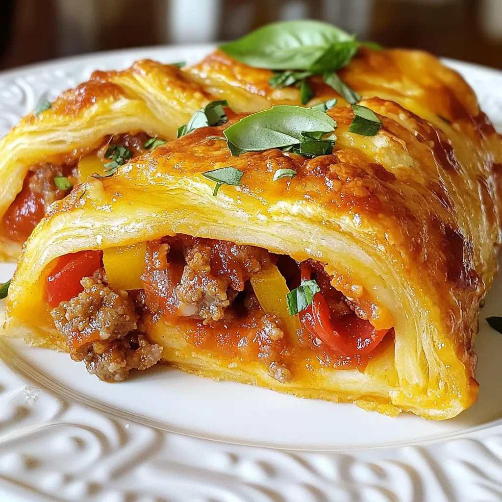 - 2 cans refrigerated crescent roll dough - 1 pound Italian sausage, cooked and crumbled - 1 cup sliced pepperoni - 1 cup mozzarella cheese, shredded - 1/2 cup diced bell peppers (red and green) - 1/2 cup diced onion - 1 cup marinara sauce - 1 teaspoon Italian seasoning - 1/2 teaspoon garlic powder - Salt and pepper to taste - Fresh basil leaves for garnish (optional) To start, you need two cans of crescent roll dough. This dough gives a flaky base and top. You can swap it with puff pastry if you want a different texture. The main meat is Italian sausage. You can use turkey sausage or even plant-based sausage for a lighter dish. Next, add one cup of sliced pepperoni. If you prefer, you can replace pepperoni with salami or even prosciutto. For cheese, use one cup of shredded mozzarella. You can mix in provolone or cheddar for extra flavor. You also need a half cup of diced bell peppers. Any color works, but I love using both red and green for a pop of color and taste. Add half a cup of diced onion. Yellow or white onions work best. For the sauce, one cup of marinara sauce brings moisture and taste. You can use store-bought or homemade. Spices are crucial. Use one teaspoon of Italian seasoning and half a teaspoon of garlic powder. Adjust salt and pepper to your liking. Finally, fresh basil leaves are optional for garnish. They add a nice touch and freshness to the dish. {{ingredient_image_1}} First, cook the Italian sausage. Heat a skillet over medium heat. Add the sausage and break it apart with a spoon. Cook until it turns brown and crumbly. This takes about 5 to 7 minutes. Drain any extra grease. This keeps the dish from being too oily. Next, you need to prep the crescent roll dough. Open one can of the dough. Carefully unroll it and press it into a greased 9x13-inch baking dish. Make sure to cover the bottom and the sides slightly. This will form a nice base for your filling. Now, combine the filling ingredients in a large bowl. Add the cooked sausage, sliced pepperoni, and shredded mozzarella cheese. Then, toss in diced bell peppers and onion. Pour in the marinara sauce, and sprinkle in the Italian seasoning and garlic powder. Season with salt and pepper. Mix everything well. This will create a tasty filling that packs in all the flavors. To layer and seal the dough, spoon the meat and cheese mixture evenly over the crescent roll base. Make sure it spreads out nicely. Now, unroll the second can of crescent roll dough. Place it over the filling. Pinch the edges to seal them closed. This helps keep all the goodness inside while baking. Set your oven to 375°F (190°C). Bake the dish for about 25 to 30 minutes. Watch for the top to turn golden brown and the filling to bubble. This shows that it's ready. Once done, take it out and let it cool for a few minutes. This makes slicing easier. Enjoy your Italian Crescent Sandwich Bake! To make your Italian Crescent Sandwich Bake pop, try these spices: - 1 teaspoon Italian seasoning - 1/2 teaspoon garlic powder - Salt and pepper to taste These spices add depth and warmth. You can also add fresh herbs like basil or oregano for a fresh taste. Balancing flavors is key. Taste your filling mix before baking. If it feels too rich, add a pinch of salt. If it is too salty, add a splash of marinara sauce. Browning the sausage well is crucial. This step adds flavor. Cook it in a hot skillet until it is well-browned. Break it into small pieces as it cooks. This ensures even cooking and great texture. To prevent sogginess in the bottom layer, press the crescent dough firmly into the dish. Make sure it covers the bottom and sides evenly. Use a fork to poke small holes in the dough. This allows steam to escape while baking. You want a nice, crisp base. Pro Tips Use Fresh Ingredients: Opt for fresh bell peppers and basil to enhance the flavor of your sandwich bake. Customize Your Fillings: Feel free to add other ingredients like mushrooms or olives to suit your taste preferences. Don’t Skip the Marinara: A good quality marinara sauce will elevate the dish, adding richness and moisture to the filling. Let It Rest: Allow the baked sandwich to cool for a few minutes before slicing; this helps the filling set and makes for easier serving. {{image_2}} You can easily change some ingredients for this dish. - Vegetarian alternatives: Use mushrooms instead of Italian sausage. Add in extra veggies, like spinach, zucchini, or artichokes. You can also use plant-based sausage for a meat-like flavor. - Gluten-free options: Swap the crescent roll dough for gluten-free dough. You can find this at most grocery stores. Just check the package for the right cooking time. Experimenting with flavors makes this dish fun. - Adding different cheeses: Try using provolone or cheddar for a new taste. A mix of cheeses adds creaminess and flavor. - Experimenting with other meats: You can add ham or salami for a twist. Even cooked chicken works well. Mix and match to find your favorite combo! When your Italian Crescent Sandwich Bake is done, let it cool first. This helps keep it fresh. Place the leftovers in an airtight container. Glass or plastic containers work well. Make sure to store it in the fridge. It will last for about three to four days. If you want to keep it longer, consider freezing it. Just use freezer-safe containers. To reheat your leftovers, you have a few options. The best way is to use the oven. Preheat it to 350°F (175°C). Place the sandwich bake in an oven-safe dish. Cover it with foil to keep it moist. Heat for about 15 to 20 minutes. You can also use a microwave. Place a slice on a microwave-safe plate. Heat it for 30 to 60 seconds, depending on your microwave. However, the oven keeps the texture better. Reheating this way prevents it from getting soggy. Enjoy your tasty leftovers! Can I prepare this dish ahead of time? Yes, you can prepare this dish ahead of time. Make the filling and assemble it in the baking dish. Cover it and store it in the fridge for up to a day. When you're ready to bake, pop it in the oven. This saves time and is great for meal prep. How do I know when the sandwich bake is done? The sandwich bake is done when the top is golden brown. You can also check if the filling bubbles. If both these signs are there, your dish is ready. Let it cool slightly before slicing to ensure easier servings. Can I freeze the Italian Crescent Sandwich Bake? Yes, you can freeze it. After baking, let it cool completely. Then, wrap it tightly in plastic wrap or foil. Store it in a freezer-safe container. It will stay good for up to three months. When ready to eat, thaw and bake until heated through. What can I serve with this dish? You can serve this dish with a simple salad. A side of garlic bread pairs well too. For a light option, try some fresh veggies with dip. These sides add freshness and balance the rich flavors of the sandwich bake. You now have a complete guide to creating a delicious Italian Crescent Sandwich Bake. We covered every step, from gathering ingredients to serving options. Ingredient swaps and cooking tips ensure your dish suits any taste. Proper storage and reheating will keep leftovers tasty. Remember, cooking is fun—experiment and make it your own. Enjoy each bite, and don't be afraid to share your results! Happy cooking!