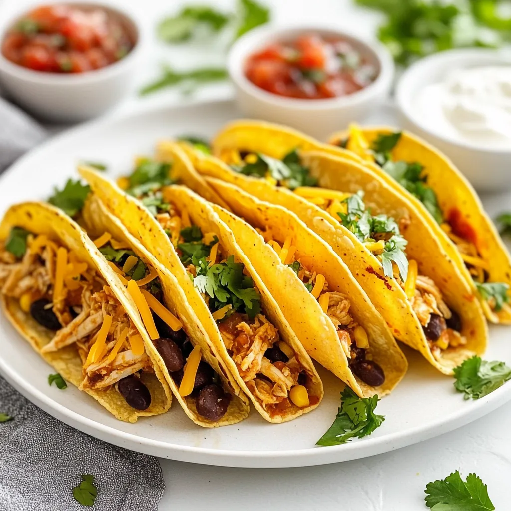 - 2 large chicken breasts, cooked and shredded - 1 cup cooked black beans, drained and rinsed - 1 cup corn kernels (fresh or frozen) - 1 teaspoon cumin - 1 teaspoon paprika - 1 teaspoon garlic powder - Salt and pepper to taste - 1 cup shredded cheese (cheddar or a Mexican blend) - 8 small soft tortillas - 2 tablespoons olive oil - Fresh cilantro, chopped (for garnish) To create rolled chicken tacos, you need a mix of flavors and textures. The chicken gives a nice base. Shredded chicken is easy to work with and absorbs spices well. Black beans add protein and a creamy texture. Corn brings sweetness and crunch. The spices—cumin, paprika, and garlic powder—enhance the flavor. Don't forget salt and pepper; they are key to making your dish pop. - Cheese varieties (cheddar or Mexican blend) - Tortilla options (flour or corn) - Garnishes and dips (sour cream, salsa) You can choose your favorite cheese for extra richness. Cheddar melts nicely, while a Mexican blend adds a kick. For tortillas, you can use flour or corn, depending on what you like. Lastly, garnishes like chopped cilantro brighten the dish. Pairing with sour cream and salsa adds extra flavor and creaminess. These options let you customize your tacos to your taste. {{ingredient_image_1}} To start, take two cooked chicken breasts. You can use rotisserie chicken for ease. Shred the chicken using two forks. Aim for small, bite-sized pieces. This makes it easy to mix and roll. Get eight small soft tortillas. You can use flour or corn, based on your taste. Warm them in a pan for about 30 seconds on each side. This makes them more flexible for rolling. In a large bowl, add the shredded chicken. Then, mix in one cup of cooked black beans and one cup of corn. Next, sprinkle in one teaspoon each of cumin, paprika, and garlic powder. Add salt and pepper to taste. Stir well so all ingredients blend nicely. Lay a tortilla flat on your surface. Spoon a generous amount of the chicken mixture down the center. Sprinkle some shredded cheese on top. Now, roll the tortilla tightly around the filling. Make sure the seam is on the bottom. Repeat this with the rest of the tortillas. Heat two tablespoons of olive oil in a large skillet over medium heat. Once the oil is hot, carefully add the rolled tacos seam-side down. Cook for 3 to 4 minutes until they are golden brown. Flip them carefully to cook the other side for another 3 to 4 minutes. This step gives you that nice crispy texture. After frying, place the tacos on paper towels to soak up extra oil. Achieving the Right Crispiness To get your rolled chicken tacos crispy, use enough oil in the skillet. I prefer olive oil for flavor. Heat the oil to medium heat; too hot will burn the tacos. Cook them seam-side down first. This helps seal them. After a few minutes, flip them gently. You want a nice golden brown color on both sides. Place the cooked tacos on paper towels to soak up oil. Flavor Enhancements Mixing in spices is key to flavor. I use cumin, paprika, and garlic powder. You can also add jalapeños for heat. Fresh herbs, like cilantro, brighten up the dish. Mix these into your chicken filling for a flavor boost. Don’t forget to add cheese, too; it melts beautifully inside. Serve with sour cream or salsa for extra taste. Overfilling the Tacos It’s easy to want to stuff your tacos full. However, overfilling can make them hard to roll. Aim for about a half cup of filling for each taco. This amount keeps them tight and crispy. Cooking Temperature Pay attention to the cooking temperature. Too high can burn the outside while leaving the inside cold. Medium heat works best. This allows the cheese to melt and the tortilla to crisp up nicely. Always keep an eye on them to ensure they cook evenly. Pro Tips Use Leftover Chicken: This recipe is perfect for using up any leftover roasted or rotisserie chicken, saving you time and enhancing the flavor. Customize Your Fillings: Feel free to add other ingredients like diced bell peppers, jalapeños, or even some cream cheese for extra creaminess and flavor. Keep Tacos Warm: If you're making a large batch, keep the cooked tacos warm in a low oven (around 200°F) until ready to serve. Experiment with Cheese: Try different types of cheese like pepper jack for a spicy kick or mozzarella for a milder flavor. {{image_2}} You can swap chicken for beef or go meatless. Ground beef works great in these tacos. Just cook it with the same spices, and you’re set. For a vegetarian twist, use beans or lentils. They add protein and lots of flavor. Want some heat? Add spicy chicken! Use jalapeños or hot sauce in the filling. This makes each bite exciting. You can also mix in spicy sausage for a kick. Adjust the spice level to fit your taste. You can choose to bake or fry your tacos. Baking gives you a lighter option. Place rolled tacos on a baking sheet and brush them with oil. Bake at 400°F for about 20 minutes until golden. Frying, however, makes them extra crispy. Use a skillet and heat oil over medium. Fry each taco for 3-4 minutes on each side. This gives them a nice golden color and delicious crunch. Setting up a taco bar is a fun option too. Lay out all your ingredients. Let everyone build their own tacos! Offer toppings like sour cream, salsa, and fresh cilantro. This makes the meal interactive and enjoyable for all. To keep your rolled chicken tacos fresh, store them in the fridge. Use an airtight container. They stay good for about three to four days. Make sure they cool down before sealing. This helps avoid sogginess. If you want to save them for later, freezing works too. Wrap each taco in plastic wrap. Then place them in a freezer-safe bag. They can last up to three months. Label the bag with the date for easy tracking. Reheating your tacos can be easy. You can use the microwave or the oven. In the microwave, place a taco on a plate. Heat for about 30 seconds. Check if it’s warm enough. If not, heat for another 15 seconds. Using the oven gives a nice crisp. Preheat it to 375°F. Place the tacos on a baking sheet. Heat for about 10-15 minutes. This keeps them crunchy and tasty. Enjoy your leftovers just as much as the first time! Can I use pre-cooked chicken? Yes, you can use pre-cooked chicken. It saves time and makes the recipe easy. Just shred it and mix it with the other ingredients. Using pre-cooked chicken still gives you great flavor. Make sure it’s seasoned well. If it's bland, add some extra spices to boost the taste. How can I make them spicier? To make rolled chicken tacos spicier, add diced jalapeños to the filling. You can also use spicy salsa or hot sauce when serving. Another idea is to use pepper jack cheese instead of regular cheese. This adds heat and flavor in every bite. What to serve with rolled chicken tacos? You can serve rolled chicken tacos with a simple salad or rice. A fresh side helps balance the meal. I love adding guacamole or pico de gallo for extra flavor. These fresh sides make the dish more vibrant. Best sauces and sides to accompany tacos. Sour cream is a classic dip that cools down the heat. Also, try serving them with salsa or a spicy chipotle sauce. Don’t forget to add some fresh cilantro on top. It gives a nice color and flavor. You can also offer tortilla chips on the side for extra crunch. You now have a clear guide to making rolled chicken tacos. We covered the main ingredients, cooking steps, and tips to get them just right. Don’t forget about variations and how to store leftovers properly. I hope these insights inspire you to create and enjoy these tasty treats. Tacos can be simple or exciting based on your choices. Dive in and experiment with flavors. Happy cooking!