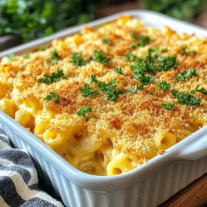 To make Crunchy Baked Mac and Cheese, gather these simple items: - 2 cups elbow macaroni - 4 cups sharp cheddar cheese, shredded - 1 cup Gruyère cheese, shredded - 1/2 cup parmesan cheese, grated - 3 cups milk - 1/4 cup unsalted butter - 1/4 cup all-purpose flour - 1 teaspoon garlic powder - 1 teaspoon mustard powder - 1/2 teaspoon smoked paprika - Salt and pepper to taste - 1 cup panko breadcrumbs - 2 tablespoons fresh parsley, chopped (for garnish) For this dish, cheese is key. I love using sharp cheddar for its bold taste. Gruyère adds a nice creaminess. You can mix it up with these options: - Mozzarella for a stretchier texture - Fontina for a nutty flavor - Gouda for a smoky hint If you want to switch things up, try these alternatives: - Whole wheat elbow macaroni for a healthier option - Almond milk or oat milk for a dairy-free choice - Olive oil instead of butter for a lighter dish - Vegan cheese for a plant-based version These swaps can help you create a dish that fits your taste and needs! {{ingredient_image_1}} Start by bringing a large pot of salted water to a boil. Add 2 cups of elbow macaroni to the water. Cook the pasta for 6 to 8 minutes until it is al dente. You want it firm but not hard. Drain the macaroni in a colander and set it aside. This step is key to avoid mushy pasta later. In the same pot, melt 1/4 cup of unsalted butter over medium heat. Once it melts, whisk in 1/4 cup of all-purpose flour. Cook this mix for about 2 minutes. It should bubble and thicken a bit. Now, slowly add 3 cups of milk while whisking. This helps keep the sauce smooth. Cook until the sauce thickens, which takes about 5 to 7 minutes. Stir in 1 teaspoon of garlic powder, 1 teaspoon of mustard powder, and 1/2 teaspoon of smoked paprika. Add salt and pepper to taste. Then, gradually mix in 4 cups of shredded sharp cheddar cheese and 1 cup of shredded Gruyère cheese. Stir until everything is melted and smooth. Now, fold the cooked macaroni into the cheese sauce. Make sure each piece of pasta gets coated well. Pour this mix into a greased 9x13 inch baking dish. In a separate bowl, combine 1 cup of panko breadcrumbs with 1/2 cup of grated parmesan cheese and a drizzle of olive oil. Mix until the breadcrumbs are coated. Spread this topping evenly over the mac and cheese. Bake in the oven at 350°F for 25 to 30 minutes. You want the top to be golden and crunchy. After baking, let it cool slightly. Garnish with 2 tablespoons of chopped fresh parsley before serving. Enjoy your crunchy baked mac and cheese! To get that great crunch, use panko breadcrumbs. They are lighter and crispier than regular breadcrumbs. Mix them with grated parmesan and a bit of olive oil. This adds flavor and helps the topping brown nicely. Spread this mixture evenly over the mac and cheese. Bake until golden. Keep an eye on it. You want it crispy, not burnt. Bake your mac and cheese at 350°F (175°C). This temperature cooks the dish evenly. Bake it for 25 to 30 minutes. Check it at 25 minutes. Look for a golden top. If it’s not golden, give it a few more minutes. Let it cool for a few minutes before serving. This makes it easier to scoop. Serve your crunchy baked mac and cheese with a fresh salad. A simple green salad balances the cheesy dish. You can also pair it with grilled vegetables or garlic bread. For a protein boost, add chicken or bacon. This adds flavor and makes the meal heartier. Don’t forget to sprinkle some fresh parsley on top for color! Pro Tips Use High-Quality Cheese: For the best flavor and creaminess, opt for high-quality sharp cheddar and Gruyère cheese. Don't Overcook the Pasta: Cook the macaroni just until al dente, as it will continue to cook in the oven. Customize Your Toppings: Feel free to add other toppings like crispy bacon, herbs, or different types of cheese for added flavor. Let It Rest: Allow the baked mac and cheese to cool for a few minutes before serving to help it set and make serving easier. {{image_2}} You can add chicken or bacon for extra flavor. Cook chicken first, then add it to the mac and cheese before baking. For bacon, cook until crispy, chop it, and mix it in. Both options give you a hearty dish that satisfies. If you're vegetarian, skip the meat but keep the flavor. You can add veggies like broccoli, spinach, or bell peppers. Just steam them lightly before mixing in. This will add color and nutrition to your mac and cheese. Want some heat? You can add jalapeños or crushed red pepper flakes. Mix them in with the cheese sauce for warmth. If you like it really spicy, use pepper jack cheese instead of cheddar. This adds a nice kick to each bite. To keep your crunchy baked mac and cheese fresh, let it cool first. Place it in an airtight container. Store it in the fridge for up to three days. Make sure to cover it well to keep moisture out. If you want to freeze leftovers, first cool them completely. Use a freezer-safe container or a heavy-duty freezer bag. This will help keep it fresh for up to three months. When ready to eat, thaw it overnight in the fridge. For the best taste, reheat your mac and cheese in the oven. Preheat the oven to 350°F (175°C). Cover the dish with foil to keep it moist. Bake for about 20 minutes. If you want it crunchy again, remove the foil for the last 5 minutes. You can also use the microwave, but it may not stay crunchy. Yes, you can make this dish ahead of time. Cook the macaroni and cheese as usual. Then, store it uncovered in the fridge before baking. When you are ready, add the panko topping. Bake it straight from the fridge. You may need to add a few extra minutes to the baking time. If you don't have panko, use regular breadcrumbs instead. You can also crush crackers or chips for a crunchy topping. For a gluten-free option, try ground almonds or gluten-free breadcrumbs. To get a creamy dish, skip the panko topping. After mixing the cheese sauce with the macaroni, serve it right away. You can also add more milk or cream to the cheese sauce. This will help keep it smooth and creamy. This article covered key ingredients and steps for the perfect mac and cheese. You learned about cheese options, alternative ingredients, and ways to add protein or spice. Tips included how to achieve a crunchy topping and the best cooking times. Finally, you found storage and reheating advice. Now, you’re ready to impress with your own mac and cheese. Enjoy the process and have fun creating!