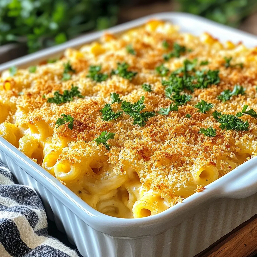 To make Crunchy Baked Mac and Cheese, gather these simple items: - 2 cups elbow macaroni - 4 cups sharp cheddar cheese, shredded - 1 cup Gruyère cheese, shredded - 1/2 cup parmesan cheese, grated - 3 cups milk - 1/4 cup unsalted butter - 1/4 cup all-purpose flour - 1 teaspoon garlic powder - 1 teaspoon mustard powder - 1/2 teaspoon smoked paprika - Salt and pepper to taste - 1 cup panko breadcrumbs - 2 tablespoons fresh parsley, chopped (for garnish) For this dish, cheese is key. I love using sharp cheddar for its bold taste. Gruyère adds a nice creaminess. You can mix it up with these options: - Mozzarella for a stretchier texture - Fontina for a nutty flavor - Gouda for a smoky hint If you want to switch things up, try these alternatives: - Whole wheat elbow macaroni for a healthier option - Almond milk or oat milk for a dairy-free choice - Olive oil instead of butter for a lighter dish - Vegan cheese for a plant-based version These swaps can help you create a dish that fits your taste and needs! {{ingredient_image_1}} Start by bringing a large pot of salted water to a boil. Add 2 cups of elbow macaroni to the water. Cook the pasta for 6 to 8 minutes until it is al dente. You want it firm but not hard. Drain the macaroni in a colander and set it aside. This step is key to avoid mushy pasta later. In the same pot, melt 1/4 cup of unsalted butter over medium heat. Once it melts, whisk in 1/4 cup of all-purpose flour. Cook this mix for about 2 minutes. It should bubble and thicken a bit. Now, slowly add 3 cups of milk while whisking. This helps keep the sauce smooth. Cook until the sauce thickens, which takes about 5 to 7 minutes. Stir in 1 teaspoon of garlic powder, 1 teaspoon of mustard powder, and 1/2 teaspoon of smoked paprika. Add salt and pepper to taste. Then, gradually mix in 4 cups of shredded sharp cheddar cheese and 1 cup of shredded Gruyère cheese. Stir until everything is melted and smooth. Now, fold the cooked macaroni into the cheese sauce. Make sure each piece of pasta gets coated well. Pour this mix into a greased 9x13 inch baking dish. In a separate bowl, combine 1 cup of panko breadcrumbs with 1/2 cup of grated parmesan cheese and a drizzle of olive oil. Mix until the breadcrumbs are coated. Spread this topping evenly over the mac and cheese. Bake in the oven at 350°F for 25 to 30 minutes. You want the top to be golden and crunchy. After baking, let it cool slightly. Garnish with 2 tablespoons of chopped fresh parsley before serving. Enjoy your crunchy baked mac and cheese! To get that great crunch, use panko breadcrumbs. They are lighter and crispier than regular breadcrumbs. Mix them with grated parmesan and a bit of olive oil. This adds flavor and helps the topping brown nicely. Spread this mixture evenly over the mac and cheese. Bake until golden. Keep an eye on it. You want it crispy, not burnt. Bake your mac and cheese at 350°F (175°C). This temperature cooks the dish evenly. Bake it for 25 to 30 minutes. Check it at 25 minutes. Look for a golden top. If it’s not golden, give it a few more minutes. Let it cool for a few minutes before serving. This makes it easier to scoop. Serve your crunchy baked mac and cheese with a fresh salad. A simple green salad balances the cheesy dish. You can also pair it with grilled vegetables or garlic bread. For a protein boost, add chicken or bacon. This adds flavor and makes the meal heartier. Don’t forget to sprinkle some fresh parsley on top for color! Pro Tips Use High-Quality Cheese: For the best flavor and creaminess, opt for high-quality sharp cheddar and Gruyère cheese. Don't Overcook the Pasta: Cook the macaroni just until al dente, as it will continue to cook in the oven. Customize Your Toppings: Feel free to add other toppings like crispy bacon, herbs, or different types of cheese for added flavor. Let It Rest: Allow the baked mac and cheese to cool for a few minutes before serving to help it set and make serving easier. {{image_2}} You can add chicken or bacon for extra flavor. Cook chicken first, then add it to the mac and cheese before baking. For bacon, cook until crispy, chop it, and mix it in. Both options give you a hearty dish that satisfies. If you're vegetarian, skip the meat but keep the flavor. You can add veggies like broccoli, spinach, or bell peppers. Just steam them lightly before mixing in. This will add color and nutrition to your mac and cheese. Want some heat? You can add jalapeños or crushed red pepper flakes. Mix them in with the cheese sauce for warmth. If you like it really spicy, use pepper jack cheese instead of cheddar. This adds a nice kick to each bite. To keep your crunchy baked mac and cheese fresh, let it cool first. Place it in an airtight container. Store it in the fridge for up to three days. Make sure to cover it well to keep moisture out. If you want to freeze leftovers, first cool them completely. Use a freezer-safe container or a heavy-duty freezer bag. This will help keep it fresh for up to three months. When ready to eat, thaw it overnight in the fridge. For the best taste, reheat your mac and cheese in the oven. Preheat the oven to 350°F (175°C). Cover the dish with foil to keep it moist. Bake for about 20 minutes. If you want it crunchy again, remove the foil for the last 5 minutes. You can also use the microwave, but it may not stay crunchy. Yes, you can make this dish ahead of time. Cook the macaroni and cheese as usual. Then, store it uncovered in the fridge before baking. When you are ready, add the panko topping. Bake it straight from the fridge. You may need to add a few extra minutes to the baking time. If you don't have panko, use regular breadcrumbs instead. You can also crush crackers or chips for a crunchy topping. For a gluten-free option, try ground almonds or gluten-free breadcrumbs. To get a creamy dish, skip the panko topping. After mixing the cheese sauce with the macaroni, serve it right away. You can also add more milk or cream to the cheese sauce. This will help keep it smooth and creamy. This article covered key ingredients and steps for the perfect mac and cheese. You learned about cheese options, alternative ingredients, and ways to add protein or spice. Tips included how to achieve a crunchy topping and the best cooking times. Finally, you found storage and reheating advice. Now, you’re ready to impress with your own mac and cheese. Enjoy the process and have fun creating!