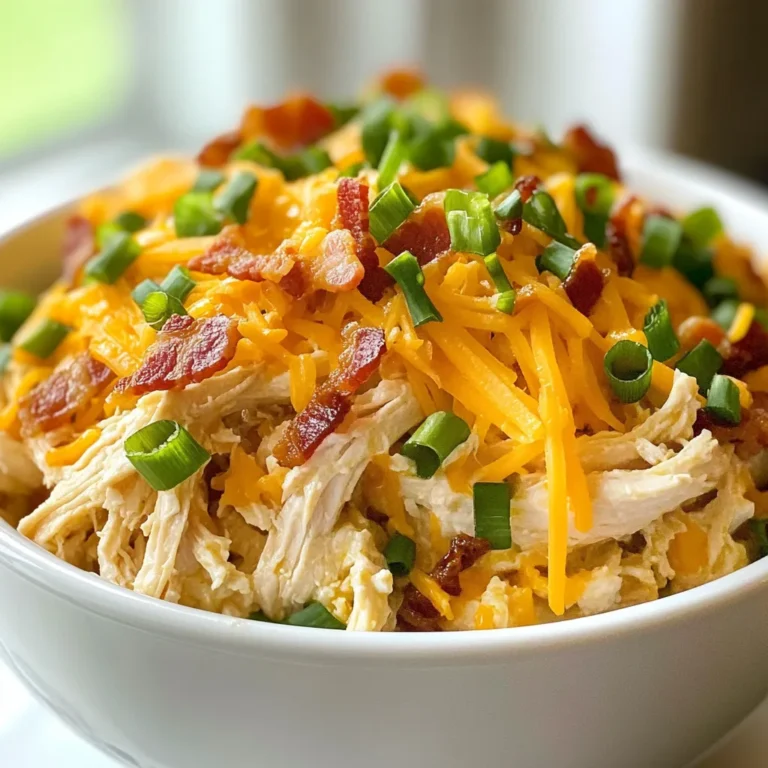 - 2 lbs (900g) boneless, skinless chicken thighs - 8 oz (225g) cream cheese, softened - 1 cup (240ml) chicken broth - 1 packet ranch seasoning mix - 1 cup (120g) shredded cheddar cheese - 6 slices of cooked bacon, crumbled - 2 green onions, sliced (for garnish) - Salt and pepper to taste The key to a great Keto Crack Chicken lies in the quality of these ingredients. I love using boneless chicken thighs because they stay juicy and tender. Cream cheese adds a rich, creamy texture. Chicken broth enhances the flavor of the dish. The ranch seasoning mix brings a fantastic taste that pairs well with chicken. Shredded cheddar cheese melts beautifully and adds a savory touch. Crumbled bacon gives a crispy bite, making the dish even more tempting. Finally, green onions add a fresh crunch and bright color to the plate. - Alternatives for cream cheese: If you need a dairy-free option, try using coconut cream. It offers a similar texture without dairy. - Low-carb options for chicken broth: You can use homemade broth or bone broth. These options are rich in nutrients and low in carbs. - Substituting ranch seasoning: If you want a different flavor, use taco seasoning or Italian herbs. Both can add a unique twist to your dish. These substitutions can help you customize the recipe while keeping it delicious and keto-friendly. {{ingredient_image_1}} To start, you need to layer the chicken in your slow cooker. I like to place the boneless, skinless chicken thighs at the bottom. This helps them cook evenly and soak up all the flavors. Using boneless thighs is key. They stay juicy and tender, making the final dish melt in your mouth. Next, let’s make the sauce. In a medium bowl, blend the softened cream cheese, chicken broth, and ranch seasoning mix. I recommend using a hand mixer or whisking vigorously until the mix is smooth. A smooth sauce means no lumps and better taste. Now, it’s time to cook. Cover the slow cooker and set it to low for 6-7 hours or high for 3-4 hours. The chicken is done when it easily shreds with a fork. Keep an eye on it so you don’t overcook. Once the chicken is tender, shred it right in the slow cooker. Use two forks to pull it apart. Mix it well with the sauce. Then, stir in the shredded cheddar cheese and crumbled bacon. Let it blend until the cheese melts. Season with salt and pepper to taste. Finally, serve warm and top with sliced green onions for a fresh touch. To ensure tender chicken, use boneless, skinless chicken thighs. They stay moist during cooking. Season the chicken lightly with salt and pepper before adding the sauce. This helps boost flavor. If you find your slow cooker cooks hot, check the chicken sooner. Cooking times vary with different models. For slow cookers that run hotter, reduce cooking time by one hour. Keto Crack Chicken pairs well with simple side dishes. I suggest serving it with steamed broccoli or a fresh salad. These sides add crunch and color to your plate. For a fun twist, consider cauliflower rice. It gives a nice texture and keeps it low-carb. Garnishing with sliced green onions adds a fresh look and taste. You can also sprinkle extra bacon bits on top for a great finish. Prepping ingredients in advance makes cooking easier. You can mix the sauce the night before and store it in the fridge. Just pour it over the chicken in the morning. If you're short on time, shred the chicken ahead of time too. To reheat, use a slow cooker or microwave. Add a splash of chicken broth to keep it moist. This way, your Keto Crack Chicken stays flavorful and delicious! Pro Tips Use Thighs for Juiciness: Boneless, skinless chicken thighs are ideal for this recipe since they remain juicy and tender during slow cooking, enhancing the overall flavor. Mix Ingredients Well: Ensure that the cream cheese is fully softened before mixing with the broth and ranch seasoning for a smooth and creamy sauce. Shred Chicken While Hot: Shredding the chicken while it's still hot in the slow cooker allows it to absorb more of the sauce, making it extra flavorful. Garnish for Color: Adding sliced green onions not only adds a pop of color but also a fresh flavor that balances the richness of the dish. {{image_2}} You can change the taste of Keto Crack Chicken with a few easy tweaks. Try adding spices like garlic powder, onion powder, or smoked paprika. These spices add depth and warmth. Fresh herbs, such as parsley or dill, brighten the dish too. If you love heat, add diced jalapeños. They give a kick that pairs well with the creamy sauce. For a low-carb base, consider using cauliflower rice. It absorbs the flavors well and adds a nice texture. To make a stuffed pepper dish, hollow out bell peppers. Fill them with the cooked chicken mix. Bake until the peppers are tender. This adds a fun twist and makes your meal more colorful. If you need a dairy-free option, swap the cream cheese for a nut-based cream. You can use cashew cream or coconut cream. These alternatives keep the dish creamy without dairy. For a gluten-free meal, check your ranch seasoning mix. Many brands contain gluten, so choose one that is labeled gluten-free. This way, you enjoy all the flavors without worry. To keep your Keto Crack Chicken fresh, place it in the fridge right away. Use airtight containers to prevent moisture loss. This helps maintain its taste and texture. Make sure to let it cool before sealing it. This avoids condensation inside the container. If you want to save some for later, freezing works well. Divide the Keto Crack Chicken into smaller portions. Place each portion in a freezer bag or container. Label it with the date. When you are ready to eat, thaw it overnight in the fridge. To reheat, warm it in a pan over medium heat or use a microwave. In the fridge, Keto Crack Chicken lasts about 3 to 4 days. Always check for signs of spoilage. If it smells bad or looks off, throw it away. Trust your senses; they are your best guide for food safety. Keto Crack Chicken is a creamy, savory dish made with chicken. It has gained a huge following due to its rich flavor and easy prep. The key is the mix of ranch seasoning, cream cheese, and cheese. This dish is perfect for keto diets, as it is low in carbs and high in fat. It cooks in a slow cooker, making it a hassle-free meal option. Yes, you can use chicken breast. However, chicken thighs provide more flavor and moisture. Thighs stay tender during cooking while breasts can dry out. If you prefer breast meat, consider adding extra broth to keep it juicy. Absolutely! This recipe is great for meal prep. You can portion it into containers for easy lunches or dinners. It keeps well in the fridge for up to four days. Reheat it gently in the microwave or on the stove. You can adapt Keto Crack Chicken for other diets. For paleo, swap ranch seasoning for herbs and spices. For Whole30, use compliant cream cheese or a nut-based alternative. These small changes can keep the dish aligned with your dietary needs. Keto Crack Chicken is easy to make and full of flavor. You layer chicken, cream cheese, and seasonings in a slow cooker. Remember to use boneless thighs for the best texture. For variations, try new spices or swap in low-carb sides. This dish is meal prep friendly and stores well. Follow these tips, and you’ll always have a tasty meal ready. Enjoy experimenting with this recipe and making it your own!