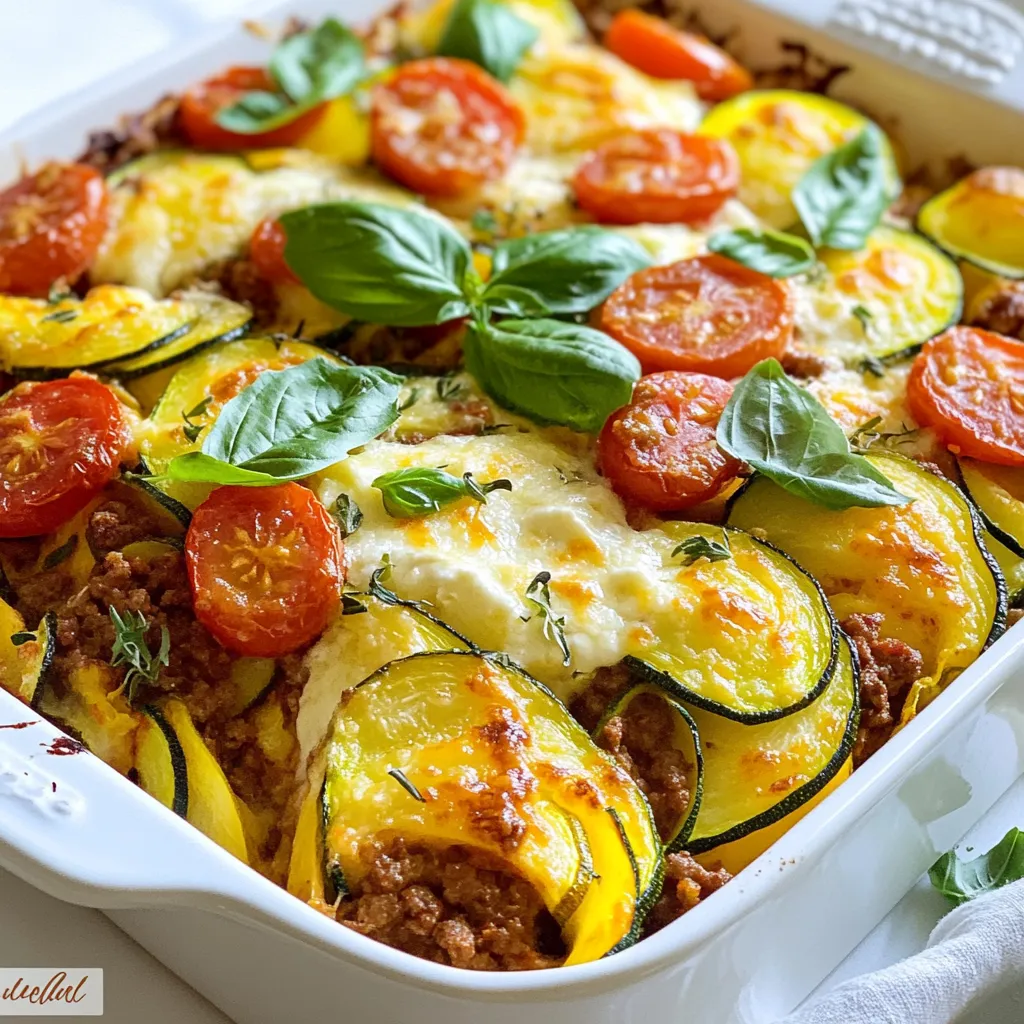 To make a tasty zucchini hamburger casserole, gather these items: - 2 medium zucchinis, sliced - 1 lb ground beef or turkey - 1 small onion, diced - 2 cloves garlic, minced - 1 cup cherry tomatoes, halved - 1 cup shredded mozzarella cheese - 1 cup ricotta cheese - 1 teaspoon Italian seasoning - 1 teaspoon salt - ½ teaspoon black pepper - 1 tablespoon olive oil - Fresh basil leaves for garnish You can swap some ingredients for different flavors. Use ground chicken or even tofu instead of beef or turkey. For cheese, try cottage cheese if you want less fat. You can also use spinach or bell peppers instead of zucchini for a twist. If you lack fresh herbs, dried ones work fine too. Fresh ingredients create the best flavors in this dish. Use fresh zucchinis and tomatoes for a crisp bite. However, if you are short on time, canned tomatoes can be a quick option. Just make sure to drain them well to avoid extra moisture in the dish. {{ingredient_image_1}} Start by preheating your oven to 375°F (190°C). Heat olive oil in a large skillet over medium heat. Then, add the diced onion. Sauté it for about 3-4 minutes until it turns soft. Next, add minced garlic and ground beef or turkey. Cook until the meat is brown, breaking it up as it cooks, which takes about 6-8 minutes. If there's excess fat, drain it. Mix in the Italian seasoning, salt, and black pepper. Finally, take the skillet off the heat and set it aside. Grab a 9x13 inch casserole dish and layer half of the sliced zucchinis on the bottom. Then, spread half of the cooked meat mixture over this zucchini layer. Top it with half of the halved cherry tomatoes. Next, spoon dollops of ricotta cheese on top. Sprinkle half of the shredded mozzarella cheese over everything. Repeat these layers with the remaining zucchinis, meat mixture, tomatoes, ricotta, and finish with the rest of the mozzarella cheese on top. Cover your casserole dish with aluminum foil and bake it in the preheated oven for 25 minutes. After that, remove the foil and bake for an extra 15 minutes. Look for the cheese to be bubbly and lightly golden. Once baked, let the casserole sit for 5-10 minutes before serving. This resting time helps flavors meld together. Finally, garnish with fresh basil leaves for a nice finish. Enjoy your tasty dish! When picking zucchini, look for firm, shiny ones. They should feel heavy for their size. Avoid any with soft spots or blemishes. Small to medium zucchinis taste better and have fewer seeds. Fresh zucchinis make your casserole taste great. You can prepare this casserole a day in advance. Just follow the steps, then cover and chill it. When ready to cook, bake it straight from the fridge. This saves time on busy nights. To reheat leftovers, use the oven. Heat at 350°F (175°C) until warm. One mistake is overcooking the zucchini. This can make them mushy. Layer the zucchini and meat properly for even cooking. Don’t skip the resting time after baking. This helps the casserole set, making serving easier. Finally, use fresh herbs for the best flavor. Pro Tips Use Fresh Zucchini: Opt for firm, fresh zucchinis for the best flavor and texture in your casserole. Brown the Meat Well: Ensure the ground beef or turkey is well-browned to enhance the overall flavor of the dish. Layering Technique: For even cooking, make sure to layer the ingredients evenly and avoid overcrowding the casserole. Let it Rest: Allow the casserole to rest for 5-10 minutes after baking to help it set and make serving easier. {{image_2}} You can make a tasty vegetarian version of this dish. Swap the ground beef for plant-based meat. You can use lentils or mushrooms for a hearty bite. Add more veggies like bell peppers or spinach for extra flavor and nutrition. The ricotta cheese remains a great choice for creaminess. It keeps the dish rich and satisfying. For a low-carb meal, replace ground beef with ground turkey. Use a mix of zucchini and cauliflower rice instead of regular rice. This change cuts carbs while keeping the dish filling. You can also skip the pasta if you want a lighter meal. Using more cheese will add flavor and keep it delicious. Want to kick up the taste? Add spices like red pepper flakes or smoked paprika. They bring warmth and depth to the dish. Fresh herbs like parsley or oregano can also brighten it up. If you love garlic, add more minced garlic for an extra punch. You can combine different cheeses, like adding feta for a tangy twist. These simple tweaks make your casserole even more exciting. To keep your zucchini hamburger casserole fresh, let it cool first. Once cool, cover it tightly with plastic wrap or foil. You can also use an airtight container. Store it in the fridge for up to three days. Make sure to label your container with the date. This way, you know when it’s time to eat it! If you want to save some for later, you can freeze it! Cut the casserole into portions for easy serving. Wrap each piece in plastic wrap, then place them in a freezer bag. Squeeze out as much air as possible to prevent freezer burn. You can freeze it for up to three months. Don't forget to label the bags! When you are ready to eat your casserole, there are a few ways to reheat it. The oven is best for even heating. Preheat it to 350°F (175°C). Place the casserole in an oven-safe dish, cover it with foil, and heat for about 20-25 minutes. If you're in a hurry, the microwave works too. Just heat it in a microwave-safe dish for 2-3 minutes, stirring halfway. Enjoy your meal! Yes, you can use different meats in this dish. Ground turkey works well as a leaner option. You can also try ground chicken for a lighter taste. If you want a richer flavor, ground pork is a great choice. Just make sure to cook any meat thoroughly, like you would with beef. To make zucchini hamburger casserole gluten-free, use gluten-free breadcrumbs. You can also skip the breadcrumbs altogether if you want fewer carbs. Always check labels on sauces or seasonings to ensure they are gluten-free. This way, you can enjoy the dish without worry. This casserole goes great with a simple salad. A fresh green salad with a light vinaigrette complements the rich flavors. You can also serve it with garlic bread for a hearty meal. For a lighter option, try steamed broccoli or green beans. These sides add balance to your plate. This blog post covered all you need to make a great zucchini hamburger casserole. You learned about the ingredients, steps, and tips to achieve the best results. Remember, you can swap ingredients and adjust flavors to suit your taste. It’s easy to prepare ahead and store leftovers. Don’t hesitate to explore variations, too. The right sides can make this dish even better. Enjoy making this comforting meal, and have fun in the kitchen!