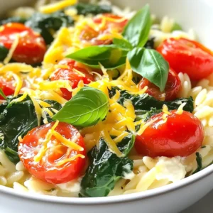 - 1 cup orzo pasta - 2 cups vegetable broth - 1 tablespoon olive oil - 2 cloves garlic, minced - 4 cups fresh spinach, chopped - 1 cup cherry tomatoes, halved - 1 teaspoon lemon zest - 2 tablespoons lemon juice - 1 cup ricotta cheese - 1 cup shredded mozzarella cheese - Salt and pepper to taste - Fresh basil, for garnish Each ingredient plays a key role in making this dish tasty. The orzo pasta gives it a nice texture. Using vegetable broth adds depth to the flavor. Olive oil helps sauté the garlic and spinach. Fresh spinach brings color and nutrition. Cherry tomatoes add sweetness and brightness. Lemon zest and juice bring a fresh zing. Ricotta cheese makes it creamy, while mozzarella gives that gooey finish. This dish serves four people. Each serving has about: - Calories: 400 - Protein: 15g - Carbs: 45g - Fat: 20g - Fiber: 3g This orzo dish is filling and balanced. It has good protein from cheese and some fiber from spinach. It’s a great choice for a quick meal. You can swap some ingredients if you like. For a gluten-free option, use rice or quinoa instead of orzo. If you want a lighter cheese, try cottage cheese. You can use frozen spinach if fresh isn’t available. For added flavor, try different herbs like thyme or oregano instead of basil. {{ingredient_image_1}} Start by bringing 2 cups of vegetable broth to a boil. I use a medium pot for this. Once it boils, add 1 cup of orzo pasta. Cook it for 8 to 10 minutes. You want it al dente, so check it often. After cooking, drain the orzo and set it aside. Next, grab a large skillet. Heat 1 tablespoon of olive oil over medium heat. Add 2 cloves of minced garlic and sauté for 1 minute. The smell will fill your kitchen! Then, toss in 4 cups of chopped spinach. Cook it for about 3 to 4 minutes. You want it to be wilted and vibrant. Now it's time to bring everything together. Stir in 1 cup of halved cherry tomatoes, 1 teaspoon of lemon zest, and 2 tablespoons of lemon juice. Cook this mix for another 2 minutes. Reduce the heat to low and add the cooked orzo, 1 cup of ricotta cheese, and half of 1 cup of shredded mozzarella cheese. Stir well until the cheeses melt. Season with salt and pepper to taste. Finally, sprinkle the remaining mozzarella on top. Cover the skillet for 2 to 3 minutes to let the cheese melt. Don't forget to garnish with fresh basil before serving! To get perfect orzo, cook it in boiling vegetable broth. This adds flavor. Stir it often to prevent sticking. Aim for al dente, which means it should be firm but tender. Drain the orzo well, but keep a little broth. This will help later when mixing with other ingredients. For the best cheese melt, add the cheeses when the heat is low. This helps them melt slowly and evenly. Stir the mix gently. This avoids clumps and ensures every bite is cheesy goodness. Covering the skillet with a lid helps the cheese melt faster. It creates steam that makes it soft and gooey. You can boost flavor with simple tricks. Add more lemon juice or zest for a fresh kick. Fresh herbs like basil or parsley add color and taste. A pinch of red pepper flakes brings heat without overpowering the dish. Try different veggies like bell peppers or zucchini for a twist. Pro Tips Fresh Spinach is Key: Use fresh spinach for the best flavor and texture. Frozen spinach can become mushy and watery when cooked. Adjust Lemon to Taste: The amount of lemon juice can be adjusted based on your personal preference for acidity. Start with less and add more gradually. Cheese Variations: Experiment with different cheeses! Feta or goat cheese can add a tangy flavor that complements the spinach and lemon. Herb Enhancements: Fresh herbs like dill or parsley can be added for extra flavor. Toss them in just before serving for a burst of freshness. {{image_2}} This dish shines as a vegetarian delight. You can add more veggies to boost nutrition. Try bell peppers, zucchini, or mushrooms. They add color and flavor. You can also swap in whole wheat orzo for extra fiber. Consider using a mix of herbs like parsley or dill. They make each bite fresh and bright. If you want to add protein, there are many options. Grilled chicken or shrimp pairs well with this orzo. You can also use chickpeas for a plant-based boost. Sauté them with garlic for extra taste. If you prefer meat, use diced turkey or sausage. They can add heartiness to your meal. Explore different cuisines by changing flavors. For Italian vibes, add basil and oregano. A dash of red pepper flakes can spice it up. If you crave Greek flavors, try feta cheese and olives. For a touch of Asian cuisine, add soy sauce and sesame oil. Each variation gives you a new taste experience. After enjoying your cheesy spinach and lemon orzo delight, store any leftovers right away. Place the orzo in an airtight container. It keeps well in the fridge for up to 3 days. Make sure to let it cool to room temperature first. This helps keep the texture nice. When you're ready to eat your leftovers, reheating is easy. You can microwave the orzo in a bowl. Add a splash of broth or water to keep it moist. Heat in 30-second bursts until warm. Stir between heating to ensure even warmth. If using a stovetop, place it in a pan over low heat. Stir often until it’s hot. Want to save your orzo for later? You can freeze it! Place cooled orzo in a freezer-safe container. It can last up to 3 months in the freezer. For best results, divide it into single portions. This makes it easy to thaw just what you need. When ready to use, thaw it in the fridge overnight. Reheat as mentioned for the best taste. Orzo takes about 8 to 10 minutes to cook. You want it to be al dente. Start by boiling vegetable broth in a pot. Then, add the orzo and stir. Once it’s cooked, drain it and set it aside. This step is quick and easy, making orzo a great choice for busy nights. Yes, you can make this orzo dish ahead of time. Prepare the orzo and sauce, then store them separately. This helps keep the orzo from getting too soft. When you’re ready to eat, just combine them in a skillet. Heat it up and enjoy a quick meal that tastes fresh. Orzo is very versatile! You can use it in many dishes. For example, you can add it to soups for extra texture. It also works well in salads, mixed with veggies and dressing. You can even bake it with cheese and vegetables for a hearty casserole. Explore these ideas to enjoy orzo in different ways! This blog covers all you need to know about orzo dishes. We talked about key ingredients, how to cook orzo, and clever tips for perfect texture. You learned tasty variations and smart ways to store leftovers. Orzo offers great options for meals. With simple steps, you can create delicious dishes that fit your taste. Now, you’re ready to enjoy orzo in many fun ways!