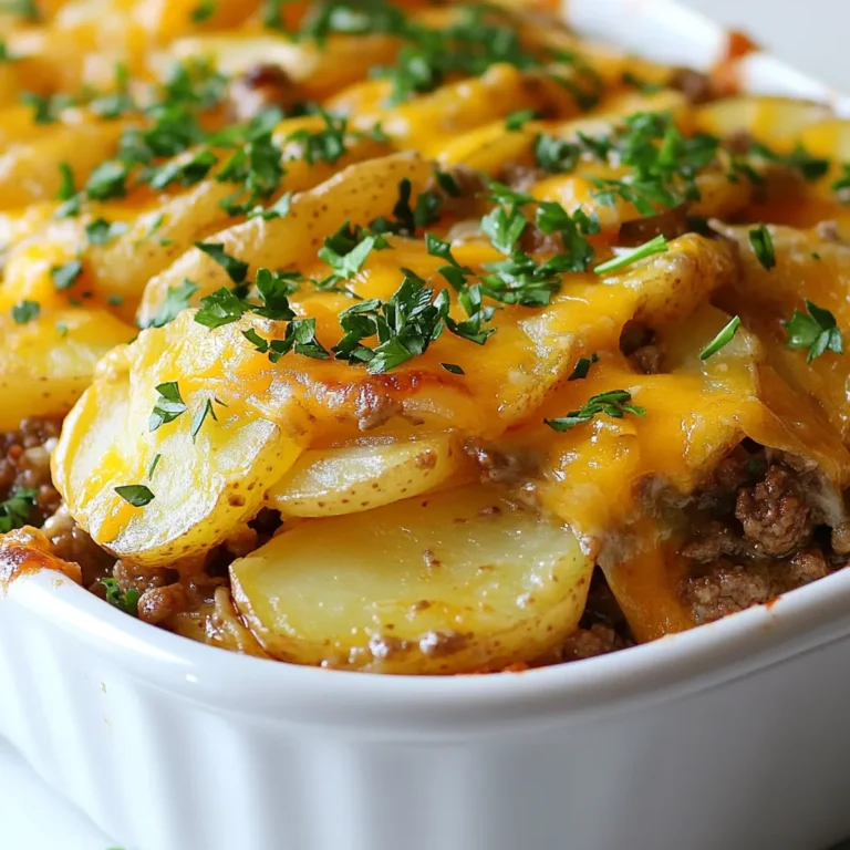 - 1 pound ground beef - 4 large potatoes, thinly sliced - 1 large onion, sliced - 1 bell pepper, diced (any color) - 2 cups cheddar cheese, shredded - 1 can (10.5 oz) cream of mushroom soup - 1 cup beef broth - 2 teaspoons garlic powder - 1 teaspoon paprika - Salt and pepper to taste - Olive oil for cooking - Fresh parsley for garnish (optional) When I make Hobo Beef Potato Casserole, I love using fresh ingredients. Each item adds a unique taste. Ground beef gives a rich flavor. The potatoes create a hearty base. I like to use large potatoes. They hold up well in the oven. Slicing the onion adds sweetness. A bell pepper brightens the dish. I often choose green or red peppers. The colors make the casserole look nice. Adding cheese gives it a creamy texture. Cheddar cheese melts beautifully and adds richness. I use cream of mushroom soup for depth. It blends well with the beef. The beef broth makes the dish juicy. Garlic powder and paprika add a nice kick. Salt and pepper help to balance the flavors. A drizzle of olive oil prevents sticking. I finish it off with fresh parsley. It adds color and a fresh taste. This dish is easy to make and fun to share. {{ingredient_image_1}} First, preheat your oven to 350°F (175°C). This step is key for even cooking. While the oven heats, gather all your ingredients. This will make the process smooth. Next, heat a drizzle of olive oil in a large skillet over medium heat. Add 1 pound of ground beef. Cook until it turns brown. Use a spatula to break up the meat. After browning, drain any excess fat. Season the beef with 2 teaspoons of garlic powder, 1 teaspoon of paprika, and salt and pepper to taste. Stir in 1 can of cream of mushroom soup and 1 cup of beef broth. Mix until everything is well combined. Remove from heat. Now, take a greased 9x13 inch baking dish. Layer half of the sliced potatoes at the bottom. Next, spread half of the cooked beef mixture over the potatoes. Add half of the sliced onion and diced bell pepper on top of the beef. Repeat these layers with the remaining potatoes, beef mixture, onions, and bell peppers. Finally, sprinkle 2 cups of shredded cheddar cheese on the top layer. Cover the dish with aluminum foil. Bake in your preheated oven for 45 minutes. After that time, remove the foil. Bake for an additional 15 to 20 minutes. You want the cheese to be bubbly and the potatoes tender. Let the casserole cool for a few minutes before serving. If you like, garnish with fresh parsley. Enjoy your tasty family meal! To brown the ground beef well, use a large skillet. Heat a little olive oil over medium heat. Add the beef in small batches. This helps it cook evenly. Break it apart with a spatula as it cooks. Drain off extra fat when done. Season with garlic powder and paprika for flavor. Layering is key to great flavor in this casserole. Start with a layer of sliced potatoes. This helps soak up the juices. Then, add half of the seasoned beef mixture. Sprinkle on some onions and bell peppers. Repeat the layers to build flavor. Finish with a generous layer of cheddar cheese. You can change this recipe in fun ways. Try using ground turkey instead of beef for a lighter dish. Swap the cheddar cheese for pepper jack for some heat. For a veggie twist, add mushrooms or zucchini. You can even use different spices like cumin or chili powder for a unique taste. Pro Tips Enhance Flavor: Add a dash of Worcestershire sauce to the beef mixture for an extra layer of savory flavor. Potato Variations: Experiment with different types of potatoes, such as sweet potatoes or Yukon gold, for a unique twist on the dish. Cheese Options: Feel free to mix cheeses; mozzarella or pepper jack can add a delightful creaminess or a bit of spice. Make Ahead: Prepare the casserole in advance and store it in the fridge overnight. Just add a few extra minutes to the baking time. {{image_2}} You can make this dish vegetarian by swapping ground beef with plant-based protein. Popular choices include lentils or crumbled tofu. Both options give you great texture and flavor. If you use lentils, cook them first until tender. For tofu, drain and crumble it before cooking. Season with garlic powder and paprika to match the original recipe. This way, you keep the rich taste without meat. If you need a gluten-free version, use gluten-free cream of mushroom soup. Many brands offer this option, and they taste great. You can also make your own soup from scratch using gluten-free flour. Just ensure all your ingredients are gluten-free, including the broth. This change keeps everyone happy at the table. Want some heat? Adding jalapeños or other spices can change your dish. Slice fresh jalapeños and spread them between layers. Or, sprinkle in some crushed red pepper flakes for a milder kick. Adjust the spice level based on your family's taste. This twist makes the casserole fun and exciting! To keep your Hobo Beef Potato Casserole fresh, store it in the fridge. Use an airtight container to prevent moisture loss. This helps keep the flavors intact. Leftovers can last for up to three days. If you plan to eat it later, label the container with the date for easy tracking. Freezing is a great option for longer storage. First, let the casserole cool completely. Then, cover it tightly with aluminum foil or plastic wrap. Place it in a freezer-safe container. It can last up to three months in the freezer. When you’re ready to eat, thaw it overnight in the fridge. To reheat, preheat your oven to 350°F (175°C). Remove the foil and place the casserole in the oven. Bake for about 25–30 minutes until heated through. If it seems dry, add a splash of beef broth or water before reheating. This helps restore moisture. Enjoy your meal just as delicious as the first time! Yes, you can use other cheeses. Some great options are: - Monterey Jack - Colby cheese - Gouda - Mozzarella These cheeses melt well and add nice flavors. Feel free to mix! Look for these signs to check doneness: - The cheese should be bubbly and golden. - The potatoes should be tender when pierced with a fork. - A nice aroma should fill your kitchen. If all these signs are present, your casserole is ready! Yes, you can prep this casserole ahead of time. Here are some tips: - Assemble the casserole but do not bake it. - Cover it tightly and store in the fridge for up to 24 hours. - When ready to cook, just add 10-15 more minutes to the baking time. This makes dinner easy and quick on busy days! This blog post covers everything you need for a tasty casserole. We started with the ingredients, moving on to easy steps for cooking. I shared helpful tips to make each layer packed with flavor. Variations let you customize this dish for your taste or needs. Plus, you learned how to store and reheat leftovers well. Now you can enjoy a warm, hearty meal that's simple to make and full of flavor.