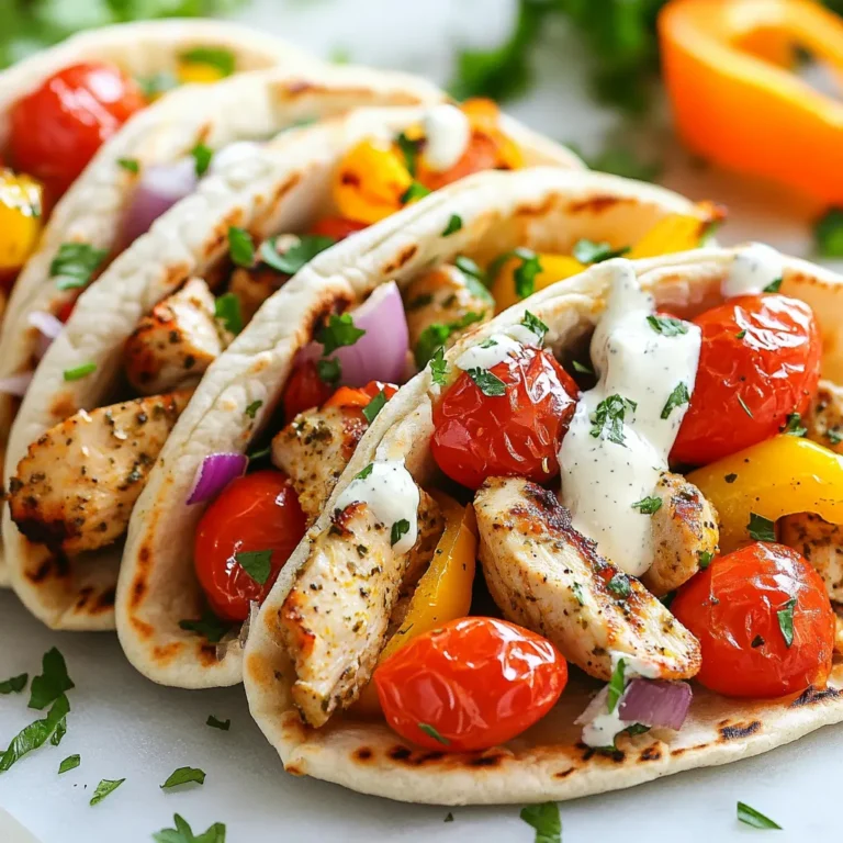 - 1 pound boneless, skinless chicken breasts, cut into 1-inch pieces - 1 tablespoon olive oil - 1 teaspoon garlic powder - 1 teaspoon paprika - 1 teaspoon onion powder - 1 teaspoon dried oregano - Salt and pepper, to taste - 1 cup cherry tomatoes, halved - 1 bell pepper, sliced (any color) - 1 red onion, sliced - 4 whole wheat pita breads - ½ cup ranch dressing - Fresh parsley, chopped for garnish The main ingredients in this recipe create a tasty meal. The chicken provides protein and a satisfying texture. The spices like garlic powder and paprika add warmth and flavor. The fresh vegetables, such as cherry tomatoes and bell peppers, bring brightness and crunch. Whole wheat pita breads give a hearty base for the filling. Finally, ranch dressing ties everything together with creaminess. - Baking Sheet - Mixing Bowl - Measuring Spoons You need some simple tools for this recipe. A baking sheet helps cook the chicken and veggies evenly. A mixing bowl is needed to combine the marinade and coat the chicken. Measuring spoons ensure you use the right amount of spices for perfect flavor. With these tools, you can create a great meal with ease! {{ingredient_image_1}} Mixing the spices Start by gathering your spices. In a large bowl, mix 1 tablespoon of olive oil, 1 teaspoon of garlic powder, 1 teaspoon of paprika, 1 teaspoon of onion powder, and 1 teaspoon of dried oregano. Add salt and pepper to taste. This blend gives the chicken a rich flavor. Marinating the chicken Cut 1 pound of boneless, skinless chicken breasts into 1-inch pieces. Place them in the bowl with your spice mix. Toss the chicken well until every piece is coated. Let it sit for a few minutes. This helps the flavors soak in. Arrangement on the baking sheet Preheat your oven to 425°F (220°C). Take a baking sheet and spread the marinated chicken pieces evenly. Add 1 cup of halved cherry tomatoes, 1 sliced bell pepper, and 1 sliced red onion. Make sure everything lays flat. This helps it cook evenly. Cooking time and temperature Bake the pan in the preheated oven for 20-25 minutes. Stir the mixture halfway through. This ensures all pieces cook well. You’ll know it’s done when the chicken is fully cooked and the veggies are tender. Warming the pita breads While the chicken and veggies bake, warm 4 whole wheat pita breads. You can use a toaster or microwave for a few seconds. Warm pitas are soft and easy to fill. Adding the chicken and vegetables Once out of the oven, let the chicken and veggies cool for a couple of minutes. Open each pita and fill it with a generous amount of the chicken and vegetable mixture. Drizzle with ranch dressing and sprinkle fresh chopped parsley on top. Enjoy every bite of your savory delight! For the best flavor, marinate your chicken for at least 30 minutes. If you have time, a few hours works even better. The longer it sits, the richer the taste. You can also change the spices to match your taste. If you like heat, add some cayenne pepper or chili powder. If you prefer milder flavors, skip the heat. Set your oven to 425°F (220°C) for perfect baking. This heat crisps the chicken and softens the veggies. Place everything in a single layer on the baking sheet. This step helps everything cook evenly. Stir the mixture halfway through baking. This ensures even cooking and browning for all the ingredients. These pitas pair well with a simple side salad or some crunchy carrot sticks. You can also add a side of Greek yogurt for a cool dip. For garnishing, sprinkle some fresh parsley on top for color and flavor. A squeeze of lemon adds brightness, too. Enjoy your meal with friends or family for a delightful experience! Pro Tips Use Fresh Herbs: Fresh parsley can elevate the flavors; consider adding other herbs like cilantro or dill for extra freshness. Marinate Longer: For deeper flavor, let the chicken marinate for at least 30 minutes or even overnight in the refrigerator. Customize Vegetables: You can swap out the cherry tomatoes, bell pepper, and red onion for other seasonal vegetables like zucchini or asparagus. Serve with Sides: Pair these pitas with a simple side salad or roasted potatoes for a complete meal. {{image_2}} You can switch the chicken for turkey or tofu. Turkey offers a lean option. It keeps the dish light and tasty. Tofu is great for a plant-based meal. Use firm tofu for the best texture. Marinate it just like you would chicken. This adds flavor and helps it absorb the spices. Feel free to add more veggies to your pitas. Zucchini, mushrooms, or broccoli work well. You can even toss in some spinach for added green. Just remember to cut them small. This way, they cook well with the chicken and save time. Try different dressings instead of ranch. A yogurt-based sauce can add creaminess without extra calories. You can also use hummus for a Mediterranean twist. Don't shy away from experimenting with spices! Add cumin or chili powder for a kick. These small changes can make a big difference in taste. To keep your sheet pan chicken pitas fresh, store them properly. First, let the leftovers cool down. Then, place them in an airtight container. You can keep them in the fridge for up to three days. If you want to save them longer, freezing is a good option. Wrap each pita separately in plastic wrap or foil. Then, place them in a freezer-safe bag. They can last up to three months in the freezer without losing flavor. Reheating your chicken pitas can be easy. To keep the texture nice, I suggest using the oven. Preheat your oven to 350°F (175°C). Place the pitas on a baking sheet and cover them with foil. Heat for about 10-15 minutes. This method helps keep the pita soft and the chicken juicy. If you're in a hurry, the microwave works too. Place a pita on a microwave-safe plate. Heat it for about 30 seconds to 1 minute. However, be careful; microwaving can make the pita chewy. For the best taste, the oven is always my top choice. Yes, you can use frozen chicken. However, you must thaw it first. To thaw, place the chicken in the fridge overnight. If you're short on time, submerge it in cold water for about an hour. After thawing, cut the chicken into 1-inch pieces. Then, follow the marinade and baking steps as usual. This method keeps your chicken tender and juicy. These chicken pitas pair well with many sides. Consider serving them with a fresh salad. A simple cucumber and tomato salad works great. You can also add crispy sweet potato fries or roasted veggies. For a fun twist, try a side of hummus and pita chips. These options will complete your meal and add different textures. To make these pitas gluten-free, choose gluten-free pita bread. Many brands offer tasty options. Check the label to ensure they are certified gluten-free. You can also serve the chicken and veggies in lettuce wraps. This swap gives you a crunchy, fresh alternative. Just make sure your ranch dressing is gluten-free as well. This blog post covered a tasty sheet pan chicken pita recipe. You learned about the main ingredients, recommended tools, and step-by-step instructions. I shared tips to perfect your marinade and cooking. Variations let you swap proteins and add veggies. Storing leftovers and reheating methods can keep your meal fresh. Cooking can be fun and easy. Enjoy making these pitas and happy cooking!
