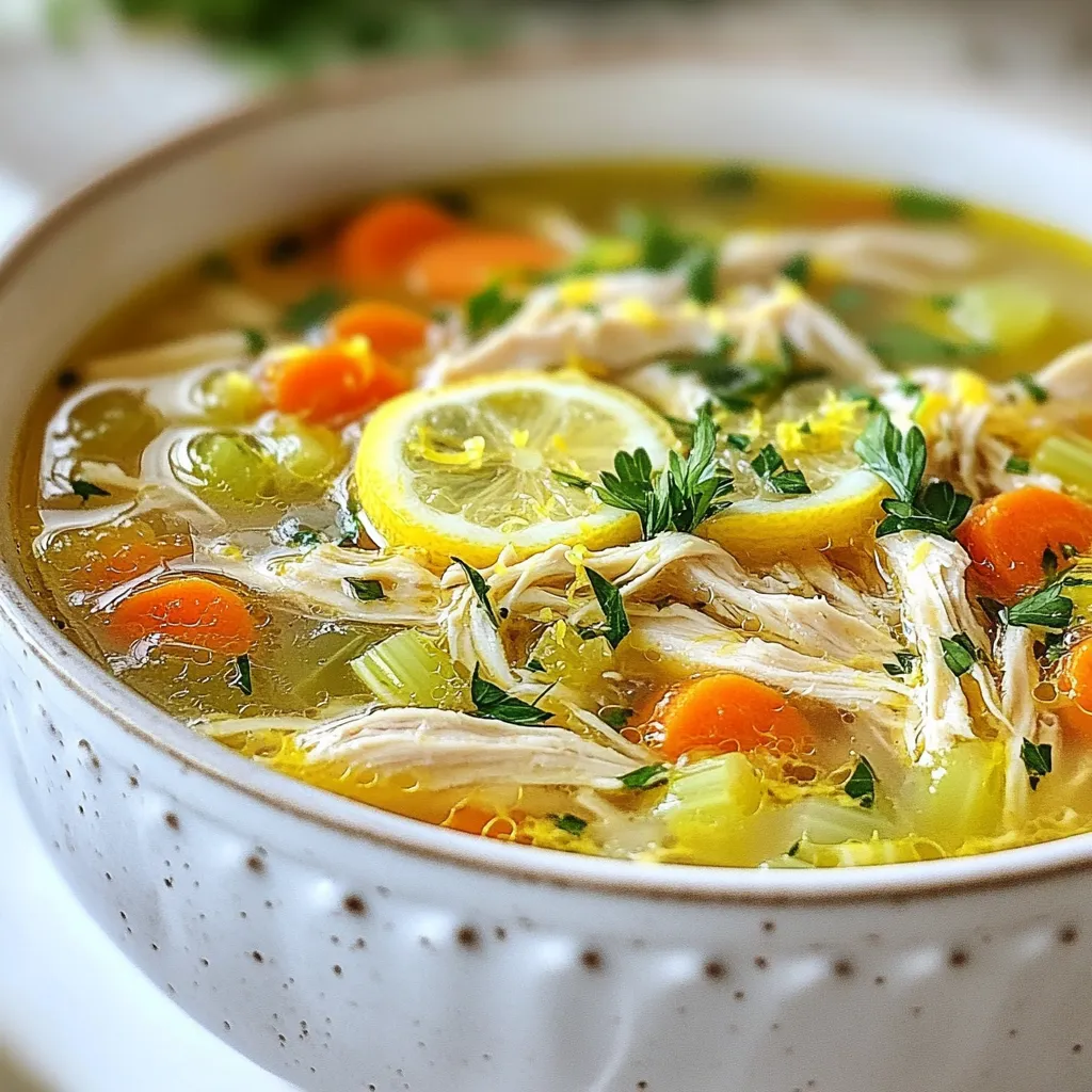 To create a bowl of zesty lemon chicken soup, gather the following ingredients: - 2 boneless, skinless chicken breasts - 4 cups chicken broth - 1 medium onion, diced - 2 cloves garlic, minced - 2 medium carrots, diced - 2 stalks celery, diced - 1 lemon (juice and zest) - 1/2 cup cooked rice or quinoa - 1 tablespoon olive oil - 1 teaspoon dried thyme - 1 teaspoon dried oregano - Salt and pepper to taste - Fresh parsley, for garnish Each ingredient adds its own layer of flavor, making the soup vibrant and comforting. You can enhance your lemon chicken soup with some tasty add-ins. Here are a few ideas: - Fresh spinach: Add a handful just before serving for color and nutrients. - Mushrooms: Sauté some sliced mushrooms with the onion for a rich taste. - Peas: Stir in frozen peas for sweetness and extra texture. - Chickpeas: Add canned chickpeas for a protein boost and heartiness. Feel free to mix and match these options to suit your taste! If you or someone you know has dietary restrictions, here are some easy swaps: - Chicken breast: Use tofu or tempeh for a vegetarian version. - Chicken broth: Swap with vegetable broth for a plant-based soup. - Rice or quinoa: Use gluten-free pasta or cauliflower rice for a low-carb option. - Olive oil: Canola or avocado oil works well as a substitute. These options keep the soup flavorful while catering to different dietary needs. {{ingredient_image_1}} Start by gathering all your ingredients. You need: - 2 boneless, skinless chicken breasts - 4 cups chicken broth - 1 medium onion, diced - 2 cloves garlic, minced - 2 medium carrots, diced - 2 stalks celery, diced - 1 lemon (juice and zest) - 1/2 cup cooked rice or quinoa - 1 tablespoon olive oil - 1 teaspoon dried thyme - 1 teaspoon dried oregano - Salt and pepper to taste - Fresh parsley, for garnish Next, prepare your vegetables. Dice the onion, carrots, and celery. Mince the garlic. This makes your cooking easier. In a large pot, heat the olive oil over medium heat. Add the diced onion and sauté for 3-4 minutes until it softens. Stir in the minced garlic and cook for 1 more minute. You want that garlic smell! Now, add the diced carrots and celery. Sauté them for 5 minutes until they start to soften. This builds great flavor in your soup. Pour in the chicken broth. Add the thyme, oregano, and season with salt and pepper. Bring everything to a boil. Once it boils, carefully add the chicken breasts. Lower the heat to medium-low and let it simmer for 15-20 minutes. Make sure the chicken is cooked through. After the chicken cooks, remove it from the pot. Let it cool for a bit. Use two forks to shred the chicken. It should pull apart easily. Add the shredded chicken back to the pot. Finally, mix in the cooked rice or quinoa along with the lemon juice and zest. Stir everything well and let it simmer for 5 more minutes. This is when the flavors blend together. Taste your soup and adjust seasoning if needed. Serve hot, and don’t forget to garnish with fresh parsley. Enjoy your cozy bowl of lemon chicken soup! To get the best flavor in your lemon chicken soup, start with fresh ingredients. Use good-quality chicken broth. This makes a big difference. The zest from the lemon adds a bright taste. Don’t skip this step! Add the lemon juice at the end for a fresh burst. It helps lift the flavors and makes the soup feel light. If you love herbs, add fresh parsley when serving. It adds color and taste. One common mistake is overcooking the chicken. If you cook it too long, it becomes dry. Keep an eye on the timer and check for doneness. Another mistake is not seasoning enough. Taste your soup before serving. Adjust the salt and pepper to your liking. Also, don’t add the lemon juice too early. It can lose its zing if cooked too long. Serve your soup hot in a bowl. A sprinkle of fresh parsley on top makes it look nice. You can pair it with crusty bread for a complete meal. If you want, add a side salad for more crunch. This soup also goes well with a light white wine. It makes for a fancy touch when hosting friends. Enjoy your bowl of comfort! Pro Tips Use Fresh Ingredients: Fresh vegetables and herbs will enhance the flavor of your soup significantly compared to dried or canned options. Customize Your Protein: Feel free to replace chicken with turkey or even tofu for a vegetarian version. Just ensure proper cooking times. Enhance the Flavor: Adding a splash of white wine to the broth can add depth to the soup’s flavor profile. Just let it cook off before adding the chicken. Make it Ahead: This soup stores well in the fridge for up to 3 days or freezes beautifully. Just add fresh herbs before serving for a vibrant touch. {{image_2}} You can easily make this soup gluten-free. Start with gluten-free chicken broth. Use rice or quinoa as your grain. Both options are naturally gluten-free. This way, everyone can enjoy a warm bowl without worry. Adding spinach gives your soup a fresh twist. Simply toss in a few handfuls of fresh spinach just before serving. The spinach wilts quickly and adds a pop of color. It also boosts the nutrition in your bowl. Noodles can change the feel of this soup. Choose egg noodles or rice noodles for a fun texture. If you prefer, add grains like barley or farro. Cook them separately and stir them in before serving. This makes the soup hearty and filling. To keep your lemon chicken soup fresh, let it cool first. Pour the soup into an airtight container. Seal it tight and place it in the fridge. It stays good for about 3-4 days. If you want to keep it longer, freezing is a great option. To freeze lemon chicken soup, make sure it is completely cool. Use freezer-safe containers or bags. Leave some space at the top because liquids expand when frozen. The soup can last for 2-3 months in the freezer. Label the container with the date to track freshness. When you’re ready to enjoy your soup, reheat it gently. Pour it into a pot over medium heat. Stir occasionally until it warms through. If the soup is too thick, add a splash of broth or water. You can also use a microwave for quick reheating. Just cover it to prevent splatters and heat in short bursts. Yes, you can use rotisserie chicken. It saves time and adds flavor. Just shred the chicken and add it to the soup. You can skip the step of cooking raw chicken. This makes the process faster and easier. If you want a substitute for chicken broth, try vegetable broth. It adds a nice flavor while keeping it light. You can also use water with herbs for taste. This way, you still get a tasty soup without chicken broth. To spice up the soup, add red pepper flakes. Start with a pinch and taste it. You can also add diced jalapeños for more heat. Another option is to splash in hot sauce. Adjust to your heat level for a nice kick! This article shared key details on making lemon chicken soup. You learned about the right ingredients, helpful tips, and several variations. Remember, using rotisserie chicken can save time. Be sure to store leftovers properly for later enjoyment. This dish is flexible, allowing for many tasty tweaks. Enjoy your cooking journey and the joy of sharing great meals!