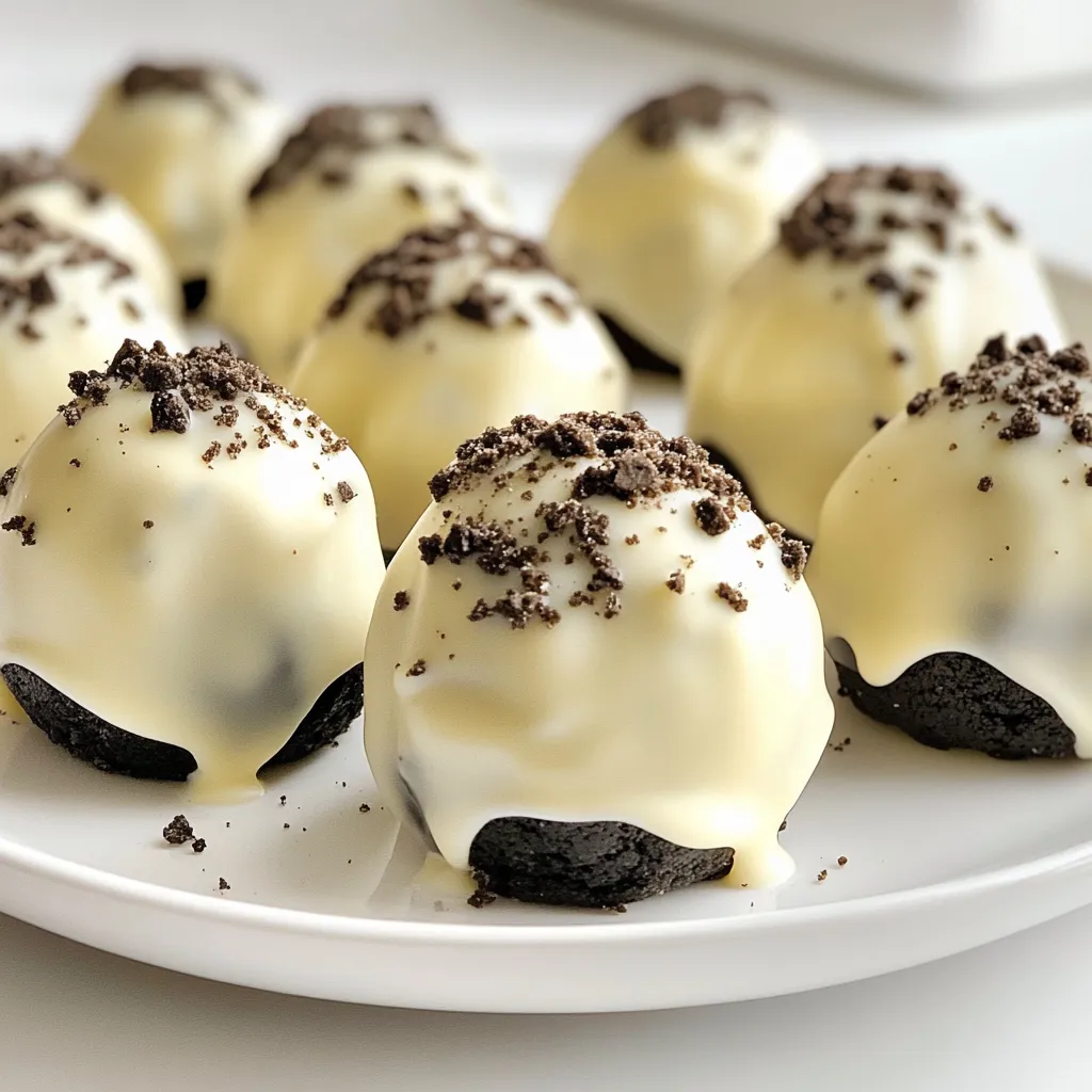 - 1 package (15.35 oz) of Oreos - 8 oz cream cheese, softened - 1 cup white chocolate chips - 1 tablespoon coconut oil (optional for smooth melting) - Sprinkle of crushed Oreos for decoration Gathering the right ingredients is crucial for making Oreo cheesecake truffles. First, you'll need a full package of Oreos. This adds that rich, chocolatey flavor we all love. You'll also need 8 ounces of softened cream cheese. Softening it makes mixing easy and creamy. Next, grab 1 cup of white chocolate chips. This will help make the truffles sweet and rich. If you want them extra smooth, add 1 tablespoon of coconut oil. It helps the chocolate melt evenly, which is key for dipping. Finally, keep some crushed Oreos aside. You'll sprinkle these on top for decoration. This adds a nice crunch and looks great. With these ingredients ready, you're set to make a dessert that everyone will love! {{ingredient_image_1}} Pulsing Oreos in a Food Processor First, take a package of Oreos. Place them into your food processor. Pulse them until they turn into fine crumbs. This step helps create a tasty crust. Combining Oreo Crumbs with Cream Cheese Next, grab a mixing bowl. Add the Oreo crumbs into the bowl. Now, take 8 ounces of softened cream cheese. Mix the crumbs and cream cheese together until it’s smooth and well blended. This mixture will be the base of our truffles. Scooping Out and Rolling the Mixture Use your hands to scoop out small portions of the mixture. Aim for about 1 inch in diameter. Roll them into neat balls. Placing on a Baking Sheet After rolling, place the truffles on a baking sheet lined with parchment paper. This keeps them from sticking. Using a Microwave for White Chocolate Take 1 cup of white chocolate chips and place them in a microwave-safe bowl. Heat in 30-second intervals. Stir the chocolate between each interval to ensure it melts evenly. Tips for Achieving a Smooth Melt If the chocolate seems thick, you can add a tablespoon of coconut oil. This will help it melt smoothly and coat the truffles well. Dipping Each Truffle in Chocolate Once the chocolate melts, dip each truffle into the warm chocolate. Use a fork to help cover it fully. Tapping Off Excess Chocolate After dipping, gently tap the fork on the edge of the bowl. This removes any extra chocolate. Place the truffles back on the baking sheet. Sprinkling Crushed Oreos Before the chocolate hardens, sprinkle crushed Oreos on top of each truffle. This adds a nice touch and extra flavor. Refrigerating to Set Finally, place the coated truffles back in the fridge for about 15 minutes. This helps them set and become firm. Enjoy your delicious creations! To get a smooth and creamy filling, start by softening the cream cheese. Leave it out at room temperature for about 30 minutes. This makes it easier to mix with the Oreo crumbs. If you forget to soften it, you can cut it into small pieces and microwave it for about 10 seconds. Using coconut oil helps the chocolate melt smoothly. Add one tablespoon to your white chocolate chips before microwaving. This will make the chocolate coating shiny and easy to dip. How you present your truffles can make them extra special. Use a nice platter or a decorative box when serving. It adds a touch of elegance to your dessert. Drizzling melted chocolate on top creates a beautiful effect. Simply melt a bit more white chocolate and use a fork to drizzle it over the truffles. It’s fun and looks great! One common mistake is over-mixing the mixture. Mix just until combined. If you mix too long, the mixture can become tough. Another mistake is not refrigerating the truffles long enough. After rolling them into balls, chill them for at least 30 minutes. This helps them hold their shape when you dip them in chocolate. Pro Tips Use a Food Processor: A food processor makes it easy to achieve fine Oreo crumbs quickly, ensuring a smooth mixture for your truffles. Chill for Better Texture: Refrigerating the truffles before coating helps them hold their shape better and makes dipping easier. Experiment with Toppings: Feel free to get creative with toppings! Try mixing in crushed nuts or sprinkles for added texture and flavor. Store Properly: Keep the truffles in an airtight container in the fridge to maintain their freshness and prevent them from becoming too soft. {{image_2}} You can change up the classic Oreo cheesecake truffles easily. Here are two fun ideas: - Mint Oreo Cheesecake Truffles: Use mint Oreos instead of regular ones. The mint adds a fresh twist. Just follow the same steps as the original recipe. The cool mint flavor pairs nicely with cream cheese. - Peanut Butter Oreo Truffles: To make this, mix in some peanut butter with the cream cheese. This adds a rich, nutty flavor. It’s a great option for peanut butter lovers. You can also use peanut butter Oreos for an extra boost! You can also adjust the truffles for different diets. Here’s how: - Gluten-Free Options: Use gluten-free Oreos to make these truffles gluten-free. This way, everyone can enjoy them without worry. The taste will still be just as delicious! - Vegan Substitutes for Ingredients: For a vegan version, replace cream cheese with vegan cream cheese. Use dairy-free chocolate chips instead of white chocolate. This keeps the truffles creamy and sweet while fitting a vegan diet. Feel free to mix and match these ideas! To keep your Oreo cheesecake truffles fresh, you can use two methods: refrigeration and freezing. - Refrigeration Guidelines: Store the truffles in an airtight container in the fridge. They will stay fresh and tasty for up to one week. Make sure to separate layers with parchment paper to avoid sticking. - Freezing for Longer Storage: If you want to keep them longer, freeze the truffles. Place them in a single layer on a baking sheet. Once frozen, transfer them to a freezer-safe bag. They can last for up to three months. Just remember to thaw them in the fridge before serving. - How Long Do They Last in the Fridge?: These treats last about one week in the fridge when stored properly. - Signs of Spoilage: Check for any change in color or texture. If they smell off or develop a strange taste, it’s best to throw them away. Always trust your senses; they guide you well. Oreo cheesecake truffles are small, no-bake dessert balls. They combine crushed Oreos and cream cheese for a rich filling. I coat them in melted white chocolate for sweetness. Each bite has a delightful crunch and creaminess. They look lovely when sprinkled with crushed Oreos. Yes, you can use other cookies! Try chocolate chip cookies for a classic taste. Ginger snaps give a spicy kick, while gluten-free cookies work too. Experimenting with flavors keeps it fun. Just make sure the cookie has a good crunch for the best texture. You can prepare these truffles a day in advance. After you form the balls, store them in an airtight container. Keep them in the fridge until you’re ready to serve. This helps the flavors blend and makes it easy for last-minute treats. You can find pre-made truffles at local bakeries or dessert shops. Many grocery stores also have them in the frozen section. Online, try specialty dessert websites. They often offer shipping for fresh treats right to your door. Enjoy the convenience when you're short on time! In this blog post, we explored how to make Oreo cheesecake truffles from scratch. You learned about the key ingredients, step-by-step instructions, and tips for perfecting your truffles. We discussed flavor variations and storage options to keep them fresh. These treats are fun to make and great to share. Each step is easy to follow, ensuring your success. Enjoy the sweet taste of these truffles and share them with friends. They will love them just as much as you do!