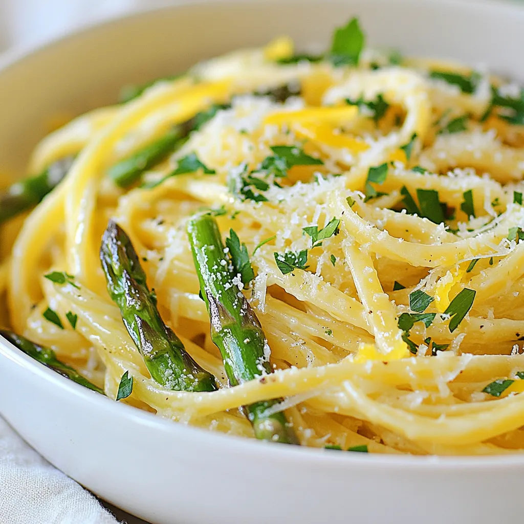 To make Lemon Garlic Asparagus Pasta, gather these main ingredients: - 8 oz fettuccine or spaghetti - 1 lb asparagus, trimmed and cut into 2-inch pieces - 4 cloves garlic, minced - 3 tablespoons olive oil - Zest of 1 lemon - Juice of 1 lemon - 1/2 cup grated Parmesan cheese (or nutritional yeast for a vegan option) - Salt and pepper to taste - Fresh parsley, chopped (for garnish) These ingredients work together to create a fresh, bright dish. The lemon and garlic give it a light flavor, while the asparagus adds a nice crunch. You can add some optional ingredients to enhance the dish: - 1 teaspoon red pepper flakes This adds a slight heat, which can make the dish more exciting. I love to serve this pasta warm in bowls. Garnish with: - Chopped fresh parsley - Extra lemon zest - A sprinkle of additional Parmesan cheese These small touches make the dish look vibrant and inviting. Plus, they enhance the flavors, making each bite delicious. Enjoy your meal with a side of crusty bread or a fresh salad for a complete experience. {{ingredient_image_1}} Start by boiling a large pot of salted water. This adds flavor to the pasta. Once the water is bubbling, add 8 oz of fettuccine or spaghetti. Cook it as directed on the package until it's al dente. Before draining, save about 1 cup of that pasta water. This water is starchy and will help later. While the pasta cooks, grab a large skillet. Heat 3 tablespoons of olive oil over medium heat. Add 4 cloves of minced garlic and, if you like, 1 teaspoon of red pepper flakes. Sauté these for 1-2 minutes. You want the garlic fragrant but not burnt. Next, add 1 lb of trimmed asparagus cut into 2-inch pieces. Cook this for 3-4 minutes. Aim for tender yet crisp asparagus. Stir it often to cook evenly. Once your pasta is drained, add it straight to the skillet with the asparagus. Now, pour in the reserved pasta water, the juice and zest of 1 lemon. Toss everything together to mix it well. Next, stir in 1/2 cup of grated Parmesan cheese. Mix until it's all combined. Taste and adjust with salt and pepper. If it feels dry, add more reserved pasta water. Let it sit for a minute. This helps the flavors blend together beautifully. To get the best pasta, cook it al dente. Al dente means the pasta is firm but not hard. Start boiling a large pot of salted water. Once boiling, add your pasta. Stir it so it does not stick. Follow the package instructions for the cooking time. Before you drain it, save about 1 cup of that pasta water. This water helps make the sauce creamy later. Garlic is key to flavor in this dish. Sauté the minced garlic in olive oil. Don’t let it burn, or it will taste bitter. Red pepper flakes add a nice kick if you like some heat. Always taste your dish before serving. Add salt and pepper to make the flavors pop. The fresh lemon juice and zest give this dish a bright taste. How you serve the pasta matters. Use deep bowls for a nice look. After plating the pasta, sprinkle chopped parsley on top. This adds color and freshness. You can also add more lemon zest and a bit of grated Parmesan. These little touches make your dish look gourmet and inviting. Pro Tips Timing is Key: To ensure the asparagus stays crisp, add it to the skillet when the pasta is almost done cooking so everything finishes at the same time. Use Fresh Ingredients: Fresh asparagus and real garlic will elevate the dish's flavor significantly compared to canned or pre-minced options. Adjust Creaminess: If you prefer a creamier texture, gradually add more reserved pasta water until you reach your desired consistency. Garnish Wisely: A squeeze of fresh lemon juice right before serving adds brightness, while extra Parmesan and parsley enhance both flavor and presentation. {{image_2}} You can easily make this dish vegan. Simply swap the Parmesan cheese for nutritional yeast. Nutritional yeast gives a cheesy flavor without dairy. Use the same amount as the cheese in the recipe. It adds a nice depth to the dish. Feel free to mix in other veggies. Broccoli, bell peppers, or peas work great here. You can also add spinach for a pop of color. Just remember to cook them until tender. This way, they blend well with the pasta. While fettuccine or spaghetti shines in this dish, you can try others. Penne or farfalle can add fun shapes. Whole wheat or gluten-free pasta also works well. Just adjust the cooking time according to the package. Enjoy experimenting with your favorite pasta! To keep your Lemon Garlic Asparagus Pasta fresh, store it in an airtight container. Let the pasta cool for about 30 minutes before sealing it. This helps prevent moisture buildup. You can keep it in the fridge for up to three days. If you want to enjoy it later, consider separating the sauce from the pasta. This keeps the pasta from getting too soggy. When you're ready to eat, heat the pasta in a skillet over low heat. Add a splash of water or olive oil to prevent sticking. Stir gently until warmed through. You can also use a microwave. Place the pasta in a microwave-safe dish and cover it. Heat in short bursts, stirring in between, until hot. Make sure to monitor it closely to avoid overheating. If you want to freeze your Lemon Garlic Asparagus Pasta, do it right after cooking. Portion it into freezer bags or containers. Remove as much air as possible before sealing. You can freeze it for up to two months. To enjoy it later, thaw it overnight in the fridge. Reheat as mentioned above, and you’ll have a quick meal ready to go! Yes, you can use frozen asparagus. Just thaw and drain it first. Frozen asparagus cooks faster than fresh. Keep an eye on it to avoid overcooking. This helps keep the texture nice and crisp. To make this dish gluten-free, use gluten-free pasta. Many brands offer great options like brown rice or quinoa pasta. They cook similarly to regular pasta. Just follow the package instructions for the best results. For a cheese substitute, try nutritional yeast. It gives a nice, cheesy flavor. You can also use vegan Parmesan if you want a similar taste. Crushed cashews or sunflower seeds can work too! The spice level depends on how much you add. One teaspoon gives a nice warmth without being too hot. If you want more heat, add more red pepper flakes. Start with a little and taste as you go! This blog post shared how to make a tasty pasta dish. You learned about key ingredients, cooking steps, and tips for great flavor. We also explored variations to suit different diets and how to store leftovers. Enjoying this dish is simple, no matter your taste. Remember, small tweaks can make a big difference. Keep experimenting with flavors and textures. Your next pasta creation will impress everyone!