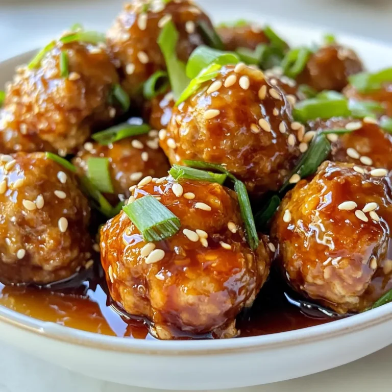 - 1 lb ground chicken (or turkey) - 1/2 cup breadcrumbs - 1/4 cup finely chopped green onions - 2 cloves garlic, minced - 1 tablespoon fresh ginger, grated - 1 large egg - 1 tablespoon soy sauce - 1/4 teaspoon black pepper - 1 tablespoon sesame oil For the meatballs, I love using ground chicken or turkey. Both are lean and cook well. Breadcrumbs help bind the mix and give it a nice texture. Chopped green onions add freshness, while minced garlic and ginger bring great flavor. The egg helps hold everything together. The soy sauce gives a salty taste, and black pepper adds a hint of spice. Lastly, sesame oil gives a rich, nutty flavor that really rounds out the dish. - 1/2 cup soy sauce - 1/4 cup honey - 2 tablespoons rice vinegar - 2 cloves garlic, minced - 1 tablespoon cornstarch mixed with 2 tablespoons water (for thickening) - 1 teaspoon sesame seeds (for garnish) For the teriyaki sauce, I use soy sauce for the base. Honey adds sweetness and balance. Rice vinegar gives a bit of tang, and minced garlic enhances the flavor. The cornstarch mixed with water helps thicken the sauce. Once it's done, I like to sprinkle sesame seeds on top for extra crunch. - Additional green onions - Sesame seeds For garnishes, I often add more green onions. They add color and a nice pop of taste. A few extra sesame seeds can make the dish look even better. These small touches make a big difference in how your dish looks and tastes. {{ingredient_image_1}} Combine all the meatball ingredients in a large bowl. You need: - 1 lb ground chicken (or turkey) - 1/2 cup breadcrumbs - 1/4 cup finely chopped green onions - 2 cloves garlic, minced - 1 tablespoon fresh ginger, grated - 1 large egg - 1 tablespoon soy sauce - 1/4 teaspoon black pepper - 1 tablespoon sesame oil Mix until everything is well blended. Use your hands for the best results. Don’t overmix; this keeps meatballs tender. Preheat your oven to 400°F (200°C). This step is important for even cooking. Form the mixture into small meatballs, about 1 to 1.5 inches wide. Place them on a baking sheet lined with parchment paper. Make sure they have space between them. This helps them cook evenly and get golden brown. While the meatballs bake, make your sauce. In a small saucepan, combine: - 1/2 cup soy sauce - 1/4 cup honey - 2 tablespoons rice vinegar - 2 cloves garlic, minced Stir this mixture over medium heat until it starts to simmer. For thickening, mix 1 tablespoon cornstarch with 2 tablespoons water. Add this to the saucepan. Stir until the sauce thickens, which should take about 2 to 3 minutes. Remove it from the heat when done. Once the meatballs are ready, place them in a serving dish. Pour the thick sauce over them and toss gently to coat. Enjoy your delicious Honey Garlic Teriyaki Meatballs! How to prevent dry meatballs: To keep your meatballs moist, don’t overmix the meat. Gently combine the ingredients until just mixed. This helps keep the meatballs tender. Adding the egg and breadcrumbs also helps lock in moisture. Importance of breadcrumb type: Use fresh or panko breadcrumbs for a lighter texture. Fresh breadcrumbs absorb moisture better, while panko makes them crispier. Choose what you like best for your meal. Adjusting thickness of the sauce: If your sauce is too thin, mix a little cornstarch with water. Stir this into the sauce while it simmers. This will help it thicken nicely. If it’s too thick, add a splash of water or more soy sauce. Flavor balancing tips: Taste your sauce as it cooks. If it’s too salty, add more honey or rice vinegar. This will balance the flavors and enhance the dish's taste. Best side dishes to pair with meatballs: Serve these meatballs with steamed rice or noodles. You can also add some stir-fried veggies for a complete meal. A fresh salad works well too. Creative serving ideas: Try serving meatballs in lettuce wraps or on skewers for a fun twist. You can also use them in a sub sandwich with extra sauce. Pro Tips Use Fresh Ingredients: Fresh garlic and ginger will provide a more vibrant flavor compared to dried versions. Always opt for fresh when possible. Don't Overmix: When combining the meatball ingredients, mix just until combined. Overmixing can lead to tough meatballs. Experiment with Protein: Feel free to substitute ground chicken with ground beef, pork, or even plant-based meat for a different flavor profile. Adjust Sauce Sweetness: The sweetness of the teriyaki sauce can be adjusted by adding more or less honey, depending on your taste preferences. {{image_2}} You can switch the ground chicken for other meats. Turkey works well if you want a leaner option. Ground beef is also tasty and adds more flavor. If you're looking for a vegetarian choice, try using plant-based meat. Just make sure to adjust the seasoning to keep it flavorful. You can change up the teriyaki sauce easily. Try adding spices like red pepper flakes for heat. You can also swap honey for maple syrup or agave nectar for a different sweet flavor. Experiment with different vinegars, too, like apple cider vinegar or balsamic for a unique twist. Baking is easy, but you can cook the meatballs in other ways. If you prefer, sauté them in a pan on the stove. This gives them a nice crust. Grilling is another fun option. It adds a smoky flavor that pairs well with the teriyaki sauce. Choose the method that suits your taste and time. To store leftovers, place meatballs in an airtight container. Keep them in the fridge for up to three days. Make sure they cool down first to keep them fresh. You can also store the honey garlic teriyaki sauce separately. This helps maintain the meatballs' texture and flavor. For long-term storage, you can freeze meatballs and sauce. Place them in freezer-safe bags or containers. They can last for up to three months in the freezer. Thaw them in the fridge overnight when you are ready to eat. This keeps them safe and tasty. Reheat meatballs gently to keep them juicy. You can use a microwave or stovetop. If using a microwave, heat in short bursts to avoid drying them out. On the stovetop, add a splash of water or sauce, cover, and warm on low. This will keep the flavor and texture just right. Yes, you can use beef or pork instead of chicken. Ground turkey works well too. Each meat brings a different flavor and texture. Beef adds richness, while pork gives a nice balance of sweet and savory. Just remember, the cooking time might change slightly based on the meat you choose. These meatballs stay fresh for about four days in the fridge. Store them in an airtight container to keep them safe. Make sure they cool down before putting them away. If they smell off or look different, it’s best to toss them out. Yes! You can make the meatballs a day in advance. Just bake them, let them cool, and store them in the fridge. When you are ready to eat, reheat them in the oven at 350°F (175°C) for about 10-15 minutes. This will keep them warm and tasty! You learned how to make tasty Honey Garlic Teriyaki Meatballs. We covered the main ingredients, step-by-step instructions, and clever tips for perfect texture. You now know how to store leftovers, explore protein alternatives, and make variations. These meatballs are easy to customize and fun to share. Enjoy cooking them for family or friends, and get creative with flavors and serving ideas. Happy cooking!