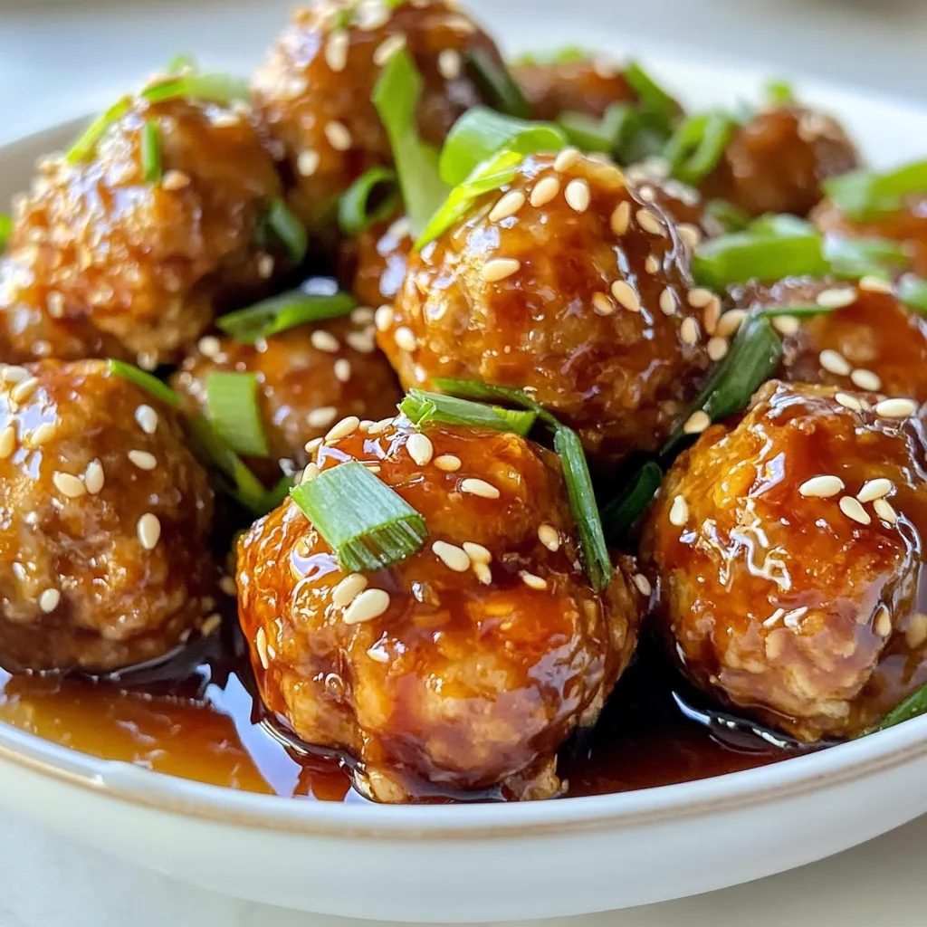 - 1 lb ground chicken (or turkey) - 1/2 cup breadcrumbs - 1/4 cup finely chopped green onions - 2 cloves garlic, minced - 1 tablespoon fresh ginger, grated - 1 large egg - 1 tablespoon soy sauce - 1/4 teaspoon black pepper - 1 tablespoon sesame oil For the meatballs, I love using ground chicken or turkey. Both are lean and cook well. Breadcrumbs help bind the mix and give it a nice texture. Chopped green onions add freshness, while minced garlic and ginger bring great flavor. The egg helps hold everything together. The soy sauce gives a salty taste, and black pepper adds a hint of spice. Lastly, sesame oil gives a rich, nutty flavor that really rounds out the dish. - 1/2 cup soy sauce - 1/4 cup honey - 2 tablespoons rice vinegar - 2 cloves garlic, minced - 1 tablespoon cornstarch mixed with 2 tablespoons water (for thickening) - 1 teaspoon sesame seeds (for garnish) For the teriyaki sauce, I use soy sauce for the base. Honey adds sweetness and balance. Rice vinegar gives a bit of tang, and minced garlic enhances the flavor. The cornstarch mixed with water helps thicken the sauce. Once it's done, I like to sprinkle sesame seeds on top for extra crunch. - Additional green onions - Sesame seeds For garnishes, I often add more green onions. They add color and a nice pop of taste. A few extra sesame seeds can make the dish look even better. These small touches make a big difference in how your dish looks and tastes. {{ingredient_image_1}} Combine all the meatball ingredients in a large bowl. You need: - 1 lb ground chicken (or turkey) - 1/2 cup breadcrumbs - 1/4 cup finely chopped green onions - 2 cloves garlic, minced - 1 tablespoon fresh ginger, grated - 1 large egg - 1 tablespoon soy sauce - 1/4 teaspoon black pepper - 1 tablespoon sesame oil Mix until everything is well blended. Use your hands for the best results. Don’t overmix; this keeps meatballs tender. Preheat your oven to 400°F (200°C). This step is important for even cooking. Form the mixture into small meatballs, about 1 to 1.5 inches wide. Place them on a baking sheet lined with parchment paper. Make sure they have space between them. This helps them cook evenly and get golden brown. While the meatballs bake, make your sauce. In a small saucepan, combine: - 1/2 cup soy sauce - 1/4 cup honey - 2 tablespoons rice vinegar - 2 cloves garlic, minced Stir this mixture over medium heat until it starts to simmer. For thickening, mix 1 tablespoon cornstarch with 2 tablespoons water. Add this to the saucepan. Stir until the sauce thickens, which should take about 2 to 3 minutes. Remove it from the heat when done. Once the meatballs are ready, place them in a serving dish. Pour the thick sauce over them and toss gently to coat. Enjoy your delicious Honey Garlic Teriyaki Meatballs! How to prevent dry meatballs: To keep your meatballs moist, don’t overmix the meat. Gently combine the ingredients until just mixed. This helps keep the meatballs tender. Adding the egg and breadcrumbs also helps lock in moisture. Importance of breadcrumb type: Use fresh or panko breadcrumbs for a lighter texture. Fresh breadcrumbs absorb moisture better, while panko makes them crispier. Choose what you like best for your meal. Adjusting thickness of the sauce: If your sauce is too thin, mix a little cornstarch with water. Stir this into the sauce while it simmers. This will help it thicken nicely. If it’s too thick, add a splash of water or more soy sauce. Flavor balancing tips: Taste your sauce as it cooks. If it’s too salty, add more honey or rice vinegar. This will balance the flavors and enhance the dish's taste. Best side dishes to pair with meatballs: Serve these meatballs with steamed rice or noodles. You can also add some stir-fried veggies for a complete meal. A fresh salad works well too. Creative serving ideas: Try serving meatballs in lettuce wraps or on skewers for a fun twist. You can also use them in a sub sandwich with extra sauce. Pro Tips Use Fresh Ingredients: Fresh garlic and ginger will provide a more vibrant flavor compared to dried versions. Always opt for fresh when possible. Don't Overmix: When combining the meatball ingredients, mix just until combined. Overmixing can lead to tough meatballs. Experiment with Protein: Feel free to substitute ground chicken with ground beef, pork, or even plant-based meat for a different flavor profile. Adjust Sauce Sweetness: The sweetness of the teriyaki sauce can be adjusted by adding more or less honey, depending on your taste preferences. {{image_2}} You can switch the ground chicken for other meats. Turkey works well if you want a leaner option. Ground beef is also tasty and adds more flavor. If you're looking for a vegetarian choice, try using plant-based meat. Just make sure to adjust the seasoning to keep it flavorful. You can change up the teriyaki sauce easily. Try adding spices like red pepper flakes for heat. You can also swap honey for maple syrup or agave nectar for a different sweet flavor. Experiment with different vinegars, too, like apple cider vinegar or balsamic for a unique twist. Baking is easy, but you can cook the meatballs in other ways. If you prefer, sauté them in a pan on the stove. This gives them a nice crust. Grilling is another fun option. It adds a smoky flavor that pairs well with the teriyaki sauce. Choose the method that suits your taste and time. To store leftovers, place meatballs in an airtight container. Keep them in the fridge for up to three days. Make sure they cool down first to keep them fresh. You can also store the honey garlic teriyaki sauce separately. This helps maintain the meatballs' texture and flavor. For long-term storage, you can freeze meatballs and sauce. Place them in freezer-safe bags or containers. They can last for up to three months in the freezer. Thaw them in the fridge overnight when you are ready to eat. This keeps them safe and tasty. Reheat meatballs gently to keep them juicy. You can use a microwave or stovetop. If using a microwave, heat in short bursts to avoid drying them out. On the stovetop, add a splash of water or sauce, cover, and warm on low. This will keep the flavor and texture just right. Yes, you can use beef or pork instead of chicken. Ground turkey works well too. Each meat brings a different flavor and texture. Beef adds richness, while pork gives a nice balance of sweet and savory. Just remember, the cooking time might change slightly based on the meat you choose. These meatballs stay fresh for about four days in the fridge. Store them in an airtight container to keep them safe. Make sure they cool down before putting them away. If they smell off or look different, it’s best to toss them out. Yes! You can make the meatballs a day in advance. Just bake them, let them cool, and store them in the fridge. When you are ready to eat, reheat them in the oven at 350°F (175°C) for about 10-15 minutes. This will keep them warm and tasty! You learned how to make tasty Honey Garlic Teriyaki Meatballs. We covered the main ingredients, step-by-step instructions, and clever tips for perfect texture. You now know how to store leftovers, explore protein alternatives, and make variations. These meatballs are easy to customize and fun to share. Enjoy cooking them for family or friends, and get creative with flavors and serving ideas. Happy cooking!