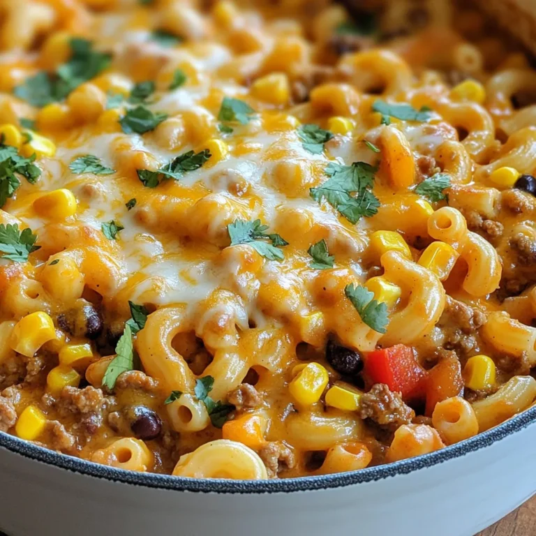 - 1 lb ground turkey or beef - 1 cup elbow macaroni - 1 can (15 oz) black beans, drained and rinsed - 1 can (10 oz) diced tomatoes with green chilies Taco Mac Skillet starts with hearty main ingredients. You can use ground turkey or beef as your protein. I prefer ground turkey for a lighter touch. Elbow macaroni gives a nice bite, making it a cozy dish. Black beans add protein and fiber, while diced tomatoes with green chilies bring zest and color. - 1 packet taco seasoning (about 1 oz) - 2 tablespoons olive oil - Salt and pepper to taste Seasonings are key for flavor. Taco seasoning packs a punch with spices that make this dish special. Use olive oil to sauté the veggies, enhancing their taste. Salt and pepper are simple, but they make a big difference in the overall flavor. - 2 cups shredded cheddar cheese - Fresh cilantro for garnish (optional) Garnishes elevate your dish. Shredded cheddar cheese melts beautifully on top, adding creaminess. Fresh cilantro offers a bright finish if you like a fresh taste. You can skip it if you prefer, but it adds a nice touch. {{ingredient_image_1}} To start, grab a large skillet. Heat 2 tablespoons of olive oil over medium heat. Add 1 small diced onion and 1 diced bell pepper. Sauté them for 3-4 minutes. You want them tender and fragrant. Next, add 1 pound of ground turkey or beef. Season with salt, pepper, and 1 packet of taco seasoning. Cook until the meat is browned and fully cooked, which takes about 5-7 minutes. Make sure to break up the meat as it cooks. Now it’s time to bring in some flavor. Stir in 1 can of diced tomatoes with green chilies, 1 can of black beans (drained and rinsed), and 1 cup of corn. Pour in 2 cups of beef or chicken broth. Bring this mixture to a gentle boil. Once boiling, add 1 cup of elbow macaroni. Stir well, cover the skillet, and reduce the heat to a simmer. Cook for 8-10 minutes, or until the pasta is al dente. Stir occasionally to prevent sticking. After cooking the pasta, take the skillet off the heat. Stir in 1 ½ cups of shredded cheddar cheese. Mix until the cheese melts into the dish, creating a creamy texture. For the final touch, sprinkle the remaining cheese on top. Cover the skillet again and let it sit for about 2-3 minutes. This allows the cheese to melt and become bubbly. If you like, add fresh cilantro for a pop of color and flavor. - To make sure your pasta is just right, cook it until al dente. This means it should be firm but not hard. Follow the package directions for timing. Stir the pasta often. This keeps it from sticking together. - To prevent sticking, use enough water when cooking the pasta. Add a pinch of salt to the water for flavor. Once the pasta is done, drain it quickly. Rinse with cold water if needed. This stops it from cooking more. - You can make this dish even better by adding spices. A pinch of chili powder or cayenne can add heat. A few drops of hot sauce can also give it a kick. Taste as you go to find your perfect level of spice. - Try different cheeses to change the flavor. Monterey Jack adds creaminess. Pepper Jack gives a nice spicy twist. You can mix cheeses for a unique taste that you will love. - For side dishes, pair this meal with a fresh salad. A simple green salad with lime dressing works well. You could also serve it with tortilla chips for some crunch. - When serving, bowls are great for this dish. It helps keep the cheese and sauce in one place. Plates work too, but bowls add a fun twist. Consider using deep bowls for a cozy feel. Pro Tips Choose the Right Protein: Ground turkey is a leaner option, while beef offers a richer flavor. Choose based on your health goals and taste preferences. Add Extra Veggies: For added nutrition and flavor, consider including additional vegetables like zucchini or mushrooms to the mix. Cook Pasta Separately: For a firmer texture, you can cook the elbow macaroni separately and mix it in at the end instead of during the simmering process. Experiment with Cheese: While cheddar is classic, try other cheeses like pepper jack for a spicy kick or mozzarella for a gooey texture. {{image_2}} You can switch the ground turkey or beef in this dish. Ground chicken works well too. For a meat-free option, try using lentils or a meat substitute. These choices give you great flavor while meeting your needs. Feel free to change up the macaroni shapes. Shells or rotini can add fun textures. You can also toss in other veggies like zucchini or spinach. They add nutrients and color. If you need gluten-free options, use gluten-free macaroni. They cook similarly and taste great. For low-carb diets, swap macaroni for cauliflower rice or zucchini noodles. These swaps keep the dish hearty without the carbs. To store leftovers, let the Taco Mac Skillet cool down. Then, transfer it to an airtight container. This keeps it fresh and tasty. You can store it in the fridge for about 3 to 4 days. If you want to enjoy it later, make sure to label the container with the date. You can freeze the Taco Mac Skillet for longer storage. First, let it cool completely. Then, place it in a freezer-safe container or bag. Squeeze out as much air as possible to prevent freezer burn. It will stay good for about 2 to 3 months. When you are ready to eat it, move it to the fridge to thaw overnight. To reheat without losing texture, the stove is best. Heat a little olive oil in a skillet over medium heat. Add the Taco Mac Skillet and stir until hot. If you use a microwave, place it in a bowl and cover it. Heat in short bursts, stirring in between to warm evenly. Enjoy your hearty meal again! Yes, you can swap the meat for other options. Ground chicken works well. You can also use plant-based meat for a vegetarian dish. Each choice will change the flavor slightly but still taste great. Just ensure you cook it fully for safety. To add more heat, try these tips. You can mix in diced jalapeños or add a splash of hot sauce. Another option is to use spicy taco seasoning. Adjust the heat based on your taste. Remember, you can always add more but can’t take it out! Absolutely! This dish is great for meal prep. Cook it and let it cool. Store it in an airtight container in the fridge for up to three days. You can also freeze it for up to a month. Just reheat it on the stove or microwave when you’re ready to enjoy! This blog post covered how to make a tasty Taco Mac Skillet. We discussed the main ingredients, like ground turkey, macaroni, and black beans. I shared step-by-step instructions for cooking and tips for extra flavor. You can customize it with different proteins and veggies to fit your needs. Remember, storing leftovers right helps keep the dish fresh. With these tips, you can enjoy a meal that fits your taste and lifestyle. Dive into this recipe and make it your own!