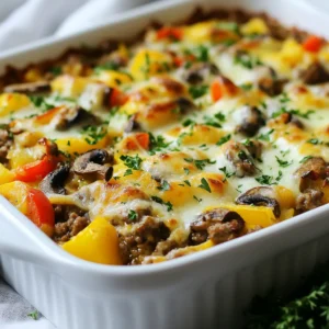 - 1 lb ground beef (or chicken) - 1 medium onion, sliced - 1 bell pepper (any color), sliced - 8 ounces mushrooms, sliced - 1 teaspoon garlic powder - 1 teaspoon onion powder - Salt and pepper to taste - 1 cup heavy cream - 2 cups shredded provolone cheese (or a blended cheese of your choice) - 2 tablespoons olive oil - Fresh parsley, chopped (for garnish) For this Low Carb Philly Cheesesteak Casserole, I like to use ground beef for its rich flavor. You can also use ground chicken if you prefer a lighter option. Next, I slice a medium onion, a colorful bell pepper, and some mushrooms. These add sweetness and depth to the dish. I season the mixture with garlic powder and onion powder. Salt and pepper are key to enhance all the flavors. For creaminess, I use heavy cream. It makes the dish smooth and rich. Provolone cheese tops it off. It melts beautifully and gives that classic cheesesteak taste. Olive oil helps in sautéing the veggies to get them soft and tasty. Finally, I like to sprinkle fresh parsley on top for a pop of color and extra flavor. This combination of ingredients creates a hearty and satisfying meal that is perfect for any low-carb diet. {{ingredient_image_1}} Start by heating two tablespoons of olive oil in a large skillet over medium heat. Add one medium sliced onion, one sliced bell pepper, and eight ounces of sliced mushrooms. Sauté these for about five to seven minutes. You want them soft and fragrant. Stir them often to prevent sticking. This mix adds great flavor to our casserole. Next, add one pound of ground beef or chicken to the skillet. Break it apart with a spatula as it cooks. Season the meat with one teaspoon of garlic powder, one teaspoon of onion powder, salt, and pepper to taste. Cook until the meat is browned and no longer pink, which takes about seven to ten minutes. This step is key for a tasty filling. Once the meat is cooked, pour in one cup of heavy cream. Stir well until all the ingredients are combined. Let it cook for another two to three minutes. This helps the mixture thicken slightly. After that, transfer it into a greased 9x13 inch baking dish, spreading it out evenly. Now, sprinkle two cups of shredded provolone cheese over the top of the mixture. This cheese melts nicely and adds a rich flavor. Place the dish in your preheated oven at 350°F (175°C). Bake for 25 to 30 minutes, or until the cheese is melted and bubbly. After baking, let it sit for five minutes before serving. This resting time helps it set. Enjoy your low carb Philly cheesesteak casserole! To make the best Low Carb Philly Cheesesteak Casserole, use fresh ingredients. I recommend using: - 1 lb ground beef or chicken - 1 medium onion, sliced - 1 bell pepper, sliced - 8 ounces mushrooms, sliced - 1 teaspoon garlic powder - 1 teaspoon onion powder - Salt and pepper to taste - 1 cup heavy cream - 2 cups shredded provolone cheese Garlic powder and onion powder add depth. Adjust salt and pepper to your taste. You can also add optional spices like paprika or cayenne for a kick. For a creamy casserole, the heavy cream is key. It brings richness that balances the meat and veggies. Cook everything until it thickens slightly before baking. This step locks in flavor and creaminess. Don't rush the sautéing process; let the veggies soften well. This makes every bite pleasant and smooth. Garnishing is simple but impactful. Sprinkle fresh parsley on top before serving. It adds color and a fresh taste. I love pairing this casserole with a low-carb salad. A green salad with a light vinaigrette complements the rich casserole. Enjoy it warm, right from the dish, for a cozy meal. Pro Tips Use High-Quality Cheese: Opt for a good quality provolone or cheese blend to enhance the flavor and creaminess of the casserole. Customize Your Veggies: Feel free to add or substitute other vegetables like zucchini or spinach for added nutrition and flavor. Let It Rest: Allow the casserole to sit for a few minutes after baking to help it set and make serving easier. Pair with Low-Carb Sides: Serve with a low-carb salad or roasted vegetables to complement the richness of the casserole. {{image_2}} You can switch up the ground beef in this dish. Try using ground chicken or turkey. Both options work well and keep it low-carb. If you want a plant-based version, use lentils or a meat substitute. These choices add unique flavors and textures. While provolone cheese is traditional, you can experiment with different cheese blends. Cheddar adds a sharp taste, while mozzarella gives a nice stretch. Mixing cheeses can create a richer flavor. Just make sure to use low-carb options to stay on track. Feel free to add other low-carb veggies to your casserole. Zucchini, spinach, or broccoli can work well. These veggies boost nutrients and flavor. You can mix and match based on what you have or like best. This makes your casserole fun and healthy. To store your leftovers, let the casserole cool first. Place it in an airtight container. This keeps the dish fresh for up to three days in the fridge. If you use glass containers, it can help keep odors away. Always label your container with the date. This way, you know when to use it. If you want to freeze the casserole, let it cool completely. Cut it into portions for easy use later. Wrap each piece tightly in plastic wrap, then place them in a freezer bag. Be sure to remove as much air as you can. The casserole can last in the freezer for up to three months. To reheat, the best method is to use the oven. Preheat it to 350°F (175°C). Place the casserole in an oven-safe dish and cover it with foil. Bake for about 20-25 minutes. If you want a crispy top, remove the foil for the last 5 minutes. You can also use the microwave, but the oven keeps the texture better. Heat in short bursts, stirring in between, until it's hot. Yes, you can prepare this casserole ahead. First, cook the meat and veggies. Then mix in the cream and cheese. Transfer this mixture to your baking dish. Cover it and store it in the fridge. You can bake it when you're ready. Just add an extra 5-10 minutes to the bake time. Absolutely! This recipe is gluten-free. The main ingredients, like ground beef, veggies, and cheese, contain no gluten. Always check the labels on your cheese and any seasonings. Some pre-packaged items may have hidden gluten. To adjust the spice levels, simply change the amount of seasoning. If you want more heat, add crushed red pepper or cayenne. For a milder dish, reduce the garlic powder or onion powder. Taste as you go to find your perfect balance. This article guides you through making a delicious low-carb casserole. We covered the main ingredients like meat, veggies, and cheese. I shared steps to prepare, cook, and bake your dish. The tips help you perfect flavor and texture. You can customize it with different proteins and cheeses. Proper storage and reheating keep leftovers tasty. Enjoy your cooking experience and impress your friends with this easy-to-follow recipe. Dive into new variations and make it your own!