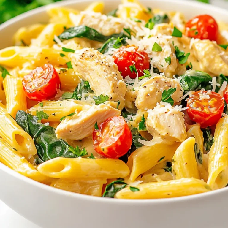 - 2 cups uncooked penne pasta - 1 pound diced chicken breast - 2 cups heavy cream The main ingredients for this dish are simple. You need uncooked penne pasta for the base. The diced chicken breast adds protein and flavor. Heavy cream gives that rich, creamy texture. - 1 packet ranch seasoning mix - 1 cup cherry tomatoes, halved - 1 cup fresh spinach, chopped For seasonings, the ranch seasoning mix is key. It adds a burst of flavor with every bite. Cherry tomatoes bring sweetness and color. Fresh spinach adds a nice touch of green and nutrition. - 1 cup shredded mozzarella cheese - 1/2 cup grated Parmesan cheese - Fresh parsley, chopped Cheese is where the magic happens! Shredded mozzarella melts beautifully. Grated Parmesan adds a nice salty kick. Fresh parsley makes the dish pop and looks great. {{ingredient_image_1}} First, fill a large pot with water and add salt. Bring the water to a boil. Once boiling, add 2 cups of uncooked penne pasta. Cook it according to the package directions until it is al dente. This means the pasta should be firm when you bite into it. After cooking, drain the pasta and set it aside. In a large skillet, heat 1 tablespoon of olive oil over medium heat. When the oil is hot, add 1 pound of diced chicken breast. Season the chicken with salt and pepper to taste. Cook the chicken for about 5 to 7 minutes. Stir it occasionally until the chicken turns golden brown and is no longer pink inside. Now, reduce the heat to low. Pour in 2 cups of heavy cream into the skillet with the cooked chicken. Stir in 1 packet of ranch seasoning mix. Make sure the seasoning blends well with the cream. Let the sauce simmer gently for about 3 to 4 minutes. This helps it thicken slightly. Next, add 1 cup of halved cherry tomatoes and 1 cup of chopped fresh spinach to the skillet. Stir them in gently. Cook for an additional 2 to 3 minutes. This will let the spinach wilt and the tomatoes soften. Once the vegetables are ready, add the drained penne pasta to the skillet. Toss everything gently together. Make sure the pasta is well coated with the creamy ranch sauce. Finally, stir in 1 cup of shredded mozzarella cheese and 1/2 cup of grated Parmesan cheese. Let the cheeses melt into the sauce. Taste the dish and adjust the seasoning with more salt and pepper if needed. Your creamy chicken ranch pasta is now ready to be served! To adjust creaminess levels, start with less cream. You can always add more later. If you want a lighter sauce, try using half-and-half. For alternative seasonings, add garlic powder or onion powder. You can even mix in some Italian herbs for a twist. To avoid overcooked chicken, check the chicken often while it cooks. It should be golden brown and not dry. To make sure the pasta and sauce stick together, toss the pasta with the sauce right after draining it. This helps the flavors blend well. For garnishing ideas, sprinkle fresh parsley on top before serving. You can also add extra grated Parmesan for a cheesy touch. As for side dishes, a simple green salad pairs nicely. Garlic bread also makes a great side to soak up the creamy sauce. Pro Tips Perfect Pasta Texture: Always cook the pasta al dente for the best texture. It will continue to cook slightly when mixed with the sauce. Chicken Cooking Tips: Ensure the chicken is cut into uniform pieces for even cooking. Use a meat thermometer to check that it reaches 165°F (75°C). Ranch Flavor Boost: For an extra flavor punch, consider adding a splash of buttermilk or Greek yogurt to the sauce for a tangy twist. Vegetable Variations: Feel free to add other vegetables like bell peppers or zucchini for more color and nutrition, just make sure to adjust cooking times accordingly. {{image_2}} You can switch up the protein in this dish. Shrimp is a great choice. Just cook it in the skillet until pink. Beef also works well. Use ground beef for a heartier taste. If you want a vegetarian meal, try chickpeas or tofu. Both options add protein and texture. For a dairy-free option, use coconut cream instead of heavy cream. It adds a nice flavor. You can also mix in a spicy ranch seasoning. This will give your pasta a kick. Add a bit of hot sauce for extra heat. Want to add more veggies? Bell peppers are a great choice. Chop them up and toss them in with the chicken. You can also use zucchini or broccoli for more color and crunch. Different cheeses can also enhance the flavor. Try adding feta for a tangy twist or pepper jack for some spice. To keep your creamy chicken ranch pasta fresh, store it in an airtight container. Let the pasta cool down before sealing it. This helps avoid moisture buildup. Place the container in the fridge. It can stay fresh for about 3 to 4 days. When you want to eat it again, check if it smells good and looks fine. When reheating, you want to keep that creamy texture. The best method is to use the stovetop. Place the pasta in a skillet over low heat. Add a splash of milk or cream to help it stay creamy. Stir it often until warmed. You can also use the microwave. Heat it in short bursts, about 30 seconds each time. Stir in between to make sure it heats evenly. If you want to save creamy chicken ranch pasta for later, freezing is a good choice. First, let the pasta cool completely. Then, portion it into freezer-safe bags or containers. Squeeze out as much air as possible. Label the bags with the date. It can last up to 2 months in the freezer. To thaw, leave it in the fridge overnight. Reheat it as mentioned earlier. If you don’t have ranch seasoning, try using Italian seasoning. You can mix dried herbs like basil, oregano, and parsley. Another option is to blend garlic powder, onion powder, and dill. These substitutes will still give your dish great flavor. You can also use Greek yogurt mixed with lemon juice for a creamy taste. Yes, you can make this dish ahead of time. Cook the pasta and chicken, then mix them with the sauce. Store the pasta in an airtight container in the fridge. It stays good for up to three days. When you are ready to eat, reheat it on low heat. Add a splash of cream to keep it creamy. To keep the sauce smooth, avoid high heat when cooking. Add the cream slowly and stir well. Make sure to let the sauce simmer gently. If the sauce thickens too much, add a little pasta water. This keeps it creamy and prevents separation. Yes, you can make a lighter version of this dish. Use low-fat milk or a mix of milk and Greek yogurt instead of heavy cream. You can also use less cheese. Adding more vegetables can help keep the dish filling without extra calories. Absolutely! You can use any pasta shape you like. Bowtie, fusilli, or even spaghetti work well. Just adjust the cooking time based on the pasta you choose. Each type will give a different twist to the dish while keeping the flavor the same. This blog gives you a clear path to making creamy chicken ranch pasta. You learned about the key ingredients, helpful tips, and various ways to enjoy this dish. Each step guides you through cooking, making it simple to follow. My final thoughts? Have fun customizing your meals. Add different proteins, cheeses, or veggies to fit your tastes. With a few adjustments, this dish can be perfect every time. Enjoy your cooking journey!