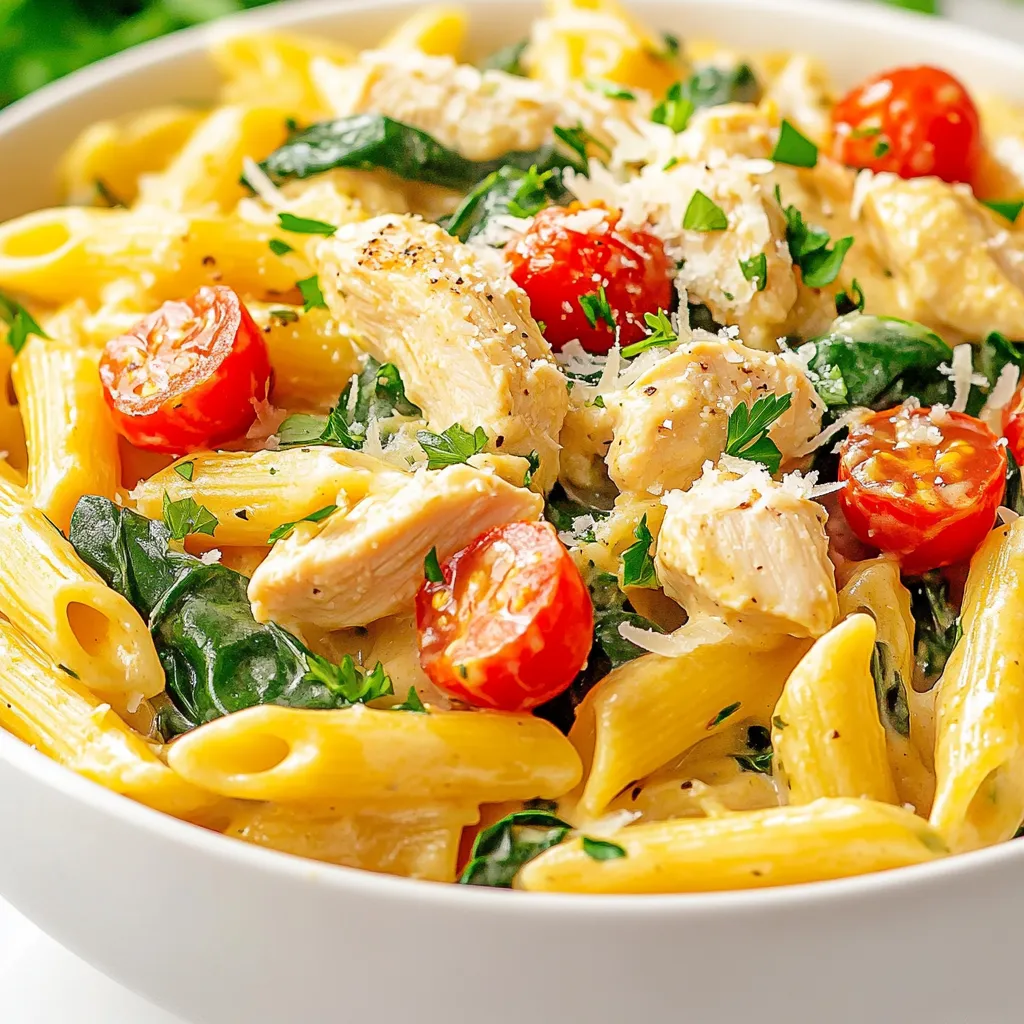 - 2 cups uncooked penne pasta - 1 pound diced chicken breast - 2 cups heavy cream The main ingredients for this dish are simple. You need uncooked penne pasta for the base. The diced chicken breast adds protein and flavor. Heavy cream gives that rich, creamy texture. - 1 packet ranch seasoning mix - 1 cup cherry tomatoes, halved - 1 cup fresh spinach, chopped For seasonings, the ranch seasoning mix is key. It adds a burst of flavor with every bite. Cherry tomatoes bring sweetness and color. Fresh spinach adds a nice touch of green and nutrition. - 1 cup shredded mozzarella cheese - 1/2 cup grated Parmesan cheese - Fresh parsley, chopped Cheese is where the magic happens! Shredded mozzarella melts beautifully. Grated Parmesan adds a nice salty kick. Fresh parsley makes the dish pop and looks great. {{ingredient_image_1}} First, fill a large pot with water and add salt. Bring the water to a boil. Once boiling, add 2 cups of uncooked penne pasta. Cook it according to the package directions until it is al dente. This means the pasta should be firm when you bite into it. After cooking, drain the pasta and set it aside. In a large skillet, heat 1 tablespoon of olive oil over medium heat. When the oil is hot, add 1 pound of diced chicken breast. Season the chicken with salt and pepper to taste. Cook the chicken for about 5 to 7 minutes. Stir it occasionally until the chicken turns golden brown and is no longer pink inside. Now, reduce the heat to low. Pour in 2 cups of heavy cream into the skillet with the cooked chicken. Stir in 1 packet of ranch seasoning mix. Make sure the seasoning blends well with the cream. Let the sauce simmer gently for about 3 to 4 minutes. This helps it thicken slightly. Next, add 1 cup of halved cherry tomatoes and 1 cup of chopped fresh spinach to the skillet. Stir them in gently. Cook for an additional 2 to 3 minutes. This will let the spinach wilt and the tomatoes soften. Once the vegetables are ready, add the drained penne pasta to the skillet. Toss everything gently together. Make sure the pasta is well coated with the creamy ranch sauce. Finally, stir in 1 cup of shredded mozzarella cheese and 1/2 cup of grated Parmesan cheese. Let the cheeses melt into the sauce. Taste the dish and adjust the seasoning with more salt and pepper if needed. Your creamy chicken ranch pasta is now ready to be served! To adjust creaminess levels, start with less cream. You can always add more later. If you want a lighter sauce, try using half-and-half. For alternative seasonings, add garlic powder or onion powder. You can even mix in some Italian herbs for a twist. To avoid overcooked chicken, check the chicken often while it cooks. It should be golden brown and not dry. To make sure the pasta and sauce stick together, toss the pasta with the sauce right after draining it. This helps the flavors blend well. For garnishing ideas, sprinkle fresh parsley on top before serving. You can also add extra grated Parmesan for a cheesy touch. As for side dishes, a simple green salad pairs nicely. Garlic bread also makes a great side to soak up the creamy sauce. Pro Tips Perfect Pasta Texture: Always cook the pasta al dente for the best texture. It will continue to cook slightly when mixed with the sauce. Chicken Cooking Tips: Ensure the chicken is cut into uniform pieces for even cooking. Use a meat thermometer to check that it reaches 165°F (75°C). Ranch Flavor Boost: For an extra flavor punch, consider adding a splash of buttermilk or Greek yogurt to the sauce for a tangy twist. Vegetable Variations: Feel free to add other vegetables like bell peppers or zucchini for more color and nutrition, just make sure to adjust cooking times accordingly. {{image_2}} You can switch up the protein in this dish. Shrimp is a great choice. Just cook it in the skillet until pink. Beef also works well. Use ground beef for a heartier taste. If you want a vegetarian meal, try chickpeas or tofu. Both options add protein and texture. For a dairy-free option, use coconut cream instead of heavy cream. It adds a nice flavor. You can also mix in a spicy ranch seasoning. This will give your pasta a kick. Add a bit of hot sauce for extra heat. Want to add more veggies? Bell peppers are a great choice. Chop them up and toss them in with the chicken. You can also use zucchini or broccoli for more color and crunch. Different cheeses can also enhance the flavor. Try adding feta for a tangy twist or pepper jack for some spice. To keep your creamy chicken ranch pasta fresh, store it in an airtight container. Let the pasta cool down before sealing it. This helps avoid moisture buildup. Place the container in the fridge. It can stay fresh for about 3 to 4 days. When you want to eat it again, check if it smells good and looks fine. When reheating, you want to keep that creamy texture. The best method is to use the stovetop. Place the pasta in a skillet over low heat. Add a splash of milk or cream to help it stay creamy. Stir it often until warmed. You can also use the microwave. Heat it in short bursts, about 30 seconds each time. Stir in between to make sure it heats evenly. If you want to save creamy chicken ranch pasta for later, freezing is a good choice. First, let the pasta cool completely. Then, portion it into freezer-safe bags or containers. Squeeze out as much air as possible. Label the bags with the date. It can last up to 2 months in the freezer. To thaw, leave it in the fridge overnight. Reheat it as mentioned earlier. If you don’t have ranch seasoning, try using Italian seasoning. You can mix dried herbs like basil, oregano, and parsley. Another option is to blend garlic powder, onion powder, and dill. These substitutes will still give your dish great flavor. You can also use Greek yogurt mixed with lemon juice for a creamy taste. Yes, you can make this dish ahead of time. Cook the pasta and chicken, then mix them with the sauce. Store the pasta in an airtight container in the fridge. It stays good for up to three days. When you are ready to eat, reheat it on low heat. Add a splash of cream to keep it creamy. To keep the sauce smooth, avoid high heat when cooking. Add the cream slowly and stir well. Make sure to let the sauce simmer gently. If the sauce thickens too much, add a little pasta water. This keeps it creamy and prevents separation. Yes, you can make a lighter version of this dish. Use low-fat milk or a mix of milk and Greek yogurt instead of heavy cream. You can also use less cheese. Adding more vegetables can help keep the dish filling without extra calories. Absolutely! You can use any pasta shape you like. Bowtie, fusilli, or even spaghetti work well. Just adjust the cooking time based on the pasta you choose. Each type will give a different twist to the dish while keeping the flavor the same. This blog gives you a clear path to making creamy chicken ranch pasta. You learned about the key ingredients, helpful tips, and various ways to enjoy this dish. Each step guides you through cooking, making it simple to follow. My final thoughts? Have fun customizing your meals. Add different proteins, cheeses, or veggies to fit your tastes. With a few adjustments, this dish can be perfect every time. Enjoy your cooking journey!