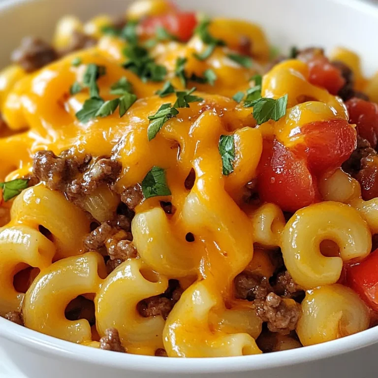 - 1 pound ground beef or turkey - 1 small onion, finely chopped - 3 cloves garlic, minced - 1 cup uncooked elbow macaroni - 3 cups beef broth - 1 cup shredded cheddar cheese - 1 cup diced tomatoes (canned or fresh) - 1 teaspoon paprika - 1 teaspoon dried oregano - 1/2 teaspoon black pepper - 1/2 teaspoon salt - 2 tablespoons olive oil - Fresh parsley, chopped (for garnish) To make homemade Hamburger Helper, you need a mix of simple ingredients. Choose either ground beef or turkey for your base. I often opt for turkey to keep it lean. The onion and garlic add a wonderful depth of flavor. Don’t skip chopping them finely; it helps them cook evenly. For the pasta, elbow macaroni works best, but feel free to use any short pasta you like. The beef broth and diced tomatoes bring moisture and taste. They meld together during cooking, creating a rich sauce. Seasonings are key in this dish. Paprika and oregano add warmth and zest. Black pepper and salt balance everything. Olive oil is important for sautéing the onions and meat. Finally, don’t forget the cheese! Cheddar gives that creamy finish that makes this dish truly comforting. Garnish with chopped parsley for a fresh touch. This not only looks great but also adds a pop of flavor. With these ingredients, you can create a quick, tasty meal that everyone will love. {{ingredient_image_1}} Start your skillet on medium heat. Add two tablespoons of olive oil. Once hot, toss in one small, finely chopped onion. Sauté for three to four minutes. This step makes the onion soft and sweet. Next, add three minced garlic cloves. Stir them in for about one minute. The smell will be amazing! Now, it’s time for the meat. Add one pound of ground beef or turkey. Break it apart with a spatula as it cooks. Brown the meat until there is no pink left. This should take about five to seven minutes. If there is extra grease, drain it off. After the meat is cooked, add flavor. Sprinkle in one teaspoon of paprika, one teaspoon of dried oregano, half a teaspoon of black pepper, and half a teaspoon of salt. Stir well to coat the meat with the spices. Now, pour in one cup of uncooked elbow macaroni. Then, add three cups of beef broth and one cup of diced tomatoes. Mix everything in the pan well. This is where the magic starts! Bring the mixture to a gentle boil. Once it boils, reduce the heat to low. Cover the skillet with a lid. Let it simmer for about ten to twelve minutes. Stir occasionally to keep the pasta from sticking. You want the macaroni to be tender and soak up most of the liquid. When the pasta is ready, take the skillet off the heat. Sprinkle one cup of shredded cheddar cheese on top. Cover the skillet again for a few minutes. This helps the cheese melt perfectly. Once the cheese is melted, stir it into the pasta mix. This makes it creamy and cheesy. Serve your dish hot. For a nice touch, garnish with fresh chopped parsley. It adds color and flavor! - To ensure perfect pasta texture, cook elbow macaroni until al dente. This means it should be firm but not hard. - Prevent sticking in the skillet by stirring often. Keep an eye on the pasta as it cooks. - Adding more spices can really boost the taste. Try red pepper flakes or Italian seasoning for a kick. - Using different cheese options can change the flavor profile. Mozzarella or pepper jack adds a fun twist. - For leaner meat choices, use ground turkey instead of beef. It’s lower in fat but still tasty. - Vegetable substitutions can add nutrition. Try adding spinach, bell peppers, or zucchini for extra color and flavor. Pro Tips Choose Your Protein: Ground turkey is a great low-fat alternative to ground beef, offering a lighter option without sacrificing flavor. Cheese Variations: Experiment with different types of cheese like pepper jack or gouda for a unique twist on the classic cheesy flavor. Add Veggies: Incorporate other vegetables such as bell peppers or spinach to enhance nutrition and add more color to your dish. Make Ahead: This dish can be made in advance and reheated, making it a perfect option for meal prep or busy weeknights. {{image_2}} You can switch the ground beef for ground turkey or chicken. This makes the dish leaner and lighter. Both options still give great flavor. If you want a vegetarian or vegan dish, use plant-based meat or beans. Lentils also work well. They add protein and fiber. You can use mushrooms for extra texture and taste. These swaps keep your meal tasty while meeting different diets. Try using whole grain macaroni for a healthier choice. Whole grain adds more fiber and nutrients. If you prefer a different cheese, use mozzarella or pepper jack. This can change the taste and make it fun. You can also use dairy-free cheese for a vegan option. These swaps let you enjoy the dish your way. Want some heat? Add jalapeños for a spicy kick. This adds a great flavor boost. You can also stir in some cream to make the dish rich and creamy. This gives it a nice texture and taste. Feel free to experiment with spices, too! Adding chili powder or cumin can change the whole dish. Each of these ideas helps you make the meal your own. To store your homemade hamburger helper, let it cool first. Place it in an airtight container. This helps keep it fresh. You can store it in the fridge for up to three days. When you want to reheat, use the stove or microwave. If using the microwave, heat in short bursts. Stir in between to avoid hot spots. For longer storage, you can freeze your hamburger helper. Use a freezer-safe container and label it with the date. It can last up to three months in the freezer. When you are ready to eat, thaw it in the fridge overnight. Reheat it on the stove, adding a splash of beef broth to help with moisture. Enjoy your meal without losing flavor or texture! Yes, you can make this recipe gluten-free. For the macaroni, use gluten-free pasta. Many brands offer gluten-free elbow macaroni made from rice, corn, or quinoa. These options work well and taste great. You can easily adjust the serving size. To scale up, just double the ingredients. For fewer servings, cut the amounts in half. Keep the same cooking time, but check for doneness a bit earlier for smaller portions. Homemade Hamburger Helper pairs well with many side dishes. Try a fresh green salad for crunch. Steamed broccoli adds color and nutrients. Garlic bread is a classic side that complements this dish nicely. In this blog post, we explored how to make a tasty Homemade Hamburger Helper. We discussed the essential ingredients and steps to cook your meal. You learned helpful tips for perfecting your dish, along with various healthy options and flavor enhancements. With these ideas, you can customize your recipe to suit any taste. Remember, cooking is fun and allows for creativity! Try out these suggestions and enjoy your delicious creation. Happy cooking!