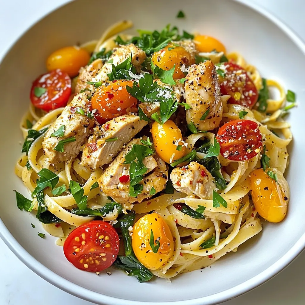 To make Cowboy Butter Chicken Linguine, you need fresh and tasty ingredients. Here’s what you will need: - 300g linguine - 2 chicken breasts, diced - 4 tablespoons cowboy butter (1/2 cup unsalted butter mixed with garlic, parsley, and smoked paprika) - 1 cup cherry tomatoes, halved - 1 cup baby spinach - 1 tablespoon olive oil - 1 teaspoon red pepper flakes (adjust for spice level) - Salt and pepper to taste - Fresh parsley, chopped (for garnish) - Grated Parmesan cheese (optional) Gathering these ingredients is key for a great meal. The linguine gives a nice texture, and the chicken adds protein. Cowboy butter is the star here, with its rich flavor from butter, garlic, and smoked paprika. Cherry tomatoes add a sweet burst, while spinach adds good color and nutrients. Don't forget to have salt and pepper on hand. They help bring out all the flavors. Fresh parsley and grated Parmesan can make your plate look beautiful and tasty. Enjoy cooking! {{ingredient_image_1}} Start by bringing a large pot of water to a boil. Add salt to the water. Once boiling, add 300g of linguine. Cook it until al dente, following the package instructions. This usually takes about 8-10 minutes. When done, drain the pasta in a colander. Remember to save 1 cup of that pasta water for later. In a large skillet, heat 1 tablespoon of olive oil over medium heat. While the oil heats, season 2 diced chicken breasts with salt, pepper, and 1 teaspoon of red pepper flakes. Once the skillet is hot, add the chicken. Cook for about 6-8 minutes. Stir occasionally until the chicken turns golden brown and is fully cooked. When done, remove the chicken from the skillet and set it aside. In the same skillet, add 4 tablespoons of cowboy butter. Let it melt slowly. Once melted, toss in 1 cup of halved cherry tomatoes. Sauté the tomatoes for 2-3 minutes. They should start to soften and release their juices. Next, add 1 cup of baby spinach to the skillet. Cook it for about 1 minute. You want the spinach to wilt nicely. After that, return the cooked chicken to the skillet. Mix everything well so the flavors blend. Now, it’s time to add the cooked linguine to the skillet. Toss the pasta with the chicken and veggies. If the dish looks too dry, use that reserved pasta water. Add a little at a time until you reach your desired consistency. Serve the linguine hot on plates. Garnish with freshly chopped parsley. If you like, sprinkle some grated Parmesan cheese on top. Enjoy your Cowboy Butter Chicken Linguine for a tasty and filling meal! To cook perfect linguine, start with a big pot of water. Add a good amount of salt to the water. This step is key to flavor. Bring the water to a boil before adding the pasta. Stir the linguine often while it cooks. Follow the package time for al dente. This means it should be a bit firm to the bite. When done, drain the pasta but save some water for later. For the chicken, cut the breasts into small cubes. This helps them cook evenly. Season them well with salt and pepper. Heat olive oil in a skillet over medium heat. Add the chicken to the hot oil. Sauté until golden brown and fully cooked. This takes about 6-8 minutes. Do not overcrowd the pan; cook in batches if needed. This keeps the chicken juicy and tender. Cowboy butter is what makes this dish special. Mix unsalted butter with garlic, parsley, and smoked paprika. This adds a rich flavor. If you want more heat, add more red pepper flakes. You can also toss in other herbs like basil or oregano. For a fresh twist, try adding lemon zest or juice. These small changes can make a big difference. Serve the Cowboy Butter Chicken Linguine hot. Garnish with chopped fresh parsley for color. You can also sprinkle grated Parmesan cheese on top. This adds extra creaminess. Pair it with a simple green salad or garlic bread. This will make your meal feel complete and satisfying. Enjoy every bite! Pro Tips Perfectly Cooked Pasta: To achieve al dente pasta, remember to taste it a minute or two before the package's cooking time is up. This ensures you're serving perfectly cooked linguine. Enhanced Flavor: For an extra kick, consider adding a pinch of cayenne pepper along with the red pepper flakes to deepen the flavor of the chicken and butter. Fresh Spinach Substitute: If baby spinach isn't available, feel free to substitute with kale or arugula. Both will add a unique flavor and texture to your dish. Leftover Cowboy Butter: If you have leftover cowboy butter, store it in the refrigerator to use on grilled meats or vegetables for an added flavor boost in future meals. {{image_2}} You can make a tasty vegetarian version of Cowboy Butter Chicken Linguine. Swap the chicken for diced mushrooms or zucchini. Both add a nice texture. You can also use tofu to boost protein. Just sauté them in the cowboy butter. This keeps the dish rich and full of flavor. While linguine works great, you can use other types of pasta. Spaghetti, fettuccine, or penne all fit well. Each choice will change the feel of the dish. For a gluten-free option, try chickpea or rice pasta. These options add a unique twist while still tasting good. If you want more protein, consider shrimp or scallops. They cook quickly and pair well with the butter sauce. You can also add cooked sausage for a heartier meal. Just remember to adjust cooking times as needed. To change the spice level, simply adjust the red pepper flakes. You can add more for heat or leave them out for a milder taste. Consider using fresh jalapeños for a different flavor. They add a nice crunch and a fresh kick to your dish. Store your Cowboy Butter Chicken Linguine in an airtight container. Make sure it cools down first. Keep it in the fridge for up to three days. If you want to keep it longer, consider freezing it. To reheat, you can use the microwave or a skillet. If using the microwave, place the pasta in a bowl. Add a splash of water to keep it moist. Heat for one to two minutes. If using a skillet, add a little olive oil. Heat the pasta over medium heat, stirring often until warm. To freeze the dish, let it cool completely. Place the linguine in a freezer-safe container. It will keep well for up to three months. When ready to eat, thaw it overnight in the fridge. Then, reheat as mentioned above. Enjoy easy meals without compromising flavor! Cowboy butter is a rich mix of flavors. It combines unsalted butter, garlic, parsley, and smoked paprika. This blend gives dishes a savory kick. It adds depth to any meal. You can use it for many recipes, not just pasta. Yes, you can use other pasta types. Options like penne, fettuccine, or even spaghetti work well. Just cook them the same way as linguine. Each pasta shape gives a different texture, which can change the dish. To add heat, use more red pepper flakes. You can also mix in chopped jalapeños or a dash of hot sauce. Start with small amounts to avoid overpowering the dish. Adjust the spice level to your taste. Great side dishes include garlic bread, a fresh salad, or steamed veggies. Roasted asparagus or zucchini adds color and flavor. You can also serve it with a light soup for a full meal. Cowboy Butter Chicken Linguine stays fresh for up to three days in the fridge. Store it in an airtight container to keep it tasty. Reheat in the microwave or on the stove before serving. In this post, we explored a delicious Cowboy Butter Chicken Linguine recipe. You learned about key ingredients, step-by-step cooking instructions, and helpful tips to enhance flavors. We also discussed variations to suit different tastes and storage methods for leftovers. Cooking this dish can be fun and rewarding. With these steps, you can create a tasty meal that everyone will enjoy. Try it out and make it your own!