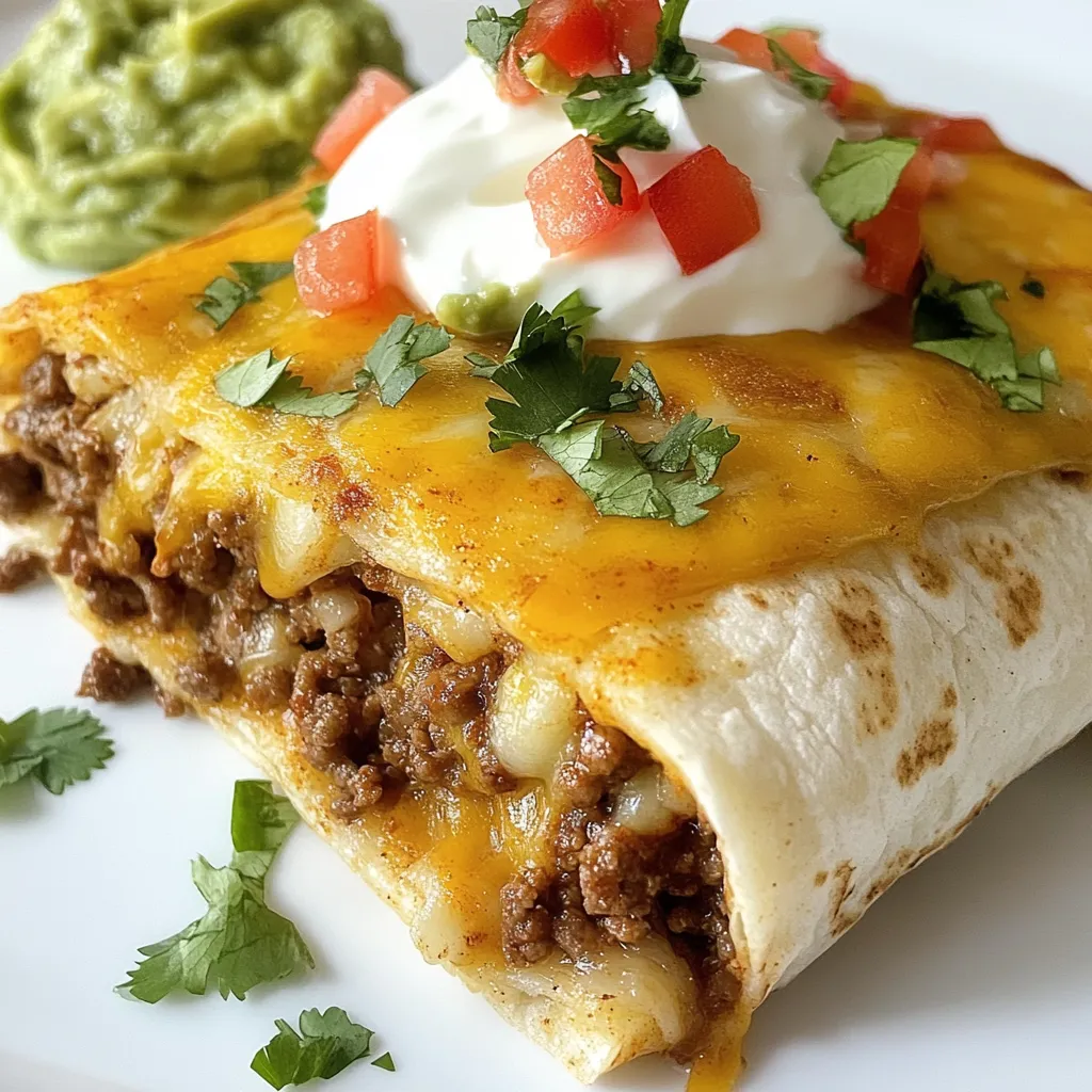 - 1 lb ground beef - 1/2 cup onion, finely chopped - 2 cloves garlic, minced - 1 teaspoon chili powder - 1 teaspoon cumin - 1/2 teaspoon paprika - Salt and pepper to taste - 4 large flour tortillas - 1 cup shredded cheddar cheese - 1 cup shredded Monterey Jack cheese - 1/2 cup sour cream - 1/2 cup guacamole - 1/4 cup fresh cilantro, chopped For this Beefy Melt Burrito, you need simple and fresh ingredients. Start with the ground beef. It brings protein and flavor. The chopped onion and minced garlic add a nice base. You will also need some spices: chili powder, cumin, and paprika. They give warmth and depth to your dish. Next, grab large flour tortillas. They hold everything together. You can't forget the cheese! Both cheddar and Monterey Jack melt nicely and create that gooey goodness. Lastly, prepare toppings. Sour cream adds creaminess. Guacamole brings a fresh touch. A sprinkle of cilantro makes everything pop. These ingredients work together to create a tasty and satisfying meal. {{ingredient_image_1}} 1. Preparing the beef mixture in a skillet Start by heating a large skillet over medium heat. Add 1 pound of ground beef. Cook it until it turns brown. Use a spatula to break the beef apart as it cooks. If there is extra fat, drain it out. 2. Incorporating onions, garlic, and spices Next, add 1/2 cup of finely chopped onion and 2 cloves of minced garlic to the skillet. Sauté them together for about 3-4 minutes. The onion should become soft and clear. Then, stir in 1 teaspoon of chili powder, 1 teaspoon of cumin, and 1/2 teaspoon of paprika. Season with salt and pepper. Mix everything well and let it cook for another 2 minutes. This builds great flavor! 3. Assembling the burrito and baking Preheat your oven to 350°F (175°C). Lay out a large flour tortilla. Spoon a generous amount of the beef mixture into the center. Add a handful of shredded cheddar cheese and Monterey Jack cheese on top. Fold the sides of the tortilla over the filling. Then, roll it up tightly from the bottom. Place the burrito seam-side down in a baking dish. Repeat this for the other tortillas. Once done, sprinkle any remaining cheese on top. Bake in the preheated oven for 15-20 minutes. The cheese should melt and bubble. After baking, let the burritos rest for a few minutes. Serve them with sour cream, guacamole, and fresh cilantro on top. Enjoy this tasty meal! - Best practices for browning beef: Start with a hot skillet. This helps the beef brown evenly and adds flavor. Break the meat into small pieces as it cooks. Drain fat if needed, but keep some for flavor. - Ensuring perfect burrito folding: Lay the tortilla flat. Add your filling in the center. Fold the sides over the filling first, then roll from the bottom up. Tuck in the sides as you roll to seal the burrito well. - Cheese melting tips: Use a mix of cheddar and Monterey Jack for great flavor. Sprinkle cheese on the burrito before baking. Bake until bubbly and golden for the best melt. - Recommended sides to accompany the burrito: Serve with chips and salsa for a crunchy bite. A fresh salad adds crunch and color to your meal. You could also pair it with Mexican rice, which complements the burrito well. - Suggested garnishes for added flavor: Top with sour cream and guacamole for creaminess. Fresh cilantro adds a burst of flavor and color. You might also sprinkle some diced tomatoes or jalapeños for extra zest. Pro Tips Use Fresh Ingredients: Fresh ingredients enhance the flavor of your burrito. Opt for fresh cilantro, ripe avocados for guacamole, and quality ground beef for the best results. Customize Your Fillings: Feel free to add extra vegetables like bell peppers or corn to the beef mixture for added texture and nutrition. Cheese Variations: Experiment with different cheese blends like pepper jack or queso fresco to give your burrito a unique twist. Rest Before Serving: Allow the burritos to rest for a few minutes after baking. This helps the cheese set and makes them easier to slice and serve. {{image_2}} You can change the protein in your Beefy Melt Burrito. Use chicken or beans if you prefer. Ground beef is tasty, but other meats work well too. For cheese, try pepper jack or a blend of cheeses. This can add a fun twist to the flavor. If you need gluten-free options, look for gluten-free tortillas. Many brands now offer them, so you won’t miss out on the fun. For vegetarian adaptations, swap the beef for black beans or lentils. This keeps the burrito filling and satisfying without meat. To keep your Beefy Melt Burrito fresh, place leftovers in an airtight container. Store them in the fridge. They stay good for about 3 to 4 days. When you want to eat them again, reheat in the microwave. Heat for one to two minutes, or until hot. You can also use an oven. Preheat it to 350°F. Bake the burritos for about 10 to 15 minutes. To freeze burritos, wrap each one tightly in plastic wrap. Then place them in a freezer bag. This keeps them fresh for up to three months. When you’re ready to eat, take a burrito out and let it thaw in the fridge overnight. To reheat, you can use the microwave or the oven. If using the microwave, heat for 2 to 3 minutes. If using the oven, preheat it to 350°F and bake for 20 to 25 minutes. Enjoy your burrito just like new! What is a Beefy Melt Burrito? A Beefy Melt Burrito is a delicious wrap filled with seasoned beef and melted cheese. It usually includes spices, onions, and garlic for great flavor. The tortillas hold everything together, making it easy to eat. Can I customize the fillings? Yes, you can customize your Beefy Melt Burrito. You can add beans, peppers, or different meats. If you prefer, you can also use different cheese types. Make it your own with what you love! How can I make this recipe healthier? To make this burrito healthier, use lean ground beef or turkey. You can add more veggies like spinach or zucchini. Choose whole-grain tortillas instead of regular ones for extra fiber. Where can I find Beefy Melt Burritos at restaurants? Many fast-casual restaurants and taco places offer Beefy Melt Burritos. Check local chains or your favorite taco truck. Some may have their own twist on this classic dish. What sides pair well with Beefy Melt Burritos? Great sides for Beefy Melt Burritos include rice, beans, or a fresh salad. You can also serve tortilla chips with salsa. These sides add variety and make the meal more filling. In this blog post, we explored how to make delicious Beefy Melt Burritos. We covered all the essential ingredients, cooking steps, tips for success, and tasty variations. Remember, you can customize the filling to suit your taste or dietary needs. Don’t forget to store leftovers properly for future meals. With this guide, you’re ready to create a satisfying meal that friends and family will love. Enjoy your cooking adventure, and savor every bite of your warm, cheesy burritos.