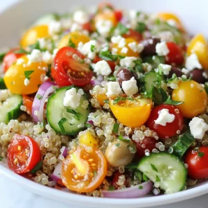 - 1 cup quinoa, rinsed - 2 cups water or vegetable broth - 1 cup cherry tomatoes, halved - 1 cucumber, diced - 1/2 red onion, finely chopped - 1/2 cup Kalamata olives, pitted and sliced - 1/2 cup feta cheese, crumbled - 1/4 cup fresh parsley, chopped - 1/4 cup olive oil - 2 tablespoons lemon juice - 1 teaspoon dried oregano - Salt and pepper to taste In this Mediterranean quinoa salad, I use fresh and vibrant ingredients. Quinoa serves as the base. It is a strong grain that packs protein. You will need one cup of rinsed quinoa for this dish. Next, I add two cups of water or vegetable broth. This choice adds flavor. The broth enhances the quinoa's taste. For the fresh flavors, I include one cup of halved cherry tomatoes and one diced cucumber. These veggies add crunch and brightness. Then, I use half a red onion, finely chopped. It contributes a sharp taste. Also, I add half a cup of Kalamata olives, pitted and sliced. They bring a salty kick. To add creaminess, I sprinkle in half a cup of crumbled feta cheese. Feta is key to the dish. It pairs well with the veggies and quinoa. For freshness, I chop a quarter cup of parsley. It adds color and a fresh taste. The dressing is simple. I mix a quarter cup of olive oil with two tablespoons of lemon juice. I also add a teaspoon of dried oregano, salt, and pepper to taste. The dressing ties all the flavors together. Gathering these ingredients will lead you to a bright and tasty salad. {{ingredient_image_1}} To cook the quinoa, first rinse 1 cup of quinoa under cold water. This helps remove any bitter taste. Next, combine the rinsed quinoa with 2 cups of water or vegetable broth in a medium pot. Bring the mixture to a boil over medium-high heat. Once it boils, reduce the heat to low. Cover the pot and let it simmer for about 15 minutes. The quinoa is done when it is fluffy and all the liquid is absorbed. Remove the pot from heat, keeping it covered for another 5 minutes. After that, fluff the quinoa with a fork and let it cool to room temperature. While the quinoa cools, prepare your vegetables. You need 1 cup of halved cherry tomatoes, 1 diced cucumber, and 1/2 finely chopped red onion. Also, slice 1/2 cup of pitted Kalamata olives and chop 1/4 cup of fresh parsley. Fresh ingredients make a big difference in taste, so choose ripe tomatoes and crisp cucumbers. Use a sharp knife for even cuts, which helps in mixing later. Now it's time to assemble the salad. In a large mixing bowl, combine the cooled quinoa with the prepared vegetables. To make the dressing, whisk together 1/4 cup of olive oil, 2 tablespoons of lemon juice, 1 teaspoon of dried oregano, and salt and pepper to taste. Drizzle this dressing over the salad and toss gently to combine everything. Be careful not to mash the ingredients. Finally, sprinkle 1/2 cup of crumbled feta cheese on top for that creamy finish. Enjoy your colorful Mediterranean Quinoa Salad! To boost flavor in your Mediterranean quinoa salad, I suggest using fresh herbs. Basil, mint, and dill work wonders. You can also add spices like cumin or smoked paprika for depth. For the dressing, try using different oils. Avocado oil or sesame oil can change the taste profile nicely. Avoid mushy quinoa by rinsing it well before cooking. This removes excess starch. When cooking, use the right water-to-quinoa ratio. Two cups of water for one cup of quinoa is perfect. To keep your veggies crisp, cut them fresh just before mixing. Adding them at the last minute helps maintain their crunch. Garnishing makes your salad pop. Try using lemon wedges or extra parsley on top. This adds color and freshness. For serving, consider using a clear bowl. This way, you can show off the vibrant colors of the salad. You can also serve it in individual portions for a nice touch. Pro Tips Cooking Quinoa Perfectly: Rinse the quinoa thoroughly before cooking to remove any bitterness. This step enhances the flavor and ensures a fluffier texture. Fresh Ingredients Matter: Use the freshest vegetables and herbs available for the best flavor. Freshness enhances the overall taste of the salad. Chill for Flavor: Allowing the salad to chill in the refrigerator for a couple of hours helps the flavors meld beautifully, making each bite more delicious. Customizable Add-ins: Feel free to add other ingredients like bell peppers, artichokes, or even grilled chicken for a protein boost and extra flavor. {{image_2}} You can change up the protein in your Mediterranean quinoa salad. Adding grilled chicken or shrimp gives it a nice boost. These options add flavor and make the salad more filling. If you prefer a vegetarian meal, use chickpeas instead. They are high in protein and blend well with the other ingredients. Feel free to swap out ingredients based on your taste. You can use goat cheese in place of feta. Goat cheese adds a creamy texture and tangy flavor. You can also mix in seasonal vegetables. Think bell peppers, zucchini, or even roasted asparagus. These swaps keep your salad fresh and interesting. Dressing can really change your salad's flavor. You might try creamy dressings for a rich taste. Greek yogurt dressing or a tahini sauce are great choices. You can also choose homemade dressings for more control. Store-bought dressings work too, but check for added sugars or preservatives. Aim for what fits your taste best. To keep your Mediterranean quinoa salad fresh, store it in the fridge. Use an airtight container to lock in flavor and moisture. This method keeps the salad crisp and tasty. Try to eat the leftovers within three days. If you notice any signs of spoilage, throw it away. When you want to enjoy your leftovers, you can serve them cold or warm. For cold servings, just scoop some out and enjoy. If you prefer it warm, microwave it for 30 seconds. Stir and check the temperature. You can repeat this until it’s hot enough. Remember, the salad is best within three days after making it. Quinoa takes about 15 minutes to cook. First, bring water or broth to a boil. Add the rinsed quinoa and reduce heat. Cover the pot and let it simmer. When done, the quinoa should look fluffy, and all water should be absorbed. Let it sit covered for 5 more minutes. This helps it cool and become even fluffier. Yes, you can make this salad ahead of time. Prepare the quinoa and let it cool. Chop the veggies and mix them in a bowl. Keep the dressing separate until ready to serve. This helps keep the salad fresh and crunchy. You can store it in the fridge for up to 2 hours before serving. Yes, Mediterranean Quinoa Salad is gluten-free. Quinoa is a seed, not a grain. It does not contain gluten, making it safe for those with gluten sensitivity. Enjoy this tasty dish without worry! This Mediterranean quinoa salad is a simple, healthy dish you can enjoy anytime. You learned the key ingredients, how to cook quinoa, and tips for great flavor and texture. We also explored variations and storage advice. In my view, this salad is not just easy to make; it’s also packed with nutrients. Whether you’re serving it as a main dish or a side, it’s sure to please. Enjoy experimenting with different ingredients to make it your own!