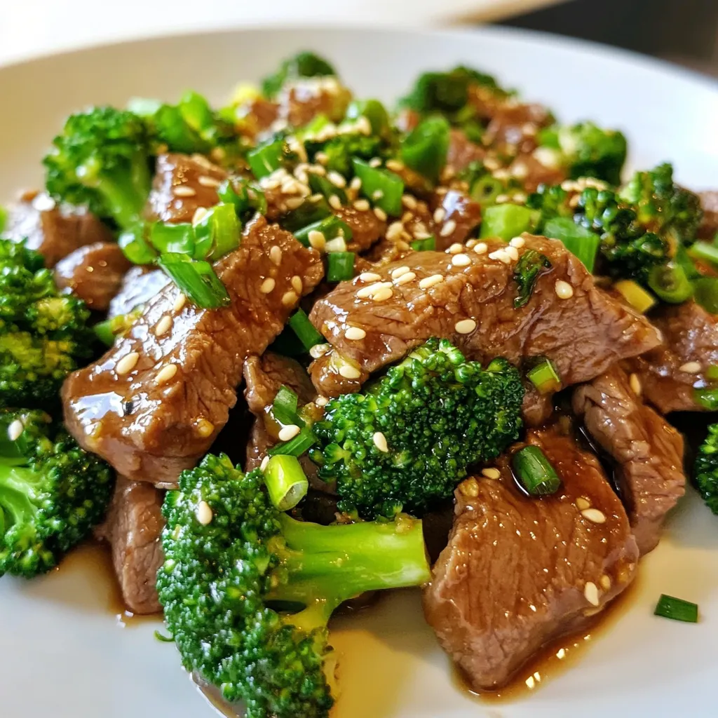- 1 pound flank steak - 4 cups broccoli florets - 3 tablespoons coconut aminos (or soy sauce) - 2 tablespoons sesame oil - 1 tablespoon minced ginger - 3 cloves minced garlic - 1 tablespoon rice vinegar - 1 teaspoon erythritol or keto-friendly sweetener - Salt and pepper to taste - Sesame seeds and green onions for garnish Gathering the right ingredients is key to making Minute Keto Beef and Broccoli a hit. You want to use flank steak because it is tender and cooks quickly. Thinly slice the steak against the grain to keep it juicy. For the greens, fresh broccoli florets are best. They add color and crunch to the dish. The sauce is what makes this meal shine. Coconut aminos or soy sauce gives it a nice umami flavor. Sesame oil adds a rich, nutty taste. Ginger and garlic bring warmth and depth to the dish. The rice vinegar adds a hint of tang. Erythritol helps balance the flavors without adding carbs. Make sure to have salt and pepper ready. These seasonings enhance the taste. Don’t forget the garnishes! Sesame seeds and green onions not only look great but also add a fresh finish to the dish. {{ingredient_image_1}} - Blanching the broccoli Bring a pot of water to a boil. Add the broccoli florets and cook for about 2 minutes. This keeps them bright green and tender. Drain the broccoli and set it aside. - Making the marinade In a mixing bowl, combine coconut aminos, sesame oil, minced ginger, minced garlic, rice vinegar, and erythritol. Whisk these ingredients well to mix them into a smooth marinade. This blend adds great flavor to your beef. - Cooking the beef Heat a large skillet or wok over medium-high heat. Add half of the marinade to the pan. Then, add the thinly sliced flank steak. Stir the beef frequently for about 3-4 minutes. Cook until the beef is just browned. Remove the beef from the skillet and set it aside. - Stir-frying broccoli In the same skillet, add the pre-blanched broccoli. Stir-fry it for 2-3 minutes. This heats the broccoli through and gives it a nice texture. - Combining beef and broccoli Return the cooked beef to the skillet. Pour the remaining marinade over everything. Toss all the ingredients together gently for about a minute. Make sure everything is well-coated with the sauce. - Seasoning and serving Season your dish with salt and pepper to taste. Serve hot and garnish with sesame seeds and chopped green onions for extra flavor and color. Enjoy your meal! For a tasty beef dish, slice your flank steak thinly. Cutting against the grain helps keep it tender. Aim for slices about 1/4 inch thick. This makes a big difference in the final dish. Cook the beef for about 3 to 4 minutes. This quick cook time keeps it juicy. You want it just browned, not overcooked. If you cook it too long, it can get tough. To make your beef and broccoli even better, think about adding spices. Try a pinch of red pepper flakes for some heat. You could also add a little black pepper or garlic powder for extra flavor. If you want to switch from coconut aminos, soy sauce is a great option. It gives a rich, savory taste. Also, tamari sauce works well if you need a gluten-free choice. Don’t be afraid to play around with flavors to suit your taste! Pro Tips Use a Hot Pan: Ensure your skillet or wok is hot before adding the beef. This helps to sear the meat quickly and lock in the juices for a tender result. Prep Ahead: Slice your flank steak and prepare the marinade in advance. This saves time and allows the flavors to meld beautifully. Blanching Broccoli: Blanching the broccoli not only enhances its color but also ensures it retains its crunchiness when stir-fried. Garnish for Flavor: Don't skip the sesame seeds and green onions. They add a delightful crunch and fresh flavor that elevates the dish. {{image_2}} You can easily switch out broccoli in this dish. Try using snap peas, bok choy, or bell peppers. Each option gives a new twist to the meal. If you prefer a different cut of beef, use sirloin or ribeye. These cuts add unique flavors and textures. Want some heat? Add chili flakes to the marinade for a spicy kick. You can also experiment with different marinades. Try teriyaki sauce or a spicy garlic sauce for more flavor. These small changes can make the dish exciting every time you cook it. To keep your Minute Keto Beef and Broccoli fresh, follow these tips: - Refrigeration: Place leftovers in an airtight container. Store in the fridge for up to 3 days. - Freezing: You can freeze this dish. Use a freezer-safe container and store for up to 2 months. Make sure to cool it before freezing to prevent ice crystals. When reheating, you want to keep the flavors and texture intact. Here’s how: - Best Methods: Use a skillet over medium heat. Add a splash of water to help steam it. Stir frequently to warm evenly. - Avoiding Overcooking: Heat just until warmed through. This keeps the beef tender and the broccoli crisp. Don’t let it sit too long on the heat. This dish takes about 20 minutes in total. You spend 10 minutes prepping. For cooking, it takes another 10 minutes. Here’s a quick breakdown: - Prep time: 10 minutes - Cook time: 10 minutes Yes, you can make this dish ahead of time. Cook the beef and broccoli first. Store it in the fridge for up to three days. Reheat it in a pan or microwave before serving. This makes it great for busy days. This recipe is perfect for meal prep. You can easily double the ingredients. Store it in individual containers. This way, you have meals ready for the week. Just reheat and enjoy! This recipe combines flank steak and broccoli for a tasty meal. We covered how to prepare the ingredients and cook everything step by step. Remember to use fresh spices for the best flavor. Plus, feel free to change up the vegetables or sauces for variety. With proper storage, leftovers can stay fresh. Enjoy this dish on a busy weeknight or for special gatherings. Try it out and make it your own! It brings healthy eating to your table without too much fuss.