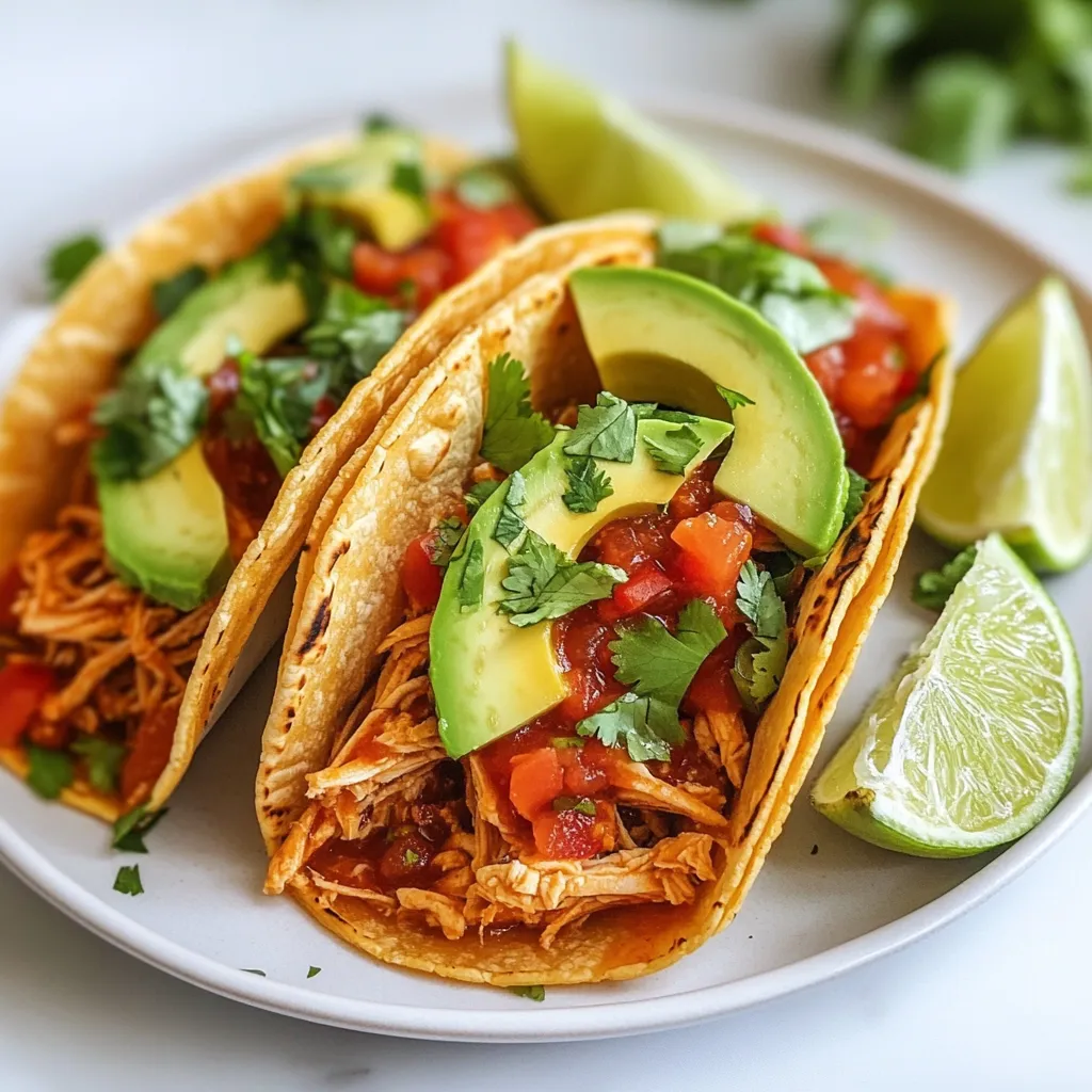 To make savory Chicken Tinga Tacos, gather these ingredients: - 2 cups cooked shredded chicken (rotisserie chicken works great) - 1 medium onion, finely sliced - 2 cloves garlic, minced - 3 tomatoes, diced - 2 chipotle peppers in adobo sauce, minced - 1 teaspoon ground cumin - 1 teaspoon dried oregano - 1 tablespoon vegetable oil - Salt to taste - Corn tortillas, for serving - Fresh cilantro, chopped (for garnish) - Avocado slices (for topping) - Lime wedges (for serving) If you can’t find chipotle peppers, try smoked paprika for a similar taste. You can swap chicken for shredded beef or pork if you prefer. For a vegetarian option, use mushrooms or jackfruit instead of meat. If you don’t have corn tortillas, flour tortillas will work, but they change the flavor. For the best flavor, look for fresh, ripe tomatoes at local markets. Check for canned chipotle peppers in adobo sauce at the international aisle of your store. Fresh cilantro can often be found in the produce section. When buying tortillas, choose ones made with simple ingredients for an authentic taste. Always check labels to avoid additives. {{ingredient_image_1}} First, gather your ingredients. You will need cooked shredded chicken, onion, garlic, tomatoes, chipotle peppers, cumin, oregano, vegetable oil, salt, and corn tortillas. This mix creates a rich flavor. You can use rotisserie chicken to save time. - 2 cups cooked shredded chicken - 1 medium onion, finely sliced - 2 cloves garlic, minced - 3 tomatoes, diced - 2 chipotle peppers in adobo sauce, minced - 1 teaspoon ground cumin - 1 teaspoon dried oregano - 1 tablespoon vegetable oil - Salt to taste - Corn tortillas, for serving - Fresh cilantro, chopped (for garnish) - Avocado slices (for topping) - Lime wedges (for serving) Next, slice the onion and mince the garlic. Dicing the tomatoes is important too. This way, they break down easily in the pan. Now, heat the vegetable oil in a large skillet over medium heat. Once hot, add the sliced onion. Sauté the onion for about 5-7 minutes. You want it to soften and caramelize slightly. Then, add the minced garlic. Cook this for one more minute until you smell a nice aroma. Now it's time for the tomatoes. Stir in the diced tomatoes, chipotle peppers, ground cumin, and dried oregano. Add a pinch of salt. Cook this mix for 8-10 minutes. The tomatoes should break down and create a sauce. After that, add the shredded chicken to the skillet. Mix well to coat the chicken in the sauce. Let it simmer for about 5 minutes. This helps the flavors blend. While the chicken simmers, warm the corn tortillas. You can do this in a separate pan or directly over a flame. Warm them until they are soft and pliable. Now, it's time to assemble your tacos. Place a generous amount of chicken tinga onto each tortilla. Top with chopped cilantro and avocado slices. Serve the tacos with lime wedges on the side. The lime really brightens the dish and adds a fresh touch. Enjoy your savory chicken tinga tacos with friends and family! To make the best Chicken Tinga, start with good chicken. I love using rotisserie chicken. It saves time and adds great flavor. The smoky chipotle peppers are key. They give that authentic taste. Don't skip the cumin and oregano. They add warmth and depth. Make sure to sauté the onion until it is golden. This helps to bring out its sweetness. Add garlic after the onion; it cooks fast. When adding tomatoes, let them break down. This creates a rich sauce. Taste as you cook. Adjust the salt for a perfect balance. One common mistake is rushing the sauté. Take your time with the onions. If you undercook them, the flavor won't shine. Another mistake is adding too much salt too soon. Start with a pinch, and adjust later. Don’t forget to warm the tortillas. Cold tortillas can ruin the taco experience. They should be soft and flexible. Lastly, don't overfill your tacos. Too much chicken can make them messy and hard to eat. I love serving Chicken Tinga Tacos with fresh toppings. Avocado slices add creaminess. Chopped cilantro gives a fresh pop. Lime wedges are great for a zesty finish. For a fun twist, serve with diced onions on the side. Some people enjoy an extra kick of chipotle sauce. Pair your tacos with a side of rice or refried beans. This makes a complete meal that everyone will love. Pro Tips Use Fresh Ingredients: Fresh tomatoes and cilantro will enhance the flavor profile of your chicken tinga, making the dish more vibrant and delicious. Adjust the Heat: If you prefer spicier tacos, add more chipotle peppers or a splash of the adobo sauce to the chicken mixture for an extra kick. Perfect Tortilla Technique: Warming the corn tortillas directly over a flame adds a delightful char and enhances their flavor. Just be careful not to burn them! Garnish with Texture: Along with cilantro and avocado, consider adding crunchy toppings like diced radishes or pickled onions for added texture and flavor contrast. {{image_2}} You can make a tasty vegetarian version of chicken tinga. Use shredded jackfruit instead of chicken. Jackfruit has a great texture and absorbs flavors well. Sauté it with onions and spices just like you would with chicken. You can also use mushrooms. They add a rich umami taste. Just remember to season well with cumin and chipotle for that smoky flavor. Tacos are fun because you can change the toppings. Try adding fresh veggies like diced tomatoes or shredded cabbage. These add crunch and freshness. You can also use different sauces. A drizzle of crema or a spicy salsa can add a kick. Don’t forget cheese! Crumbled queso fresco or shredded cheese adds creaminess. Lime wedges on the side always help brighten up the flavors. Pair your tacos with sides for a full meal. Black beans are a great choice. They are filling and packed with protein. Mexican rice is another classic side that works well. You can even make a fresh corn salad with lime and cilantro. It adds a sweet and zesty touch to your meal. These sides make your chicken tinga tacos even more enjoyable! After enjoying your Chicken Tinga Tacos, store leftovers in an airtight container. Make sure to let the chicken cool before sealing it. Leftovers can last in the fridge for up to four days. Always label your container with the date. This helps you keep track of freshness. To reheat, place the chicken tinga in a skillet over medium heat. Stir often until it's heated through. You can also use a microwave. Put the chicken in a microwave-safe dish, cover it, and heat for about 2-3 minutes. Check if it's warm in the center before serving again. You can freeze Chicken Tinga for later use. Portion it into freezer-safe bags or containers. Remove as much air as possible to prevent freezer burn. Chicken Tinga can last in the freezer for up to three months. To use, thaw it in the fridge overnight before reheating. This way, you can enjoy tasty tacos anytime! Chicken Tinga is a Mexican dish made with shredded chicken. It simmers in a smoky, spicy sauce. The sauce often uses tomatoes, chipotle peppers, and spices. This mix gives Chicken Tinga its rich flavor. Typically, you serve it in tacos with fresh toppings like cilantro and avocado. Yes, you can use other meats for Tinga. Pork and beef work well. They also soak up the sauce's flavor. If you prefer a meatless option, consider using jackfruit or mushrooms. Both create a tasty and satisfying Tinga. To make Chicken Tinga spicier, add more chipotle peppers. You can also use extra adobo sauce from the can. Another option is to mix in hot sauce or fresh jalapeños. Adjust the spice level to your taste, and enjoy the heat! In this article, we explored the key ingredients for Chicken Tinga, along with great substitutions. We broke down each step from preparation to cooking and assembly, ensuring tasty tacos. I shared tips to perfect the flavor and common mistakes to avoid. You also learned fun variations and how to store leftovers properly. Embrace your creativity and have fun making these tacos. Experiment with flavors and enjoy every bite! Your Chicken Tinga journey starts now.