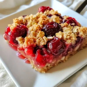 - 2 cups fresh or frozen cherries, pitted and halved - 1 cup all-purpose flour - 1 cup rolled oats - 1/2 cup brown sugar - 1/2 cup granulated sugar - 1/2 cup unsalted butter, melted - 1 teaspoon vanilla extract - 1/2 teaspoon almond extract - 1 teaspoon baking powder - 1/4 teaspoon salt - 1 teaspoon corn starch You can swap fresh cherries for frozen ones if needed. Just remember to thaw and drain them first. If you want a healthier twist, use whole wheat flour instead of all-purpose flour. Maple syrup can replace brown sugar for a different flavor. You can also use coconut oil in place of the butter for a dairy-free option. When picking fresh cherries, look for firm, shiny ones. Avoid those with blemishes or soft spots. If you choose frozen cherries, ensure they are unsweetened and without added sauces. Frozen cherries save time and are great when fresh ones are out of season. Both options work well in these crumble bars. {{ingredient_image_1}} First, preheat your oven to 350°F (175°C). This step is key for even baking. Next, take an 8x8 inch baking pan and grease it well. Line it with parchment paper, leaving some paper hanging over the edges. This makes it easy to lift out the bars later. Now, let’s prepare the cherries. In a medium bowl, mix 2 cups of pitted cherries with 1/2 cup of granulated sugar and 1 teaspoon of corn starch. Stir gently to coat all the cherries. Set this aside and let it marinate for about 10 minutes. This helps the cherries release their juices, making them super tasty. In a large bowl, combine 1 cup of all-purpose flour, 1 cup of rolled oats, 1/2 cup of brown sugar, 1 teaspoon of baking powder, and 1/4 teaspoon of salt. Mix these dry ingredients together well. Next, pour in 1/2 cup of melted unsalted butter, 1 teaspoon of vanilla extract, and 1/2 teaspoon of almond extract. Stir until you get a crumbly mixture that holds together. Take about two-thirds of the crumble mixture and press it firmly into the bottom of your prepared pan. This will be your crust. Make sure it’s even and compact. Now, spread the marinated cherries evenly over the crust. Don’t forget to include all those yummy juices! Sprinkle the remaining crumble mixture on top of the cherries. Make sure the cherries are partially covered. This will create a nice, crunchy topping. Bake your creation in the preheated oven for about 30-35 minutes. You want the top to be golden brown and the cherries to bubble. Your kitchen will smell amazing during this time! Once baked, remove the pan from the oven and let it cool for at least 20 minutes. Use the parchment paper overhang to lift the bars out of the pan. This makes serving so much easier. Cut the bars into squares. You can serve them warm for a soft, gooey treat or refrigerate them for a firmer texture. They taste great either way! Enjoy your cherry crumble bars with a scoop of vanilla ice cream or a dollop of whipped cream for an extra special treat. To get the best crumble, use cold butter. Cut it into small cubes. This helps the crust stay flaky. Mix the butter into the dry ingredients with your fingers. Stop when the mix looks like wet sand. This will create a nice crunch. One big mistake is overmixing. When you combine the wet and dry ingredients, mix just until combined. If you mix too much, the bars become tough. Another mistake is using too much sugar. The cherries are sweet, so adjust sugar to taste. Lastly, don’t skip the corn starch. It thickens the cherry filling and keeps it from being runny. To make your bars even better, try adding nuts. Chopped almonds or walnuts add a nice crunch. You can also add spices like cinnamon for warmth. For a twist, use lemon zest. It brightens the cherry flavor. If you want a different taste, swap cherries for other fruits, like blueberries or peaches. Pro Tips Tip Title: Use Fresh Cherries for Best Flavor: While frozen cherries work, fresh cherries offer a brighter flavor and better texture in these crumble bars. Tip Title: Let Them Cool Completely: Allowing the bars to cool completely in the pan will help them set properly and make cutting easier. Tip Title: Experiment with Spices: Add a pinch of cinnamon or nutmeg to the crumble mixture for an extra layer of flavor that complements the cherries beautifully. Tip Title: Store for Later: These bars can be stored in the fridge for up to a week, making them a great make-ahead dessert for gatherings. {{image_2}} You can easily make vegan cherry crumble bars. Replace the butter with coconut oil. Use a plant-based sugar, like coconut sugar. You can also swap the almond extract with more vanilla if you like. The cherries will still shine through. Just follow the same recipe steps. To make gluten-free cherry crumble bars, use gluten-free flour. Almond flour or oat flour works well. Make sure your oats are gluten-free too. This way, the bars will still taste great and be safe for those with gluten issues. They will be just as tasty and crumbly. Get creative with toppings! You can add nuts like walnuts or pecans for crunch. Sprinkle some cinnamon for extra flavor. Shredded coconut can give a tropical twist. For a fun touch, try drizzling melted chocolate on top. These small changes can make your bars unique and exciting! To keep your cherry crumble bars fresh, store them in an airtight container. Layer parchment paper between the bars to prevent sticking. This method helps maintain their crumbly texture. You can keep them at room temperature for up to two days. If you want them to last longer, refrigerate them. They will stay good for about a week in the fridge. Freezing is a great way to save your cherry crumble bars. First, let them cool completely. Then, cut them into squares. Wrap each square in plastic wrap, then place them in a freezer bag. This method prevents freezer burn. You can freeze them for up to three months. When you want to enjoy a bar, just take one out. Let it thaw in the fridge overnight or at room temperature for a few hours. Cherry crumble bars taste best fresh but last well for a week in the fridge. If you freeze them, they keep their flavor and texture. To reheat, place a bar in the microwave for about 15 to 20 seconds. This warms it up nicely. You can also reheat them in the oven. Set the oven to 300°F (150°C) and heat for about 10 minutes. This method keeps them crispy on top. Enjoy your cherry crumble bars warm! Yes, you can use other fruits. Berries like blueberries, raspberries, or strawberries work well. You can also try peaches or apples for a different flavor. Just remember to adjust the sugar based on the fruit's sweetness. You want to keep the balance right in your dessert. Look for a golden brown top. The cherries should be bubbling around the edges. This usually takes about 30 to 35 minutes at 350°F. You can also check the center with a toothpick. If it comes out clean, your bars are ready. These bars are tasty on their own, but you can enhance them. Serve them with vanilla ice cream or whipped cream for a special treat. You can also add some fresh mint for a pop of color and flavor. Enjoy them warm or chilled! This blog post covered how to make cherry crumble bars. We discussed ingredient choices, baking steps, and cooling tips. I shared best practices to achieve the perfect texture and common mistakes to avoid. You can also try vegan or gluten-free versions, and consider creative toppings for variety. Remember how to store, freeze, and reheat your bars. With these insights, you're now ready to create delicious cherry crumble bars any time! Enjoy experimenting in your kitchen!