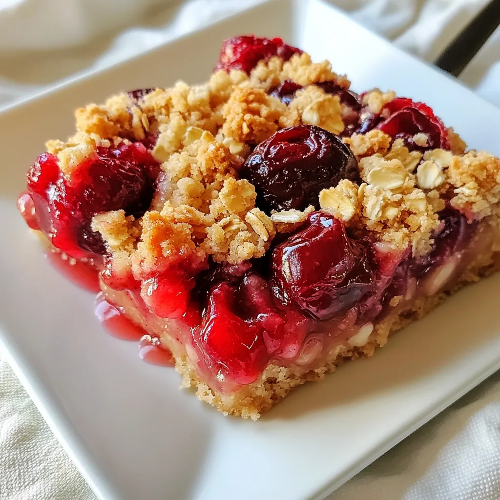 - 2 cups fresh or frozen cherries, pitted and halved - 1 cup all-purpose flour - 1 cup rolled oats - 1/2 cup brown sugar - 1/2 cup granulated sugar - 1/2 cup unsalted butter, melted - 1 teaspoon vanilla extract - 1/2 teaspoon almond extract - 1 teaspoon baking powder - 1/4 teaspoon salt - 1 teaspoon corn starch You can swap fresh cherries for frozen ones if needed. Just remember to thaw and drain them first. If you want a healthier twist, use whole wheat flour instead of all-purpose flour. Maple syrup can replace brown sugar for a different flavor. You can also use coconut oil in place of the butter for a dairy-free option. When picking fresh cherries, look for firm, shiny ones. Avoid those with blemishes or soft spots. If you choose frozen cherries, ensure they are unsweetened and without added sauces. Frozen cherries save time and are great when fresh ones are out of season. Both options work well in these crumble bars. {{ingredient_image_1}} First, preheat your oven to 350°F (175°C). This step is key for even baking. Next, take an 8x8 inch baking pan and grease it well. Line it with parchment paper, leaving some paper hanging over the edges. This makes it easy to lift out the bars later. Now, let’s prepare the cherries. In a medium bowl, mix 2 cups of pitted cherries with 1/2 cup of granulated sugar and 1 teaspoon of corn starch. Stir gently to coat all the cherries. Set this aside and let it marinate for about 10 minutes. This helps the cherries release their juices, making them super tasty. In a large bowl, combine 1 cup of all-purpose flour, 1 cup of rolled oats, 1/2 cup of brown sugar, 1 teaspoon of baking powder, and 1/4 teaspoon of salt. Mix these dry ingredients together well. Next, pour in 1/2 cup of melted unsalted butter, 1 teaspoon of vanilla extract, and 1/2 teaspoon of almond extract. Stir until you get a crumbly mixture that holds together. Take about two-thirds of the crumble mixture and press it firmly into the bottom of your prepared pan. This will be your crust. Make sure it’s even and compact. Now, spread the marinated cherries evenly over the crust. Don’t forget to include all those yummy juices! Sprinkle the remaining crumble mixture on top of the cherries. Make sure the cherries are partially covered. This will create a nice, crunchy topping. Bake your creation in the preheated oven for about 30-35 minutes. You want the top to be golden brown and the cherries to bubble. Your kitchen will smell amazing during this time! Once baked, remove the pan from the oven and let it cool for at least 20 minutes. Use the parchment paper overhang to lift the bars out of the pan. This makes serving so much easier. Cut the bars into squares. You can serve them warm for a soft, gooey treat or refrigerate them for a firmer texture. They taste great either way! Enjoy your cherry crumble bars with a scoop of vanilla ice cream or a dollop of whipped cream for an extra special treat. To get the best crumble, use cold butter. Cut it into small cubes. This helps the crust stay flaky. Mix the butter into the dry ingredients with your fingers. Stop when the mix looks like wet sand. This will create a nice crunch. One big mistake is overmixing. When you combine the wet and dry ingredients, mix just until combined. If you mix too much, the bars become tough. Another mistake is using too much sugar. The cherries are sweet, so adjust sugar to taste. Lastly, don’t skip the corn starch. It thickens the cherry filling and keeps it from being runny. To make your bars even better, try adding nuts. Chopped almonds or walnuts add a nice crunch. You can also add spices like cinnamon for warmth. For a twist, use lemon zest. It brightens the cherry flavor. If you want a different taste, swap cherries for other fruits, like blueberries or peaches. Pro Tips Tip Title: Use Fresh Cherries for Best Flavor: While frozen cherries work, fresh cherries offer a brighter flavor and better texture in these crumble bars. Tip Title: Let Them Cool Completely: Allowing the bars to cool completely in the pan will help them set properly and make cutting easier. Tip Title: Experiment with Spices: Add a pinch of cinnamon or nutmeg to the crumble mixture for an extra layer of flavor that complements the cherries beautifully. Tip Title: Store for Later: These bars can be stored in the fridge for up to a week, making them a great make-ahead dessert for gatherings. {{image_2}} You can easily make vegan cherry crumble bars. Replace the butter with coconut oil. Use a plant-based sugar, like coconut sugar. You can also swap the almond extract with more vanilla if you like. The cherries will still shine through. Just follow the same recipe steps. To make gluten-free cherry crumble bars, use gluten-free flour. Almond flour or oat flour works well. Make sure your oats are gluten-free too. This way, the bars will still taste great and be safe for those with gluten issues. They will be just as tasty and crumbly. Get creative with toppings! You can add nuts like walnuts or pecans for crunch. Sprinkle some cinnamon for extra flavor. Shredded coconut can give a tropical twist. For a fun touch, try drizzling melted chocolate on top. These small changes can make your bars unique and exciting! To keep your cherry crumble bars fresh, store them in an airtight container. Layer parchment paper between the bars to prevent sticking. This method helps maintain their crumbly texture. You can keep them at room temperature for up to two days. If you want them to last longer, refrigerate them. They will stay good for about a week in the fridge. Freezing is a great way to save your cherry crumble bars. First, let them cool completely. Then, cut them into squares. Wrap each square in plastic wrap, then place them in a freezer bag. This method prevents freezer burn. You can freeze them for up to three months. When you want to enjoy a bar, just take one out. Let it thaw in the fridge overnight or at room temperature for a few hours. Cherry crumble bars taste best fresh but last well for a week in the fridge. If you freeze them, they keep their flavor and texture. To reheat, place a bar in the microwave for about 15 to 20 seconds. This warms it up nicely. You can also reheat them in the oven. Set the oven to 300°F (150°C) and heat for about 10 minutes. This method keeps them crispy on top. Enjoy your cherry crumble bars warm! Yes, you can use other fruits. Berries like blueberries, raspberries, or strawberries work well. You can also try peaches or apples for a different flavor. Just remember to adjust the sugar based on the fruit's sweetness. You want to keep the balance right in your dessert. Look for a golden brown top. The cherries should be bubbling around the edges. This usually takes about 30 to 35 minutes at 350°F. You can also check the center with a toothpick. If it comes out clean, your bars are ready. These bars are tasty on their own, but you can enhance them. Serve them with vanilla ice cream or whipped cream for a special treat. You can also add some fresh mint for a pop of color and flavor. Enjoy them warm or chilled! This blog post covered how to make cherry crumble bars. We discussed ingredient choices, baking steps, and cooling tips. I shared best practices to achieve the perfect texture and common mistakes to avoid. You can also try vegan or gluten-free versions, and consider creative toppings for variety. Remember how to store, freeze, and reheat your bars. With these insights, you're now ready to create delicious cherry crumble bars any time! Enjoy experimenting in your kitchen!