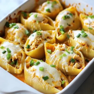 - 20 jumbo pasta shells - 2 cups cooked chicken, shredded - 1 cup cream cheese, softened - 1/2 cup buffalo sauce (adjust for heat preference) - 1 cup shredded mozzarella cheese, plus extra for topping - 1/2 cup grated Parmesan cheese - 1/4 cup green onions, chopped - 1 teaspoon garlic powder - 1 teaspoon onion powder - Salt and pepper to taste - 1/2 cup heavy cream When selecting your ingredients, freshness is key. Always use fresh chicken for the best flavor. Look for cream cheese that is soft. This will help it mix well with other ingredients. For buffalo sauce, choose a brand that matches your heat level. If you love spice, go for a hotter sauce. If you prefer mild, pick a milder option. Opt for high-quality mozzarella cheese. It melts better and gives a nice stretch. Fresh green onions can add a nice crunch and flavor. Check that they are bright and firm for the best taste. If you have allergies, there are great swaps you can make. For gluten-free options, use gluten-free pasta shells. If dairy is a concern, try vegan cream cheese and a non-dairy cheese blend. You can also use shredded rotisserie chicken to save time. For those avoiding spicy foods, replace buffalo sauce with a mild barbecue sauce. This will still give you a tasty filling, without the heat. {{ingredient_image_1}} First, I preheat my oven to 350°F (175°C). This step warms the oven for baking later. Next, I boil a large pot of salted water. I cook the jumbo pasta shells until they are al dente. This usually takes about 9 to 11 minutes. After cooking, I drain the shells and rinse them with cold water. This stops the cooking process and helps them cool down. I set the shells aside to prepare the filling. In a large mixing bowl, I combine the shredded chicken, softened cream cheese, and buffalo sauce. I add one cup of mozzarella cheese, Parmesan cheese, garlic powder, onion powder, salt, and pepper. I mix everything until it is creamy and well combined. The mixture should be thick and flavorful. Then, I take a spoon and fill each pasta shell with the buffalo chicken mixture. I place the stuffed shells in a greased 9x13-inch baking dish. Next, I make the creamy sauce by mixing heavy cream with a couple of tablespoons of buffalo sauce. I pour this sauce over the stuffed shells to coat them well. Before baking, I sprinkle more mozzarella cheese on top for that cheesy goodness. I cover the dish with foil and bake for 25 minutes. Then, I remove the foil and bake for an extra 10 to 15 minutes. I watch for the cheese to bubble and turn golden. When stuffing the shells, I use a spoon to pack the filling in well. This helps keep the filling from falling out while baking. If you want, you can use a piping bag for easier stuffing. I also recommend not overcooking the shells. They should be firm enough to hold the filling. If you have extra filling, use it as a topping on the shells. This adds more flavor and creaminess. To make the best creamy filling, use softened cream cheese. It blends well with the chicken and other ingredients. Mix the shredded chicken and cream cheese together first. Then, add the buffalo sauce and cheeses. Stir until the mixture is smooth and creamy. This adds great flavor and texture to your stuffed shells. If you love heat, add more buffalo sauce. Start with half a cup and taste as you go. You can also mix in some diced jalapeños for extra kick. If you prefer mild flavors, cut back on the buffalo sauce. Use only a few tablespoons and add more cream cheese to balance the heat. This way, you can make the dish fit your taste. Creamy buffalo chicken stuffed shells are great on their own. For a complete meal, serve them with a fresh salad. A simple green salad with a light vinaigrette works well. You can also pair them with garlic bread for a cozy touch. To make it fun, serve with extra buffalo sauce and ranch on the side. This adds more flavor for those who want it. Pro Tips Adjust the Heat: Modify the amount of buffalo sauce based on your heat preference. Start with less for a milder flavor and add more for extra kick. Use Leftover Chicken: This recipe is perfect for using up leftover rotisserie or grilled chicken, making it a quick and easy option for weeknight dinners. Cheese Variations: Experiment with different cheese types like cheddar or pepper jack for a unique twist on flavor. Make Ahead: Prepare the stuffed shells in advance, cover, and refrigerate. Just add a few extra minutes to the baking time when you're ready to bake. {{image_2}} You can make creamy buffalo stuffed shells vegetarian. Just swap the chicken for veggies. Try using mushrooms, spinach, or artichokes. Mix these veggies with cream cheese and buffalo sauce. You can add beans for protein. This way, you keep the flavor but make it meat-free. Chicken is great, but you can use other meats too. Shredded turkey works well. If you like beef, use ground beef or shredded beef. For a twist, try pulled pork with buffalo sauce. Each protein gives a new taste to the dish. Adjust the sauce to match the meat you choose. Want to boost the flavor? Add extra spices to the filling. A dash of smoked paprika can add depth. You can also mix in some ranch seasoning for a creamy twist. For a kick, add jalapeños or hot sauce. These small changes can make your dish stand out. Try different cheese blends for extra creaminess. To keep your creamy buffalo chicken stuffed shells fresh, let them cool first. Once cool, place them in an airtight container. You can store them in the fridge for up to three days. Make sure the lid seals tightly to keep out air and moisture. To reheat the stuffed shells, preheat your oven to 350°F (175°C). Place the shells in a baking dish. Add a splash of heavy cream or buffalo sauce on top. Cover with foil to keep them moist. Bake for about 20 minutes or until they are heated through. You can also use a microwave. Just heat in short bursts, checking often to avoid drying them out. If you want to freeze your stuffed shells, do this before baking. Arrange the stuffed shells in a single layer in a baking dish. Cover tightly with plastic wrap and then foil. They can stay in the freezer for up to three months. When ready to eat, thaw them in the fridge overnight. Bake as directed, adding extra time if needed. If you need a cream cheese substitute, try using Greek yogurt or ricotta cheese. Both options work great. Greek yogurt adds a tangy taste, while ricotta gives a creamy texture. You can also use a dairy-free cream cheese. This option is perfect for a vegan dish. Just make sure it has a similar texture to cream cheese. Yes, you can prepare these stuffed shells ahead of time. Just follow the recipe up to the baking step. After stuffing the shells, cover the dish and store it in the fridge. You can bake it later, but allow extra time for cooking. If you freeze them, thaw them overnight before baking. Check the stuffed shells after baking for about 35 minutes. The cheese should be bubbly and slightly golden. You can also insert a fork into a shell to make sure it’s hot inside. If it’s warm and the cheese is melted, they are ready to enjoy! You learned about the key ingredients, their importance, and substitutions for allergens. I shared step-by-step instructions to make cooking easy and fun. You now have tips for a creamy filling and how to serve your dish. I also covered variations for more options. Finally, you got storage tips for leftovers and answers to common questions. Remember, cooking should be enjoyable. Use these insights to create your perfect dish. Enjoy your time in the kitchen!