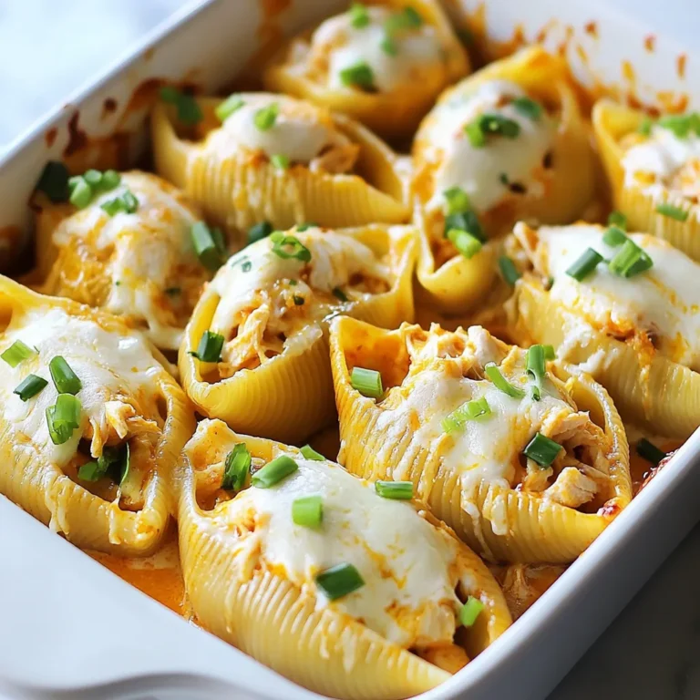 - 20 jumbo pasta shells - 2 cups cooked chicken, shredded - 1 cup cream cheese, softened - 1/2 cup buffalo sauce (adjust for heat preference) - 1 cup shredded mozzarella cheese, plus extra for topping - 1/2 cup grated Parmesan cheese - 1/4 cup green onions, chopped - 1 teaspoon garlic powder - 1 teaspoon onion powder - Salt and pepper to taste - 1/2 cup heavy cream When selecting your ingredients, freshness is key. Always use fresh chicken for the best flavor. Look for cream cheese that is soft. This will help it mix well with other ingredients. For buffalo sauce, choose a brand that matches your heat level. If you love spice, go for a hotter sauce. If you prefer mild, pick a milder option. Opt for high-quality mozzarella cheese. It melts better and gives a nice stretch. Fresh green onions can add a nice crunch and flavor. Check that they are bright and firm for the best taste. If you have allergies, there are great swaps you can make. For gluten-free options, use gluten-free pasta shells. If dairy is a concern, try vegan cream cheese and a non-dairy cheese blend. You can also use shredded rotisserie chicken to save time. For those avoiding spicy foods, replace buffalo sauce with a mild barbecue sauce. This will still give you a tasty filling, without the heat. {{ingredient_image_1}} First, I preheat my oven to 350°F (175°C). This step warms the oven for baking later. Next, I boil a large pot of salted water. I cook the jumbo pasta shells until they are al dente. This usually takes about 9 to 11 minutes. After cooking, I drain the shells and rinse them with cold water. This stops the cooking process and helps them cool down. I set the shells aside to prepare the filling. In a large mixing bowl, I combine the shredded chicken, softened cream cheese, and buffalo sauce. I add one cup of mozzarella cheese, Parmesan cheese, garlic powder, onion powder, salt, and pepper. I mix everything until it is creamy and well combined. The mixture should be thick and flavorful. Then, I take a spoon and fill each pasta shell with the buffalo chicken mixture. I place the stuffed shells in a greased 9x13-inch baking dish. Next, I make the creamy sauce by mixing heavy cream with a couple of tablespoons of buffalo sauce. I pour this sauce over the stuffed shells to coat them well. Before baking, I sprinkle more mozzarella cheese on top for that cheesy goodness. I cover the dish with foil and bake for 25 minutes. Then, I remove the foil and bake for an extra 10 to 15 minutes. I watch for the cheese to bubble and turn golden. When stuffing the shells, I use a spoon to pack the filling in well. This helps keep the filling from falling out while baking. If you want, you can use a piping bag for easier stuffing. I also recommend not overcooking the shells. They should be firm enough to hold the filling. If you have extra filling, use it as a topping on the shells. This adds more flavor and creaminess. To make the best creamy filling, use softened cream cheese. It blends well with the chicken and other ingredients. Mix the shredded chicken and cream cheese together first. Then, add the buffalo sauce and cheeses. Stir until the mixture is smooth and creamy. This adds great flavor and texture to your stuffed shells. If you love heat, add more buffalo sauce. Start with half a cup and taste as you go. You can also mix in some diced jalapeños for extra kick. If you prefer mild flavors, cut back on the buffalo sauce. Use only a few tablespoons and add more cream cheese to balance the heat. This way, you can make the dish fit your taste. Creamy buffalo chicken stuffed shells are great on their own. For a complete meal, serve them with a fresh salad. A simple green salad with a light vinaigrette works well. You can also pair them with garlic bread for a cozy touch. To make it fun, serve with extra buffalo sauce and ranch on the side. This adds more flavor for those who want it. Pro Tips Adjust the Heat: Modify the amount of buffalo sauce based on your heat preference. Start with less for a milder flavor and add more for extra kick. Use Leftover Chicken: This recipe is perfect for using up leftover rotisserie or grilled chicken, making it a quick and easy option for weeknight dinners. Cheese Variations: Experiment with different cheese types like cheddar or pepper jack for a unique twist on flavor. Make Ahead: Prepare the stuffed shells in advance, cover, and refrigerate. Just add a few extra minutes to the baking time when you're ready to bake. {{image_2}} You can make creamy buffalo stuffed shells vegetarian. Just swap the chicken for veggies. Try using mushrooms, spinach, or artichokes. Mix these veggies with cream cheese and buffalo sauce. You can add beans for protein. This way, you keep the flavor but make it meat-free. Chicken is great, but you can use other meats too. Shredded turkey works well. If you like beef, use ground beef or shredded beef. For a twist, try pulled pork with buffalo sauce. Each protein gives a new taste to the dish. Adjust the sauce to match the meat you choose. Want to boost the flavor? Add extra spices to the filling. A dash of smoked paprika can add depth. You can also mix in some ranch seasoning for a creamy twist. For a kick, add jalapeños or hot sauce. These small changes can make your dish stand out. Try different cheese blends for extra creaminess. To keep your creamy buffalo chicken stuffed shells fresh, let them cool first. Once cool, place them in an airtight container. You can store them in the fridge for up to three days. Make sure the lid seals tightly to keep out air and moisture. To reheat the stuffed shells, preheat your oven to 350°F (175°C). Place the shells in a baking dish. Add a splash of heavy cream or buffalo sauce on top. Cover with foil to keep them moist. Bake for about 20 minutes or until they are heated through. You can also use a microwave. Just heat in short bursts, checking often to avoid drying them out. If you want to freeze your stuffed shells, do this before baking. Arrange the stuffed shells in a single layer in a baking dish. Cover tightly with plastic wrap and then foil. They can stay in the freezer for up to three months. When ready to eat, thaw them in the fridge overnight. Bake as directed, adding extra time if needed. If you need a cream cheese substitute, try using Greek yogurt or ricotta cheese. Both options work great. Greek yogurt adds a tangy taste, while ricotta gives a creamy texture. You can also use a dairy-free cream cheese. This option is perfect for a vegan dish. Just make sure it has a similar texture to cream cheese. Yes, you can prepare these stuffed shells ahead of time. Just follow the recipe up to the baking step. After stuffing the shells, cover the dish and store it in the fridge. You can bake it later, but allow extra time for cooking. If you freeze them, thaw them overnight before baking. Check the stuffed shells after baking for about 35 minutes. The cheese should be bubbly and slightly golden. You can also insert a fork into a shell to make sure it’s hot inside. If it’s warm and the cheese is melted, they are ready to enjoy! You learned about the key ingredients, their importance, and substitutions for allergens. I shared step-by-step instructions to make cooking easy and fun. You now have tips for a creamy filling and how to serve your dish. I also covered variations for more options. Finally, you got storage tips for leftovers and answers to common questions. Remember, cooking should be enjoyable. Use these insights to create your perfect dish. Enjoy your time in the kitchen!