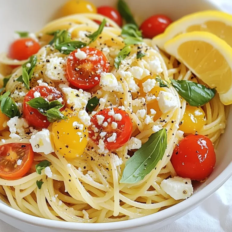 - 12 oz pasta (spaghetti or fettuccine) - 1 cup crumbled feta cheese - 2 large lemons (zest and juice) - 3 cloves garlic, minced - 1/4 cup olive oil - 1/2 tsp red pepper flakes - 1 cup cherry tomatoes, halved - 1/4 cup fresh basil, chopped - Salt and pepper to taste - Optional: Grated Parmesan for serving - Additional herbs (oregano, thyme) - Capers for a briny taste To make my Lemon Feta Pasta, I gather a few simple ingredients. The star is the pasta, which can be spaghetti or fettuccine. For creaminess and flavor, I use crumbled feta cheese. Two large lemons give a bright taste through both their zest and juice. Next, I add garlic, which adds warmth and depth. Olive oil helps bind everything together. Red pepper flakes add a bit of heat, but you can adjust this to your liking. Cherry tomatoes add a fresh, sweet note, while basil brings in herbal freshness. I also recommend using salt and pepper to taste. If you want an extra flavor boost, try adding some grated Parmesan on top. For more depth, you might include herbs like oregano or thyme. You can also add capers for a briny touch. These ingredients work together to create a tangy and flavorful dish you’ll love. {{ingredient_image_1}} To cook the pasta, start with a large pot of salted water. Bring it to a rolling boil. Add your pasta, either spaghetti or fettuccine. Cook according to the package instructions until it is al dente. This means it should be firm but not hard. Once done, save one cup of pasta water. Drain the pasta and set it aside. In the same pot, add the olive oil and heat it over medium heat. Next, add minced garlic and red pepper flakes. Sauté these for about one to two minutes. You want the garlic to be fragrant but not browned. This step adds a nice kick to your dish. Now, reduce the heat to low. Add the cooked pasta back into the pot. Next, mix in crumbled feta, lemon zest, and lemon juice. Toss everything well to combine. If the pasta seems too dry, gradually add the reserved pasta water. Do this until the pasta reaches your desired creaminess. Fold in the halved cherry tomatoes and chopped basil. Mix until everything is evenly combined. Lastly, taste your dish and season with salt and pepper. Remember, feta is salty, so adjust as needed. When serving, you can plate the pasta in a large bowl or on individual plates. For a beautiful touch, garnish with extra basil leaves and a lemon wedge. You can also drizzle a bit of olive oil on top. Enjoy your Lemon Feta Pasta Delight! To balance flavors with lemon and feta, use fresh ingredients. The zest adds brightness. It gives a punch of flavor without being too sour. Feta brings saltiness; this helps create a nice contrast. Start with less lemon juice, then add more as needed. This way, you can adjust the tang to your taste. Use red pepper flakes to customize spice levels. If you like heat, add more flakes. If you prefer mild, use just a pinch. Remember, you can always add more, but you can't take it out! Reserving pasta water is key. It helps to adjust the sauce’s creaminess. When you add it back to the pasta, it creates a silky texture. Start with a little and mix until you get the right feel. To cook pasta efficiently, use a large pot. Fill it with plenty of salted water. This keeps the pasta from sticking. Stir the pasta often while it cooks. This will ensure even cooking and prevent clumping. For serving, a large bowl works best. It shows off the pasta beautifully. You can also use individual plates for a fancier touch. Garnish with fresh basil and a lemon wedge. This adds color and a nice aroma. A drizzle of olive oil before serving gives it a rich look. Enjoy your vibrant Lemon Feta Pasta! Pro Tips Fresh Herbs Make a Difference: Always use fresh basil for this dish; it adds a vibrant flavor that dried herbs simply can't match. Perfect Pasta Cooking: Make sure to cook the pasta al dente. It will continue to cook slightly after draining, ensuring it maintains a perfect texture. Balance the Flavors: Keep in mind that feta cheese is salty, so taste your dish before adding extra salt. You may not need it! Customize Your Veggies: Feel free to add other vegetables like spinach or zucchini for added nutrition and flavor. Just sauté them briefly before adding to the pasta. {{image_2}} You can easily boost the protein in your Lemon Feta Pasta. Adding grilled chicken or shrimp gives it a nice touch. Simply grill your protein of choice, chop it up, and mix it in. This adds flavor and makes the dish heartier. If you want a vegetarian option, chickpeas work great too. They have a mild taste and a nice texture. Just drain and rinse a can of chickpeas, then toss them in with the pasta. For those looking for vegan options, you can swap feta cheese with vegan cheese. There are many brands available that melt well and mimic the taste of feta. This keeps the dish creamy and tangy without dairy. You can also switch pasta types. Zucchini noodles make a fresh and low-carb alternative. Use a spiralizer to create noodles and then mix them with the other ingredients. Using seasonal vegetables can enhance your dish. In spring, try adding fresh spinach or asparagus. They bring color and nutrients. Just sauté them briefly before mixing with the pasta. In summer, consider adding fresh tomatoes or bell peppers. Their sweetness pairs nicely with lemon and feta. For winter, roasted vegetables like squash or Brussels sprouts add warmth. Adapt your dish to suit the season for the best flavors. To keep your Lemon Feta Pasta fresh, store it in an airtight container. This helps lock in flavors and moisture. Place it in the fridge within two hours of cooking. The pasta will stay good for up to three days. When you reheat, use a skillet or microwave. If reheating in a skillet, add a splash of water or olive oil. This keeps the pasta from drying out. Stir gently to warm it through without losing texture. You can freeze Lemon Feta Pasta for later enjoyment. First, let it cool completely. Then, pack it into a freezer-safe container. Make sure to leave some space for expansion. The pasta can last up to three months in the freezer. When you're ready to eat, thaw it in the fridge overnight. For reheating, use a skillet over low heat. Add a little water or olive oil to help it heat evenly. This way, you’ll enjoy a tasty meal even after freezing! What can I use instead of feta cheese? You can use goat cheese or ricotta for a different taste. They offer creaminess and flavor without feta's saltiness. Can I make this recipe gluten-free? Yes, just swap regular pasta for gluten-free pasta. It tastes just as good and keeps the dish light. How long will the pasta keep in the fridge? Lemon feta pasta will last for about three to four days in the fridge. Store it in an airtight container to keep it fresh. Can I use a different type of pasta? Absolutely! You can use penne, rigatoni, or any pasta you like. Just cook it according to package instructions. What is the best way to zest a lemon? Use a microplane or a fine grater. This method gives you tiny zest pieces that add great lemon flavor to your pasta. How can I make the dish lower in calories? You can cut down on olive oil and feta. Use half the amount of cheese or add more veggies for bulk. What alternatives can I use for cherry tomatoes? Try using sun-dried tomatoes or diced bell peppers. Both add nice flavor and color to your dish. This blog gave you a clear recipe for making lemon feta pasta. From gathering ingredients to serving, every step is simple. You learned tips to enhance flavor and customize your dish. Remember, you can adapt it with proteins or seasonal veggies. Storing leftovers is easy, too. Enjoy creating your unique version of this dish! Your cooking can bring smiles and deliciousness to every meal.