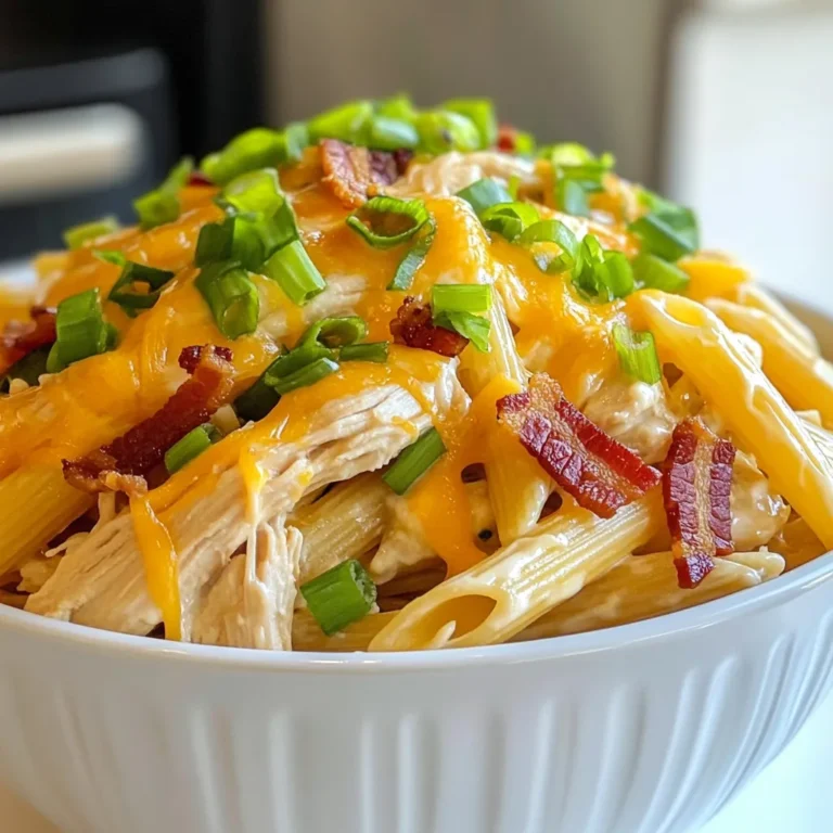 To make Crack Chicken Penne, you will need a mix of tasty and simple ingredients. Here’s what you will gather for this hearty meal: - 12 oz penne pasta - 1 lb boneless, skinless chicken breasts - 1 tablespoon olive oil - 1 packet ranch seasoning mix - 8 oz cream cheese, softened - 1 cup chicken broth - 1 cup shredded cheddar cheese - ½ cup green onions, sliced - 1 cup cooked and crumbled bacon (substitute with plant-based bacon if desired) - Salt and pepper to taste Each ingredient plays a key role in the dish. The penne pasta serves as a perfect base. The chicken breasts bring protein and heartiness. Olive oil helps to cook the chicken, while ranch seasoning adds that special flavor. Cream cheese makes the sauce rich and creamy. Chicken broth enhances the sauce, while cheddar cheese adds extra flavor and creaminess. Green onions give a fresh touch, and bacon adds a delightful crunch. Don’t forget salt and pepper to make everything taste just right. When you gather these ingredients, you set the stage for a meal that is not just filling but also full of flavor. {{ingredient_image_1}} - Start by boiling salted water in a large pot. - Once the water boils, add 12 oz of penne pasta. - Cook the penne until al dente, usually about 8-10 minutes. - Drain the pasta and set it aside for later. - Heat 1 tablespoon of olive oil in a large skillet over medium heat. - Season 1 lb of boneless, skinless chicken breasts with salt and pepper. - Cook the chicken for about 5-7 minutes on each side until fully cooked. - Once cooked, let the chicken rest for a few minutes, then shred it using two forks. - In the same skillet, combine 8 oz of softened cream cheese and 1 packet of ranch seasoning mix. - Stir until creamy and smooth. - Gradually add 1 cup of chicken broth while stirring to combine. - Heat until the sauce is warm and smooth, making sure not to boil. - Add the shredded chicken back into the skillet with the sauce. - Toss in the cooked penne pasta and stir until well coated in the sauce. - Mix in 1 cup of shredded cheddar cheese until melted and creamy. - Fold in 1 cup of cooked and crumbled bacon if you desire. - Top the dish with ½ cup of sliced green onions for a fresh taste. - Adjust seasoning with salt and pepper to your liking. - Serve the Crack Chicken Penne in attractive bowls, garnished with more cheese and green onions. To ensure the chicken is cooked through, use a meat thermometer. The chicken should reach 165°F inside. This will keep your dish safe and tasty. Always let the chicken rest before shredding. This keeps it juicy. For al dente pasta, cook the penne for about 1-2 minutes less than the package says. This means you will have a firm bite, which really enhances the dish. After draining, toss the pasta with a little olive oil. This prevents sticking. To boost flavor, try adding garlic powder or onion powder to the ranch mix. You can also stir in some fresh herbs like parsley or dill. This adds a fresh taste to your meal. If you want it spicier, add red pepper flakes or a dash of hot sauce. For a milder version, simply reduce the ranch mix. You can also use a cream cheese with herbs for a nice twist. For side dishes, a fresh salad pairs well. A simple green salad with a lemon vinaigrette is perfect. You can also serve Crack Chicken Penne with garlic bread or steamed vegetables. Garnish the dish with extra green onions or a sprinkle of more cheese. This makes it look nice and adds some crunch. Serve it in large bowls for a cozy meal feel. Pro Tips Cook Pasta Perfectly: Always cook your pasta al dente to maintain a nice texture that holds up when mixed with the sauce. Season Your Chicken: Don’t skip on seasoning the chicken before cooking; it enhances the overall flavor of the dish. Use Fresh Ingredients: Fresh green onions and quality cheddar cheese make a significant difference in taste and presentation. Adjust Consistency: If the sauce is too thick, add a bit more chicken broth until you reach your desired consistency. {{image_2}} If you want to make this dish plant-based, consider using plant-based bacon. It adds a smoky flavor without meat. Brands like tempeh bacon or coconut bacon work well. You can also use dairy-free cream cheese. Look for brands that taste rich and creamy. They blend well into sauces and keep the dish smooth. You can swap the chicken for turkey or tofu. Turkey gives a leaner taste, while tofu absorbs all the flavors. If you love seafood, shrimp is a tasty choice too. Just cook it until it turns pink. You can also add vegetables like spinach or bell peppers for extra nutrition and color. To change the flavor, try adding different spices or sauces. A sprinkle of paprika or garlic powder can enhance the taste. You can also mix in a bit of hot sauce for a kick. Using assorted cheeses is another fun idea. Blend cheddar with mozzarella or pepper jack for a creamy, zesty flavor. To store leftovers, cool the dish to room temp. Place it in an airtight container. This keeps the flavors fresh and prevents spills. Crack Chicken Penne lasts in the fridge for about 3 to 4 days. Make sure to label the container with the date. You can reheat Crack Chicken Penne in the microwave or on the stove. For the microwave, use a microwave-safe bowl. Heat in 30-second bursts, stirring in between. On the stove, add a splash of chicken broth in a skillet. Heat on low and stir until warm. To keep it creamy, avoid high heat and stir often. To freeze Crack Chicken Penne, let it cool completely. Place it in a freezer-safe bag or container. Squeeze out as much air as possible. It can stay frozen for up to 3 months. When ready to eat, thaw it overnight in the fridge. Reheat using the same methods mentioned above. Add a bit of broth if it seems dry after thawing. Yes, you can make Crack Chicken Penne ahead of time. To do this, prepare the dish fully and let it cool. Store it in an airtight container in the fridge. It will stay fresh for up to three days. When ready to eat, simply reheat it on the stove or in the microwave. Add a splash of chicken broth if the sauce seems thick. Absolutely! Crack Chicken Penne is great for meal prep. You can divide it into individual portions for easy lunches or dinners. Just store each portion in a sealed container. This makes it easy to grab and go. Plus, it tastes just as good reheated. Crack Chicken Penne pairs well with many sides. A simple green salad adds freshness. Garlic bread is a tasty option too. You might also enjoy steamed veggies for a healthy balance. Pair it with a light white wine or iced tea for drinks. Yes, you can easily make Crack Chicken Penne gluten-free. Use gluten-free penne pasta instead of regular pasta. Many brands offer good options. Just check the label to ensure it meets your needs. This way, everyone can enjoy this delicious meal! Crack Chicken Penne blends simple ingredients into a delicious meal. We covered each step, from cooking pasta to mixing in cheese and bacon. Remember to adjust flavors to fit your taste. You can easily customize this dish with substitutions or new proteins. Don’t forget the best practices for cooking and storage. Enjoy this comforting dish with friends or family, and feel free to experiment with your own twists. Cooking can be fun and creative, and Crack Chicken Penne is a great dish to try!