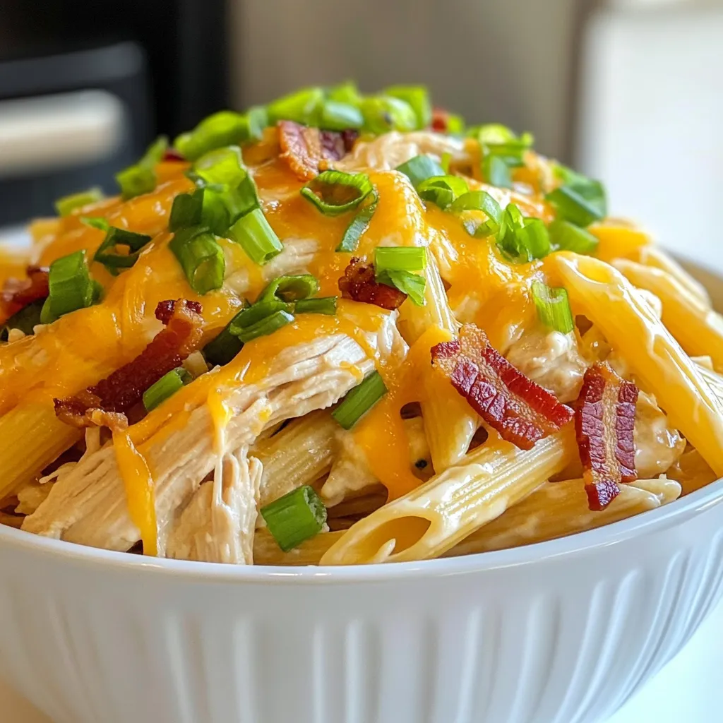 To make Crack Chicken Penne, you will need a mix of tasty and simple ingredients. Here’s what you will gather for this hearty meal: - 12 oz penne pasta - 1 lb boneless, skinless chicken breasts - 1 tablespoon olive oil - 1 packet ranch seasoning mix - 8 oz cream cheese, softened - 1 cup chicken broth - 1 cup shredded cheddar cheese - ½ cup green onions, sliced - 1 cup cooked and crumbled bacon (substitute with plant-based bacon if desired) - Salt and pepper to taste Each ingredient plays a key role in the dish. The penne pasta serves as a perfect base. The chicken breasts bring protein and heartiness. Olive oil helps to cook the chicken, while ranch seasoning adds that special flavor. Cream cheese makes the sauce rich and creamy. Chicken broth enhances the sauce, while cheddar cheese adds extra flavor and creaminess. Green onions give a fresh touch, and bacon adds a delightful crunch. Don’t forget salt and pepper to make everything taste just right. When you gather these ingredients, you set the stage for a meal that is not just filling but also full of flavor. {{ingredient_image_1}} - Start by boiling salted water in a large pot. - Once the water boils, add 12 oz of penne pasta. - Cook the penne until al dente, usually about 8-10 minutes. - Drain the pasta and set it aside for later. - Heat 1 tablespoon of olive oil in a large skillet over medium heat. - Season 1 lb of boneless, skinless chicken breasts with salt and pepper. - Cook the chicken for about 5-7 minutes on each side until fully cooked. - Once cooked, let the chicken rest for a few minutes, then shred it using two forks. - In the same skillet, combine 8 oz of softened cream cheese and 1 packet of ranch seasoning mix. - Stir until creamy and smooth. - Gradually add 1 cup of chicken broth while stirring to combine. - Heat until the sauce is warm and smooth, making sure not to boil. - Add the shredded chicken back into the skillet with the sauce. - Toss in the cooked penne pasta and stir until well coated in the sauce. - Mix in 1 cup of shredded cheddar cheese until melted and creamy. - Fold in 1 cup of cooked and crumbled bacon if you desire. - Top the dish with ½ cup of sliced green onions for a fresh taste. - Adjust seasoning with salt and pepper to your liking. - Serve the Crack Chicken Penne in attractive bowls, garnished with more cheese and green onions. To ensure the chicken is cooked through, use a meat thermometer. The chicken should reach 165°F inside. This will keep your dish safe and tasty. Always let the chicken rest before shredding. This keeps it juicy. For al dente pasta, cook the penne for about 1-2 minutes less than the package says. This means you will have a firm bite, which really enhances the dish. After draining, toss the pasta with a little olive oil. This prevents sticking. To boost flavor, try adding garlic powder or onion powder to the ranch mix. You can also stir in some fresh herbs like parsley or dill. This adds a fresh taste to your meal. If you want it spicier, add red pepper flakes or a dash of hot sauce. For a milder version, simply reduce the ranch mix. You can also use a cream cheese with herbs for a nice twist. For side dishes, a fresh salad pairs well. A simple green salad with a lemon vinaigrette is perfect. You can also serve Crack Chicken Penne with garlic bread or steamed vegetables. Garnish the dish with extra green onions or a sprinkle of more cheese. This makes it look nice and adds some crunch. Serve it in large bowls for a cozy meal feel. Pro Tips Cook Pasta Perfectly: Always cook your pasta al dente to maintain a nice texture that holds up when mixed with the sauce. Season Your Chicken: Don’t skip on seasoning the chicken before cooking; it enhances the overall flavor of the dish. Use Fresh Ingredients: Fresh green onions and quality cheddar cheese make a significant difference in taste and presentation. Adjust Consistency: If the sauce is too thick, add a bit more chicken broth until you reach your desired consistency. {{image_2}} If you want to make this dish plant-based, consider using plant-based bacon. It adds a smoky flavor without meat. Brands like tempeh bacon or coconut bacon work well. You can also use dairy-free cream cheese. Look for brands that taste rich and creamy. They blend well into sauces and keep the dish smooth. You can swap the chicken for turkey or tofu. Turkey gives a leaner taste, while tofu absorbs all the flavors. If you love seafood, shrimp is a tasty choice too. Just cook it until it turns pink. You can also add vegetables like spinach or bell peppers for extra nutrition and color. To change the flavor, try adding different spices or sauces. A sprinkle of paprika or garlic powder can enhance the taste. You can also mix in a bit of hot sauce for a kick. Using assorted cheeses is another fun idea. Blend cheddar with mozzarella or pepper jack for a creamy, zesty flavor. To store leftovers, cool the dish to room temp. Place it in an airtight container. This keeps the flavors fresh and prevents spills. Crack Chicken Penne lasts in the fridge for about 3 to 4 days. Make sure to label the container with the date. You can reheat Crack Chicken Penne in the microwave or on the stove. For the microwave, use a microwave-safe bowl. Heat in 30-second bursts, stirring in between. On the stove, add a splash of chicken broth in a skillet. Heat on low and stir until warm. To keep it creamy, avoid high heat and stir often. To freeze Crack Chicken Penne, let it cool completely. Place it in a freezer-safe bag or container. Squeeze out as much air as possible. It can stay frozen for up to 3 months. When ready to eat, thaw it overnight in the fridge. Reheat using the same methods mentioned above. Add a bit of broth if it seems dry after thawing. Yes, you can make Crack Chicken Penne ahead of time. To do this, prepare the dish fully and let it cool. Store it in an airtight container in the fridge. It will stay fresh for up to three days. When ready to eat, simply reheat it on the stove or in the microwave. Add a splash of chicken broth if the sauce seems thick. Absolutely! Crack Chicken Penne is great for meal prep. You can divide it into individual portions for easy lunches or dinners. Just store each portion in a sealed container. This makes it easy to grab and go. Plus, it tastes just as good reheated. Crack Chicken Penne pairs well with many sides. A simple green salad adds freshness. Garlic bread is a tasty option too. You might also enjoy steamed veggies for a healthy balance. Pair it with a light white wine or iced tea for drinks. Yes, you can easily make Crack Chicken Penne gluten-free. Use gluten-free penne pasta instead of regular pasta. Many brands offer good options. Just check the label to ensure it meets your needs. This way, everyone can enjoy this delicious meal! Crack Chicken Penne blends simple ingredients into a delicious meal. We covered each step, from cooking pasta to mixing in cheese and bacon. Remember to adjust flavors to fit your taste. You can easily customize this dish with substitutions or new proteins. Don’t forget the best practices for cooking and storage. Enjoy this comforting dish with friends or family, and feel free to experiment with your own twists. Cooking can be fun and creative, and Crack Chicken Penne is a great dish to try!