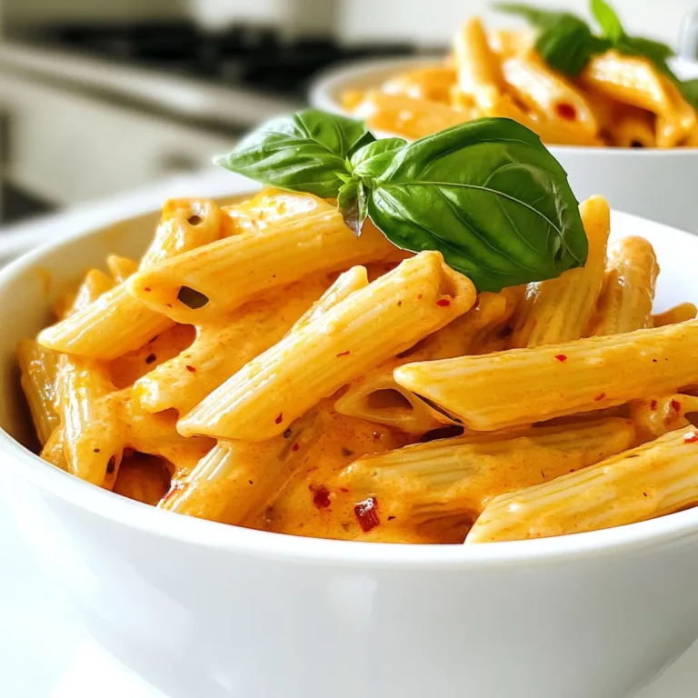 - 12 oz pasta (penne or fettuccine) - 2 large red bell peppers - 1 tablespoon olive oil - 3 cloves garlic, minced - 1 cup heavy cream (or coconut cream) - ½ cup grated Parmesan cheese (or nutritional yeast) - 1 teaspoon red pepper flakes - Salt and pepper to taste - Fresh basil leaves for garnish - Protein options (chicken, shrimp, etc.) - Gluten-free pasta alternatives - Additional herbs and spices For the creamy roasted red pepper pasta, we need a few key ingredients. First, choose your pasta. Penne or fettuccine works best. The red bell peppers give the dish its rich flavor. Roasting them brings out their sweetness. Olive oil adds a nice touch during cooking. Garlic enhances the taste wonderfully. Next, you have options for cream. Heavy cream gives a rich texture, but coconut cream is a great dairy-free choice. For added flavor, use grated Parmesan cheese or nutritional yeast if you prefer vegan. The red pepper flakes add a kick, so use them to taste. Season with salt and pepper to balance the flavors. To make this dish even better, think about adding protein. Chicken or shrimp can go well with this pasta. If you need gluten-free options, many pasta brands offer great alternatives. Finally, feel free to toss in extra herbs and spices to suit your taste. Enjoy the flexibility! {{ingredient_image_1}} - Preheat your oven to 450°F (230°C). - Cut the red bell peppers in half and remove the seeds. - Place them cut-side down on a baking sheet lined with parchment paper. - Roast in the oven for 25-30 minutes until the skin is charred and blistered. Roasting the peppers gives them a sweet and smoky flavor. Let them cool before peeling off the skin. This step is key for a smooth sauce. - Boil a large pot of salted water. - Cook the pasta until al dente according to package instructions. - Reserve 1 cup of pasta water before draining the pasta. The pasta should have a slight bite. This helps it hold up in the sauce. The reserved water helps adjust the sauce later. - Heat 1 tablespoon of olive oil in a large skillet over medium heat. - Add 3 cloves of minced garlic and sauté for about 1 minute. - Add the roasted red peppers and cook for 2 more minutes. - Pour in 1 cup of heavy cream and stir until combined. - Blend the mixture until smooth, then return it to the skillet. - Stir in ½ cup of grated Parmesan cheese, 1 teaspoon of red pepper flakes, salt, and pepper. - If the sauce is too thick, add reserved pasta water until you reach your desired consistency. The garlic adds depth to the sauce. Blending the peppers creates a velvety texture. Adjusting the consistency is important for the perfect coating. - Add the cooked pasta to the sauce, tossing until evenly coated. - Heat together for an additional 2-3 minutes to combine flavors. Tossing the pasta helps it soak up the sauce. This final step makes each bite full of flavor. Serve it hot, garnished with fresh basil for a burst of freshness. To make the sauce just right, aim for a smooth texture. Start by blending roasted peppers well. If the sauce is too thick, add reserved pasta water slowly. This helps create a perfect creamy sauce. You can also use other thickening agents. Try cornstarch mixed with water or pureed cashews. Both options can work well for thickening without losing flavor. Herbs and spices can elevate your dish. I recommend fresh basil, oregano, or thyme. These herbs add depth and freshness to the sauce. If you want more heat, adjust spice levels with red pepper flakes. Start with a small amount and taste as you go. This way, you can find the perfect balance for your taste. Garnishing adds an appealing finish. Fresh basil leaves work great. They add color and flavor. You can also sprinkle extra Parmesan cheese on top. For serving size, plan on about 1 to 1.5 cups per person. This ensures your guests enjoy a hearty meal. Serve it in a large bowl for a family-style feel. Pro Tips Choosing the Right Pasta: Opt for pasta shapes that hold sauce well, like penne or fettuccine, to enhance each bite of this creamy dish. Roasting Peppers: For an extra depth of flavor, roast the red peppers until they are well-charred, as this will enhance the sweetness and smokiness in the sauce. Adjusting Creaminess: Feel free to adjust the amount of cream or pasta water to achieve your preferred sauce consistency; a little liquid goes a long way in achieving the perfect creaminess. Herb Variations: Experiment with different herbs like oregano or thyme in addition to basil, to add layers of flavor to your creamy pasta dish. {{image_2}} To make this dish vegan, swap out the cream and cheese. Use coconut cream instead of heavy cream for a creamy texture. Nutritional yeast works great in place of Parmesan cheese. It adds a cheesy flavor without dairy. For a plant-based diet, ensure all ingredients are vegan. You can also add spinach or kale for extra nutrients. Adding protein can make this dish heartier. Chicken, shrimp, or tofu are great options. Cook chicken in bite-sized pieces until golden brown. Shrimp cooks quickly, just a few minutes per side. For tofu, press to remove water, then pan-fry until crispy. Adjust cooking times based on the protein you choose. You can use many pasta shapes for this recipe. Penne or fettuccine are classic choices, but you can try farfalle or rigatoni too. If you use a different shape, check the cooking time. Always cook until al dente for the best texture. To keep your creamy roasted red pepper pasta fresh, store it in the fridge. Place it in an airtight container. This helps it last for about 3-4 days. If you want to keep it longer, freezing is a good option. When you're ready to enjoy your pasta again, use the stovetop to reheat it. Place the pasta in a pan over medium heat. Add a splash of water or cream to keep it creamy. Stir it often to heat evenly. You can also use a microwave, but be sure to add some liquid to avoid dryness. Yes, you can freeze this pasta! Make sure it cools completely before you freeze it. Use a freezer-safe container or a zip-top bag. It can last up to 2 months in the freezer. To thaw, move it to the fridge overnight. Reheat in a pan with a bit of liquid for the best results. Yes, you can easily make this pasta dish gluten-free. Use gluten-free pasta options like corn, brown rice, or chickpea pasta. These will cook well and still taste great. Just follow the package instructions for cooking time. You can use coconut cream for a dairy-free option. It provides a nice creamy texture. Other options include cashew cream or almond milk mixed with a bit of cornstarch. These alternatives will keep your sauce thick and tasty. Yes, you can prep this dish ahead of time. Cook the pasta and store it separately from the sauce. You can also roast the peppers and make the sauce in advance. Keep everything in airtight containers in the fridge for up to three days. The dish can vary in spice based on red pepper flakes. Start with a teaspoon, then taste it. You can always add more if you want more heat. If you prefer less spice, skip the flakes or use just a pinch. This blog post covered how to make a creamy pasta dish. We explored essential ingredients, step-by-step cooking methods, and useful tips. You learned how to customize it by adding proteins or making it vegan. Storing leftovers and reheating safely were also discussed. Now, you have the tools to create a delicious meal that suits your taste. Enjoy cooking and impressing your family and friends with this creamy pasta recipe!